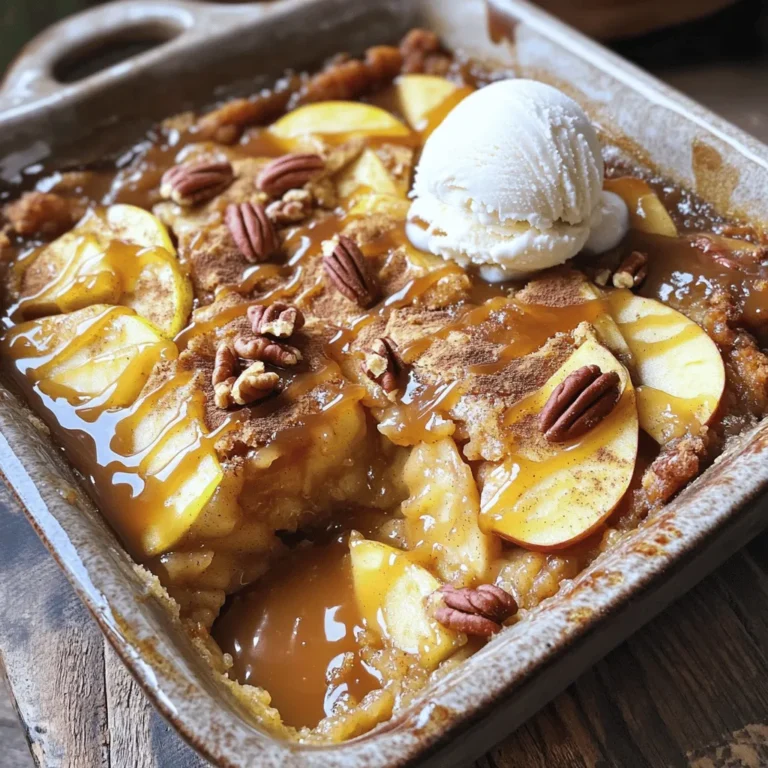 To make the Warm Caramel Apple Dump Cake, gather the following ingredients: - 4 cups sliced apples (Granny Smith or Honeycrisp) - 1 cup brown sugar - 1 teaspoon ground cinnamon - 1/2 teaspoon vanilla extract - 1 box (15.25 oz) yellow cake mix - 1 cup unsalted butter, melted - 1 cup caramel sauce (store-bought or homemade) - 1 cup chopped pecans (optional) - Whipped cream or vanilla ice cream for serving (optional) Choosing the right apples is key. Granny Smith apples add tartness, while Honeycrisp apples bring sweetness. Both work well in this dessert. The brown sugar and cinnamon create a warm and cozy flavor. The vanilla extract adds depth and rounds out the sweetness. The yellow cake mix acts as the base for this dessert. It creates a soft and fluffy layer. Melting the unsalted butter helps it blend well with the cake mix. This step is simple but essential for the right texture. Caramel sauce is what makes this dessert truly special. You can use store-bought or make your own. If you love pecans, add them for crunch. They add a nice texture contrast to the soft cake. Lastly, topping your warm dump cake with whipped cream or vanilla ice cream takes it to the next level. The cold cream melts into the warm cake. It's pure bliss. - Preheat your oven to 350°F (175°C). - Lightly grease a 9x13 inch baking dish. - In a large bowl, mix together the sliced apples, brown sugar, ground cinnamon, and vanilla extract. Toss until the apples are well coated. Spread this apple mixture evenly in the baking dish. - Next, sprinkle the yellow cake mix evenly over the apples. This will form a great crust. - Drizzle the melted butter over the cake mix. Do not stir; let the butter seep through. - Pour the caramel sauce over the mixture. Let it flow into the crevices. If you want, sprinkle the chopped pecans on top for a nice crunch. - Bake the cake in the preheated oven for 40-45 minutes. Check for a golden brown top and bubbly edges. - After baking, let the cake sit for about 10 minutes before serving. This helps it set slightly. - Suggestions for additional spices: Try adding nutmeg or allspice for warmth. A pinch of ginger can add a nice kick, too. - Alternative sweeteners: If you want less sugar, use maple syrup or honey. These add a unique flavor and keep the dessert sweet. - Ensuring even baking: Spread the apples in a single layer. This helps them cook evenly. Make sure the cake mix covers the apples fully. - Avoiding soggy bottoms: Do not stir the butter into the cake mix. Let it sit on top. This keeps the bottom crisp and delicious. - Best accompaniments for serving: Serve warm with vanilla ice cream or whipped cream. A drizzle of caramel sauce adds more flavor. - Presentation tips for dessert table: Use a beautiful dish for serving. Sprinkle some chopped pecans on top for a nice look and crunch. {{image_2}} You can change your Warm Caramel Apple Dump Cake based on the season. In fall, add spices. Try nutmeg or allspice for warmth. These spices mix well with the apples. They give the cake a cozy taste that matches the season. For summer, switch the apples for berries. Strawberries, blueberries, or peaches work great. Their sweet juices add a fresh twist. You can also mix in some lemon zest for a bright flavor. If you need a gluten-free option, look for gluten-free cake mix. Many brands offer tasty mixes that fit well. You can also swap regular butter for a dairy-free version. Use coconut oil or a vegan butter alternative. This keeps the cake rich and moist without dairy. Feel free to play with the fruit in this recipe. Pears, peaches, or even cherries can replace the apples. Each fruit brings a new taste and texture. If you want crunch, try different nuts. Walnuts or almonds can add a nice twist. You can also skip the nuts if you prefer a nut-free dessert. Just remember, the key is to have fun and experiment with your favorite flavors! To keep your warm caramel apple dump cake fresh, store it in the fridge. Place it in an airtight container. This will help keep the flavors intact. If you have a lot left, you can freeze it too. Just make sure to wrap it well in plastic wrap before putting it in a freezer-safe bag. When you're ready to enjoy it again, let it thaw in the fridge overnight. In the fridge, your dump cake lasts about 3 to 4 days. If you freeze it, it can stay good for about 3 months. Always check for signs of spoilage. Look for any off smells or changes in texture. If it seems dry or hard, it’s best to toss it. To reheat, the oven is best. Preheat it to 350°F (175°C). Place the cake in a baking dish and cover it with foil. Heat for about 15 to 20 minutes. This keeps it moist. You can also use the microwave for a quick fix. Heat it in short bursts, about 30 seconds at a time, and check often. Enjoy it warm and gooey! For a great dump cake, I recommend using apples that balance sweet and tart. Granny Smith apples are tart and hold their shape well. Honeycrisp apples are sweet and crunchy, adding a nice flavor. You can even mix both types for depth. Try to avoid mushy apples like Red Delicious. Their texture won't hold up in baking. Yes, you can prep this recipe ahead of time! Slice the apples and mix them with brown sugar, cinnamon, and vanilla. Store this mixture in the fridge for up to a day. You can prepare the cake mix and butter separately too. Just layer it together and bake when you're ready to serve. This makes it easy for gatherings or busy nights. You can make this dump cake even more fun! Add spices like nutmeg or ginger for warmth. You can also mix in dried fruits such as cranberries or raisins for a surprise. Want a crunch? Try adding walnuts or almonds to the top. For a twist, consider using flavored cake mixes like caramel or spice cake. Each change can create a new and exciting dessert! This blog post covered a delicious apple dump cake recipe. We explored the key ingredients and step-by-step instructions for perfect preparation. I shared valuable tips for enhancing flavor and baking successfully. We also discussed fun variations and how to store leftovers. Experimenting with recipes can lead to tasty surprises. Enjoy making this dessert and sharing it with others. Trust me, you’ll love every bite!