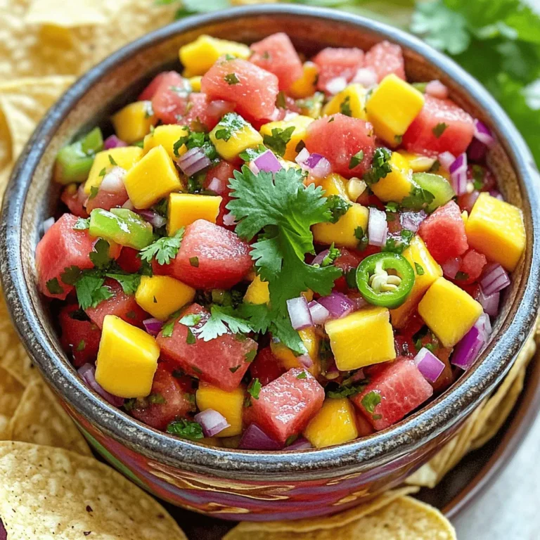 - Watermelon: 2 cups, diced - Mango: 1 cup, diced - Red Onion: 1/2 cup, finely chopped - Bell Pepper: 1/2 cup, diced (red or yellow) - Jalapeño: 1, seeded and minced (optional) - Fresh Cilantro: 1/4 cup, chopped - Lime Juice: Juice of 2 limes - Salt: to taste - Tortilla Chips: for serving - Additional Cilantro: for garnish When making watermelon fruit salsa, fresh ingredients shine. You want ripe, sweet watermelon and mango. This gives the salsa its juicy base. The red onion and bell pepper add crunch and color. They make the salsa look good and taste bright. The jalapeño gives a kick. If you like spice, use it. If not, leave it out. Cilantro adds a fresh taste. Lime juice brightens all the flavors. A sprinkle of salt rounds it out. It is simple but full of flavor. For serving, tortilla chips make a great match. They add crunch. You can also top grilled meats or tacos with this salsa for a fun twist. Enjoy this fresh and tasty dish at your next gathering! - Preparing Your Ingredients: Start by dicing 2 cups of fresh watermelon and 1 cup of mango. Cut them into small, even cubes. This helps with presentation and makes it easy to scoop up. - Chopping Vegetables: Next, finely chop 1/2 cup of red onion and dice 1/2 cup of bell pepper. You can use red or yellow bell pepper for a bright touch. - Combining Ingredients in a Bowl: In a large mixing bowl, add the diced watermelon, mango, red onion, and bell pepper. Mix these colorful ingredients together gently. - Adding and Adjusting Spice Level: If you like a little heat, add 1 minced jalapeño, which you should seed first. Start with a small amount. You can always add more later if you want it spicier. - Tossing Ingredients Together: Now, add 1/4 cup of chopped cilantro to the bowl. Squeeze in the juice of 2 limes. Gently toss all the ingredients together with a spatula. Be careful not to crush the watermelon. - Seasoning Your Salsa with Salt: Finally, season your salsa with a pinch of salt. This helps to enhance all the flavors. Mix it carefully one more time. Cover the bowl with plastic wrap and let it sit in the fridge for at least 30 minutes. This chilling time lets the flavors blend beautifully. The best way to serve watermelon fruit salsa is chilled. It tastes fresh and bright. Use colorful bowls to add fun to your table. You can also serve it in small cups for easy sharing. Pair this salsa with tortilla chips for a crunchy snack. It also works well on top of grilled chicken or fish. The sweet and spicy mix adds a great touch to any dish. To achieve balanced flavors, use fresh ingredients. Fresh watermelon and mango give a sweet taste. The lime juice and cilantro add brightness. If you like a spicy kick, add jalapeño but start small. Chilling the salsa is key. Let it marinate for at least 30 minutes. This time lets all the flavors combine and grow stronger. You will notice a big difference in taste! For visual appeal, serve the salsa in bright bowls. A fun, colorful bowl makes the dish pop. It also invites people to dig in. Garnish with cilantro leaves on top. This adds a nice touch and looks pretty. You can also sprinkle a bit of lime zest for extra flair. These little details make your dish stand out! {{image_2}} You can mix up your watermelon fruit salsa by using other fruits. Try using pineapple or kiwi instead of mango. Pineapple adds a sweet and tangy taste. Kiwi brings a vibrant color and a unique flavor. Both fruits create a fresh twist to the salsa. Another great idea is to add strawberries. Dice them up and mix them in. Their sweetness gives the salsa a fun flavor. Strawberries also add a pop of red, making the dish even more appealing. You can control the heat in your salsa by adjusting the jalapeño. If you like it mild, skip the jalapeño altogether. If you enjoy spice, add one or two minced jalapeños. Remember to remove the seeds for less heat. You can also try using other peppers. Bell peppers are sweet and mild. Serrano peppers offer more heat than jalapeños. Each type will give your salsa a different kick. This salsa is easy to modify for different diets. To make it vegan, ensure all ingredients are plant-based. Luckily, this recipe is naturally vegan! For gluten-free options, there’s no gluten in the main ingredients. Just check any chips or extras you serve with it. If you need low-sodium options, reduce the salt. You can also use fresh lime juice for a brighter taste. This keeps your salsa flavorful without the extra sodium. To keep your watermelon fruit salsa fresh, store it in the fridge. Place it in a tight container to stop air from getting in. This helps keep the flavors bright. It is best to eat it within three days. After that, it might lose its taste and crunch. When you store leftovers, make sure to keep the salsa cold. A good rule is to put it in the fridge within two hours of making it. Always check for any signs of spoilage before using it. If it smells off or looks strange, it's best to toss it. Can you freeze salsa? Yes, you can! But keep in mind that the texture changes when frozen. Freezing might make the fruit mushy. If you want to freeze it, use a freezer-safe container. Leave some space at the top for expansion. When you're ready to use it, thaw the salsa in the fridge overnight. This will help keep some of the flavor. Avoid thawing it in the microwave, as this can make it watery. Use the thawed salsa within a week for the best taste. Got leftover salsa? No problem! You can use it in many ways. Try adding it to grilled chicken or fish for a fresh twist. It also makes a great topping for tacos or burritos. Another fun idea is to mix it into yogurt or cottage cheese for a sweet dip. You can even blend it into smoothies for a fruity kick. The options are endless! Just be creative and enjoy your salsa in different dishes. Watermelon fruit salsa lasts about 3 to 5 days in the fridge. To keep it fresh, store it in an airtight container. Make sure the lid is tight. If you notice any signs of spoilage, like off smells or changes in color, toss it out. The best taste comes from fresh salsa, so enjoy it soon! Yes, you can make watermelon fruit salsa ahead of time! To keep it fresh, prepare it up to 24 hours in advance. Just wait to add the lime juice until right before serving. This helps keep the watermelon crisp and bright. Chill it in the fridge to allow the flavors to blend nicely. You can serve watermelon fruit salsa with many things! It pairs well with tortilla chips for a crunchy snack. Try it on grilled chicken or fish for a bright flavor boost. You can also add it to tacos for a fresh twist. Get creative and enjoy this versatile salsa with your favorite dishes! In this post, we covered how to make Watermelon Fruit Salsa, from the key ingredients to serving suggestions. You learned about the main fruits, seasonings, and creative ideas to enhance flavor and presentation. I hope you feel inspired to try different variations and store leftovers wisely. Watermelon Fruit Salsa is fresh, fun, and easy to make. Enjoy sharing it at your next gathering!