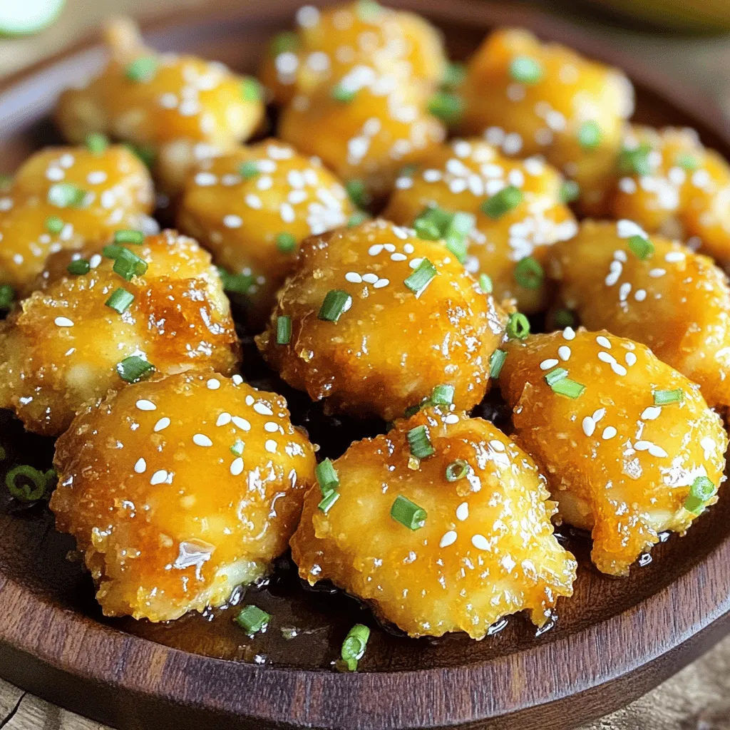 - 1 lb boneless chicken thighs - 1 cup cornstarch - 1/2 cup all-purpose flour - 2 eggs - 1/4 cup vegetable oil - 1 teaspoon garlic powder - 1 tablespoon grated ginger - 1/2 cup orange juice - 1/4 cup honey - 2 tablespoons soy sauce - 1 tablespoon rice vinegar - 1/2 teaspoon crushed red pepper flakes - 1 tablespoon sesame oil - 2 tablespoons sesame seeds - 2 green onions The main ingredients for this dish focus on chicken thighs, which are juicy and perfect for frying. Cornstarch and flour create a crispy coating. You will also need eggs to bind everything together. For flavor, garlic powder and ginger bring warmth and aroma. The sauce gets its sweetness from honey and a bright taste from orange juice. Soy sauce adds depth, while rice vinegar balances the flavors. Crushed red pepper adds a kick, and sesame oil gives a nutty finish. To garnish, you will need sesame seeds and green onions. They not only look nice but also add texture and flavor. This mix of ingredients makes a delicious orange chicken that tastes just like the restaurant version. First, you need to season the chicken. In a bowl, mix the chicken pieces with garlic powder and ginger. This adds great flavor. Let this sit for 15 minutes to marinate. This step is key for tasty chicken. Next, set up your breading stations. Use three bowls: one for cornstarch, one for beaten eggs, and one for flour. Start with the chicken pieces. Dredge each piece in flour, then dip it in the egg, and finally coat it with cornstarch. This technique helps make the chicken crispy. Now it's time to cook the chicken. Heat vegetable oil in a large skillet over medium-high heat. Once hot, add the breaded chicken in batches. Fry each piece for about 3-4 minutes on each side. You want them golden brown and crispy. After frying, place the chicken on a plate lined with paper towels. This drains excess oil. For the sauce, combine orange juice, honey, soy sauce, rice vinegar, crushed red pepper flakes, and sesame oil in a saucepan. Heat this mixture over medium heat. Stir occasionally and cook for about 5 minutes. You want it to thicken slightly. Once the sauce is ready, add the crispy chicken into the pan. Toss the chicken with the sauce to coat it evenly. Cook for an extra 2 minutes. This allows the flavors to mix well. To finish, sprinkle sesame seeds over the chicken. Also, garnish with chopped green onions. This adds a nice touch and extra flavor. Enjoy your dish! To get that perfect crunch, marinate the chicken first. I like to use garlic powder and fresh ginger for flavor. Let the chicken sit for 15 minutes. This step makes a big difference. When breading, use a three-bowl setup. Use cornstarch, beaten eggs, and flour. Dredge each piece in flour first, then egg, and finally coat with cornstarch. This method ensures a crispy crust. For frying, heat vegetable oil to medium-high. The right temperature is key. If it’s too cool, the chicken will turn soggy. Fry the chicken for about 3-4 minutes on each side until golden brown. If you love heat, add red pepper flakes to the sauce. Start with half a teaspoon. You can add more if you want it spicier. Adjust to your taste. Always use fresh ingredients when you can. Fresh ginger and orange juice will give the best flavor. If you must, you can use substitutes like dried ginger or bottled juice, but fresh is better. Serving style matters! I love to serve this chicken over white rice or with steamed veggies. It looks great and tastes even better. For a pop of color, garnish with chopped green onions and sesame seeds. This small touch adds visual appeal. A beautiful dish makes the meal more special. {{image_2}} You can switch up the protein in this recipe. Chicken thighs work well, but chicken breasts are a leaner choice. If you prefer seafood, shrimp adds a nice touch. For a plant-based option, tofu is a great substitute. Just press the tofu to remove extra water before cooking. Each protein brings its own flavor and texture, making the dish unique. Want to change the sauce? You can add more citrus flavors. Try adding lemon or lime juice for a fresh zing. If you like it sweeter, add more honey. To lower the sodium, use low-sodium soy sauce. This way, you can enjoy the taste without the extra salt. If you are gluten-free, use alternative flours like rice flour or almond flour for breading. This keeps the crunch while being safe for your diet. For a vegan version, replace the chicken with tofu and use maple syrup instead of honey. This keeps all the flavors while fitting different diets perfectly. To keep your orange chicken fresh, place it in the fridge. Use an airtight container for storage. This will help prevent moisture loss and keep flavors intact. When you store it, let it cool down to room temperature first. This prevents steam, which can make the chicken soggy. If you want to save your orange chicken for later, freezing is a great option. To freeze, place the cooled chicken in a freezer-safe bag. Remove as much air as you can. This helps avoid freezer burn. When you’re ready to eat it, thaw it overnight in the fridge. For reheating, bake it in the oven at 350°F for about 15-20 minutes. This keeps it crispy and tasty. In the fridge, your orange chicken lasts about 3 to 4 days. If you freeze it, it can stay good for up to 3 months. Always check for any bad smells or changes in texture before eating. You can adjust the honey levels in the sauce. Start by using less honey. Try using 2 tablespoons instead of 1/4 cup. You can also add more soy sauce or vinegar. These will balance the sweetness and add flavor. Yes, you can use different oils for frying. Good options include canola oil, peanut oil, or sunflower oil. These oils have high smoke points and work well for frying. They also have a neutral taste that won't overpower your dish. Absolutely! You can add more crushed red pepper flakes to the sauce. Start with an extra 1/4 teaspoon and taste as you go. You can also add sriracha or chili paste for more heat. Mix these in with the sauce while it simmers. I recommend serving this dish with steamed rice or fried rice. Broccoli or snap peas make great sides, too. You can also try it with a simple salad. These sides complement the sweet and tangy flavors of the chicken. Yes, you can bake or air-fry the chicken instead of frying. For baking, preheat the oven to 400°F (200°C). Place the breaded chicken on a lined baking sheet. Bake for about 20-25 minutes until golden and crispy. For air-frying, cook at 375°F (190°C) for 10-15 minutes. You can find the full recipe with detailed instructions in the recipe section above. It includes all the steps you need to make this delicious dish. This blog post covered the key steps to make delicious orange chicken at home. You learned about the main ingredients, how to prepare and cook the chicken, and the best way to make a tasty sauce. We also discussed tips for crispiness and various recipe variations. Cooking this dish brings joy and flavor to your table. With simple steps, you can impress family and friends. Enjoy your tasty creation!