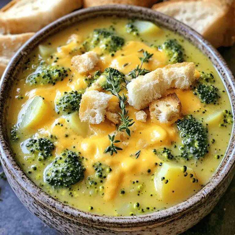 - 2 cups broccoli florets - 3 medium-sized potatoes, peeled and diced - 1 cup sharp cheddar cheese, grated - 1 medium onion, chopped - 2 cloves garlic, minced - 4 cups vegetable broth - 1 cup milk (or a non-dairy alternative) - 1 tablespoon olive oil - 1 teaspoon thyme - Salt and pepper to taste - Optional: Croutons and extra cheese for garnish Gathering the right ingredients makes all the difference. Fresh broccoli florets add color and crunch. I like using medium-sized potatoes because they blend well. Sharp cheddar cheese brings that rich, creamy taste. A chopped onion and minced garlic are essential for a savory base. Vegetable broth gives the soup depth. You can use milk or a non-dairy option based on your needs. Olive oil helps sauté the onion and garlic perfectly. Thyme adds a hint of earthiness. Don't forget salt and pepper; they enhance all the flavors. For garnish, croutons and extra cheese are optional but highly recommended. They make the soup look beautiful and add texture. Make sure you have everything ready before you start cooking! Start by heating the olive oil in a large pot over medium heat. Once the oil is hot, add the chopped onion and minced garlic. Sauté them until they are soft and clear, about five minutes. This will give your soup a rich base. Next, add the diced potatoes to the pot. Stir them in to mix the flavors together. Now, pour in the vegetable broth. Bring the mixture to a boil. Once it boils, reduce the heat. Let it simmer for about 15 to 20 minutes. You want the potatoes to be fork-tender. Check them with a fork; they should break apart easily. After the potatoes are tender, stir in the broccoli florets and thyme. Cook for an extra five to seven minutes until the broccoli turns bright green and is tender. Now, it’s time to blend the soup. Use an immersion blender for a smooth texture. If you like it chunkier, blend just half. Once blended, pour in the milk. Stir well to combine. Gradually add the grated cheddar cheese. Stir continuously as it melts into the soup. Taste it and season with salt and pepper. If you want, add a pinch of nutmeg or smoked paprika for extra flavor. Let it simmer for another three to five minutes. To make your soup even better, consider adjusting the seasoning. Salt and pepper enhance the taste. Start with a little, then add more if needed. If you want a unique twist, add a pinch of nutmeg or smoked paprika. Nutmeg adds warmth, while smoked paprika brings a bit of smokiness. These spices can elevate the soup from simple to extraordinary. When it comes to blending the soup, I recommend using an immersion blender. It’s quick and easy. You can blend right in the pot without making a mess. If you prefer a traditional blender, be careful. Blend in small batches to avoid spills. The simmering time is key to developing flavors. You should simmer the soup for at least 15-20 minutes. This allows the potatoes to become fork-tender and lets the flavors meld together. Don’t rush this step; good flavors take time. Enjoy experimenting with these tips to find your perfect bowl of broccoli cheddar potato soup! {{image_2}} You can easily adjust this soup to fit your taste. If you prefer non-dairy options, try non-dairy cheese. Brands like Daiya or Violife melt nicely. They give you the same creamy texture without dairy. You can also switch up the vegetables. If you like carrots, add a cup of diced carrots. Cauliflower works well too. Just remember to keep the ratios similar to the original recipe. Want to spice up your soup? Try adding a pinch of cayenne pepper or paprika. These spices add warmth and depth to the flavor. Using chicken broth instead of vegetable broth can enhance the taste. The chicken broth gives a richer flavor that many enjoy. If you want a stronger taste, use homemade broth for the best results. You can keep the soup in the fridge for about three to four days. Make sure to store it in an airtight container. This helps to keep it fresh and tasty. When you're ready to enjoy it, just reheat the soup on the stove or in the microwave. To freeze the soup, let it cool completely first. Pour it into a freezer-safe container. Leave some space at the top, as the soup will expand when frozen. It stays good for about three months in the freezer. When you're ready to eat, move it to the fridge overnight to thaw. Reheat it on the stove over low heat, stirring often. This keeps the texture nice and creamy. If it seems thick, add a little water or broth to loosen it up. Enjoy your comforting bowl of broccoli cheddar potato soup! Yes, you can make this soup gluten-free. Ensure that your vegetable broth is gluten-free. Most store-bought broth is safe, but always check the label. Avoid adding any flour or gluten-based thickeners. The potatoes and cheese will give the soup its creamy texture. To make this soup vegan, swap out the dairy products. Use a non-dairy milk like almond or oat milk. Replace the sharp cheddar cheese with a vegan cheese option. There are many good brands available. This keeps the soup creamy while making it plant-based. You can definitely add meat to this soup. Cook diced chicken or sausage in the pot before adding the onion and garlic. This adds extra flavor to the soup. Just remember to adjust the cooking time to ensure the meat is fully cooked. Enjoy your hearty version! This soup combines simple ingredients for rich flavor. You learned how to create a creamy blend of broccoli and cheese in just a few steps. Tips about seasoning and cooking techniques also help you make it great. Variations allow you to adjust the recipe to your taste. Remember to store leftovers properly for another meal. Enjoy making this tasty soup in your kitchen. It's a warm dish that brings comfort and joy. Try it with your favorite garnishes for extra flair.