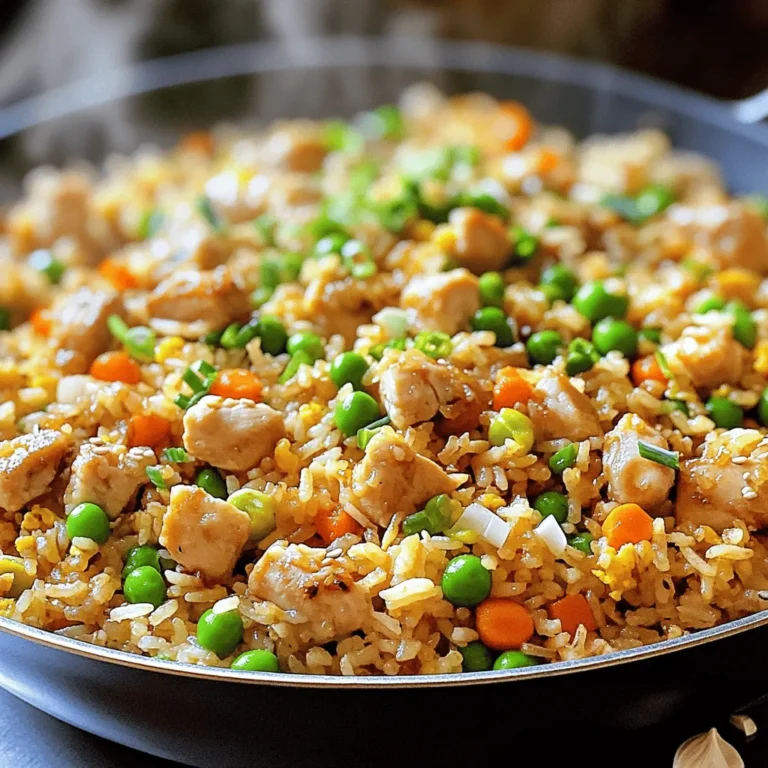 - 2 cups cooked jasmine rice (preferably day-old) - 1 cup chicken breast, diced into small cubes - 4 cloves garlic, minced - 2 eggs, lightly beaten - 1 cup peas and carrots mix - 3 tablespoons soy sauce - 1 tablespoon oyster sauce (optional) - 1 teaspoon sesame oil - 1 teaspoon ground black pepper - Salt to taste - 2 tablespoons vegetable oil for frying - 3 green onions, chopped (whites and greens separated) You need these simple ingredients for a tasty dish. Day-old jasmine rice works best. It keeps the rice from getting mushy. Diced chicken adds protein and flavor. Garlic brings a strong taste. Eggs give the dish richness. Peas and carrots add color and nutrients. For flavor, soy sauce is a must. It adds depth and seasoning. Oyster sauce is optional but gives a nice sweetness. Sesame oil adds a nutty aroma. Ground black pepper and salt round out the taste. You’ll want vegetable oil for frying. It helps achieve that crispy texture. Green onions make a great garnish for a fresh touch. Keep these ingredients ready, and you’ll create a delicious meal! First, heat 1 tablespoon of vegetable oil in a large skillet over medium-high heat. Add the diced chicken breast. Season it well with salt and ground black pepper. Cook the chicken for about 5-7 minutes. Look for a golden brown color and make sure it’s cooked through. Once done, remove the chicken from the skillet and set it aside. This step adds great flavor to your fried rice. Next, add another tablespoon of vegetable oil into the same skillet. Toss in the minced garlic and sauté for about 30 seconds. Garlic is key; it brings a rich flavor to the dish. After that, pour in the lightly beaten eggs. Scramble them until they are fully cooked. Mix the eggs with the garlic. This step makes the fried rice creamy and delicious. Now, add the peas and carrots mix to the skillet. Stir-fry for 2-3 minutes until the veggies are tender. They should be bright and colorful. Next, add the cooked jasmine rice. Break up any clumps as you stir-fry it with the vegetable mix for about 3-4 minutes. This ensures the rice heats through and absorbs those tasty flavors. Return the cooked chicken back to the skillet. Pour in the soy sauce and oyster sauce if you are using it. Drizzle with sesame oil for a nutty flavor. Stir everything together well. Ensure the rice is evenly coated with the sauces. Finally, add the chopped green onion whites. Mix it all together. Taste your fried rice and adjust the seasoning if needed. Add more salt or soy sauce if you like. Serve hot and garnish with the green onion greens. Enjoy your crispy garlic chicken fried rice! Using day-old rice is key. Fresh rice holds too much moisture. This makes your fried rice mushy. Day-old rice is drier and creates the perfect base. For a crispy texture, use a hot skillet. Heat your oil before adding any ingredients. Stir-fry the rice in small batches. This helps it fry evenly. Make sure to break up clumps while cooking. You can add more flavor with simple spices. Try adding ginger for a warm kick. A dash of chili flakes gives it a nice heat. Garnishes can elevate your dish. Fresh herbs like cilantro or basil add brightness. Slices of lime or lemon can add a zesty finish. A sprinkle of sesame seeds adds crunch. Crispy garlic chicken fried rice pairs well with many dishes. Serve it alongside a light salad for balance. Grilled vegetables or spring rolls also make great sides. For presentation, use a large plate. Pile the rice high in the center. Garnish with green onion greens on top. This makes your meal look vibrant and inviting. {{image_2}} You can change the protein in this dish. Try using tofu for a vegan option. Shrimp also works great and adds a nice flavor. For veggies, swap peas and carrots with bell peppers or broccoli. Zucchini or snap peas can add a fresh twist, too. Mix and match to fit your taste! Want a gluten-free meal? Just use tamari instead of soy sauce. This keeps the same rich taste without gluten. For low-carb options, replace rice with cauliflower rice. It gives a similar texture without the carbs. You can still enjoy all the flavors. If you want a restaurant-style dish, add a splash of rice wine vinegar. This gives a nice tangy flavor. Consider adding some spices from other cuisines. A bit of curry powder can add warmth. Or try a dash of chili oil for heat. These small changes can make your dish stand out! To keep leftover crispy garlic chicken fried rice fresh, store it in the fridge. Use airtight containers to prevent moisture loss. Make sure to cool the rice to room temperature before sealing it. This helps reduce bacteria growth. Leftover fried rice stays good for up to three days when stored properly. When you're ready to enjoy your fried rice again, use the stove or microwave. For the stove, heat a pan over medium heat and add a splash of water. This steam helps keep the rice from drying out. Stir frequently until heated through. To avoid soggy rice, don’t add too much water. If using a microwave, place the rice in a microwave-safe dish. Cover it with a damp paper towel to add moisture. Heat for one to two minutes, stirring halfway. Freezing fried rice is easy. First, cool it completely before packing it. Use freezer-safe containers or bags, removing as much air as possible. Label the bags with the date. Fried rice can last for up to three months in the freezer. When you're ready to eat it, transfer the frozen rice to the fridge overnight to thaw. For reheating, use the stovetop method for the best texture. Just remember to add a little water to keep it moist. You can store leftover fried rice for about 3-4 days. Make sure to keep it in an airtight container. This helps keep it fresh and safe to eat. When storing, let it cool before sealing. Always check for any off smells or textures before enjoying leftovers. Yes, you can use white rice. However, jasmine rice adds a nice aroma and flavor. It also has a slightly sticky texture. This helps the rice clump together, making it easier to stir-fry. If you use white rice, aim for short-grain rice for better results. To spice up your fried rice, consider adding chopped fresh chili peppers. You can also use chili flakes or hot sauce. For a different kick, try sriracha or a dash of cayenne pepper. Adjust the amount based on your heat preference. To make this dish vegetarian, swap the chicken with tofu or tempeh. Use firm tofu for the best texture. You can also add more vegetables like bell peppers and broccoli. Replace the oyster sauce with mushroom sauce for a similar umami taste. This post covered how to make crispy garlic chicken fried rice. You learned about key ingredients, step-by-step cooking tips, and variations to try. I shared ways to enhance flavor and ideal storage methods. Experiment with different proteins and veggies to make this dish your own. Enjoy this great meal with friends and family, and don't forget the garnish. Making fried rice can be fun and rewarding! Happy cooking!