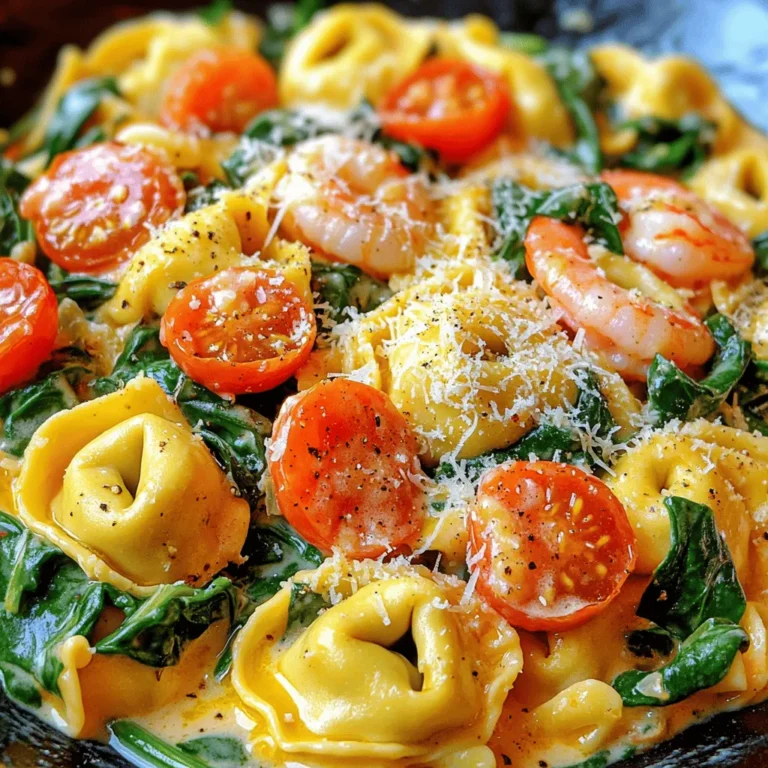 - 12 oz cheese tortellini - 1 lb shrimp, peeled and deveined - 2 cups fresh spinach - 1 cup heavy cream - 1 cup chicken broth - 2 cloves garlic, minced - 1 cup cherry tomatoes, halved - 1 teaspoon Italian seasoning - 1 tablespoon olive oil - Salt and pepper, to taste - Grated Parmesan cheese, for garnish These ingredients come together to create a delightful dish. The cheese tortellini gives a nice bite. Shrimp adds a lovely flavor, while spinach brings freshness. Heavy cream makes the sauce rich and smooth. The garlic and Italian seasoning enhance all the flavors. Cherry tomatoes add a bit of sweetness and color. Feel free to make this dish your own. Here are some ideas: - Add red pepper flakes for heat. - Use sun-dried tomatoes for a tangy twist. - Swap out spinach for kale for a different texture. - Try adding mushrooms for an earthy flavor. - Use different cheeses, like feta or goat cheese, for a new taste. These options let you tailor the dish to your liking. Each serving provides: - Calories: 525 - Protein: 28g - Carbohydrates: 45g - Fat: 25g - Fiber: 3g This meal is filling and nutritious. It balances protein and carbs, perfect for a hearty dinner. Enjoy the flavors while knowing you’re eating well. Start by boiling a large pot of salted water. This helps flavor the tortellini. Once the water boils, add 12 oz of cheese tortellini. Cook it as the package says, usually about 3 to 5 minutes. Stir gently to prevent sticking. When they float to the top, they are done. Drain the tortellini in a colander and set it aside. Next, heat 1 tablespoon of olive oil in a large skillet over medium heat. Add 2 cloves of minced garlic and sauté for 1 minute. This brings out a great flavor. Now, toss in 1 lb of peeled and deveined shrimp. Season with salt, pepper, and 1 teaspoon of Italian seasoning. Cook for about 2-3 minutes. Once the shrimp turns pink, they are ready. Stir in 1 cup of halved cherry tomatoes and cook for another 2 minutes. They should soften a bit. Pour in 1 cup of chicken broth and let it simmer gently. After that, add 1 cup of heavy cream and mix well. Allow the sauce to simmer for about 5 minutes. Stir occasionally to keep it smooth. Now, add 2 cups of fresh spinach and stir until it wilts. This adds color and nutrients. Finally, gently fold in the cooked tortellini. Mix until every piece is coated in the creamy sauce. Taste it and adjust the seasoning with more salt and pepper if needed. Serve hot, and finish with some grated Parmesan cheese on top. Enjoy your creamy shrimp spinach tortellini! To get that creamy texture, use heavy cream. It gives richness. If you want it lighter, mix in some chicken broth. Always simmer the sauce gently. This helps it thicken nicely. Stir frequently to avoid sticking. If the sauce feels too thick, add more broth. If it’s too thin, let it simmer longer. You can swap cheese tortellini for other pasta types. Try fettuccine or penne for a twist. For a lighter meal, replace shrimp with chicken or tofu. Spinach works well, but you can use kale too. Cherry tomatoes can be replaced with sun-dried tomatoes for a deeper flavor. This dish shines with a fresh side salad. A simple mix of greens, tomatoes, and a light vinaigrette is great. Crusty bread pairs well, too. It’s perfect for dipping into the creamy sauce. For drinks, a crisp white wine or sparkling water balances the meal. Enjoy your dinner with your loved ones! {{image_2}} To make a vegetarian version of creamy shrimp spinach tortellini, swap the shrimp for mushrooms. Use about 1 pound of sliced mushrooms. Sauté them in olive oil until golden. You can also add more vegetables like zucchini or bell peppers for extra flavor. Keep the rest of the recipe the same for a rich and creamy dish. If you want a low-carb version, use cauliflower gnocchi instead of tortellini. Cook the gnocchi according to the package. This change cuts down on carbs while still keeping the meal tasty. You can skip the heavy cream and use unsweetened almond milk for a lighter sauce. You can boost this dish with extra proteins or veggies. Consider adding cooked chicken or scallops for different tastes. For veggies, try asparagus or peas. Just add them when you mix in the spinach. This will give your meal a hearty feel and keep it colorful. To keep your creamy shrimp spinach tortellini fresh, first let it cool. Then, place it in an airtight container. You can store it in the fridge for up to 3 days. Make sure to label the container with the date. This helps you remember when you made it. When you're ready to enjoy your leftovers, use gentle heat. The microwave works well but can cause uneven heating. Use a microwave-safe dish and cover it with a lid or a damp paper towel. Heat in 30-second bursts, stirring in between. You can also reheat in a skillet over low heat. Add a splash of broth or cream to keep it creamy. To freeze the tortellini, follow these steps. First, let the dish cool completely. Then, transfer it to a freezer-safe container. You can also use freezer bags for easy storage. Squeeze out as much air as possible to prevent freezer burn. It will stay fresh for up to 3 months. To reheat, thaw overnight in the fridge and follow the reheating tips mentioned above. Enjoy the same great taste later! Yes, you can use frozen shrimp. Just thaw them before cooking. To thaw, place them in cold water for about 15-20 minutes. Make sure to dry them well before adding to the pan. This helps them cook evenly and stay tender. You can use half-and-half or whole milk as a substitute. If you want a lighter option, try Greek yogurt. Just mix it with a bit of milk for a creamier texture. Coconut milk also works well for a dairy-free choice. Cook the tortellini and shrimp as normal, but skip adding the spinach and cream. Store the shrimp and tortellini in the fridge. When ready to serve, heat them up, add the cream and spinach, and cook until warm. This keeps the dish fresh and tasty. Yes, this recipe is great for meal prep. Store it in airtight containers in the fridge for up to four days. Just reheat it on the stove or in the microwave. If you freeze it, the texture might change, but it will still taste good after reheating. You now have a clear path to make a delicious tortellini dish. We covered the key ingredients, cooking steps, and helpful tips. Remember, you can customize the recipe or try different variations. Store leftovers properly for later enjoyment. In my experience, this recipe fits into any meal plan. Whether you need a hearty dinner or a light lunch, it serves you well. Enjoy every bite, make it your own, and impress your friends and family with your cooking skills.