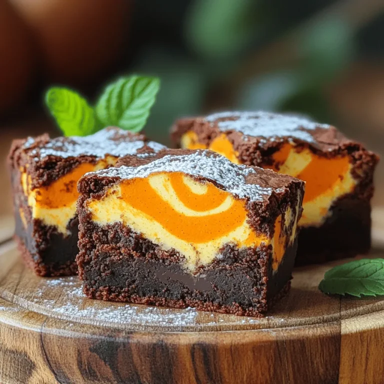 - 1 cup unsalted butter, melted - 2 cups granulated sugar - 4 large eggs - 1 teaspoon vanilla extract - 1 cup all-purpose flour - 1 cup unsweetened cocoa powder - 1 teaspoon baking powder - 1/2 teaspoon salt - 1 cup pumpkin puree - 1 teaspoon pumpkin spice - 8 oz cream cheese, softened - 1/2 cup powdered sugar The magic of Pumpkin Cream Cheese Swirl Brownies starts with these simple ingredients. You need unsalted butter for a rich base. Melt it down to mix well with sugar. The sweetness comes from granulated sugar, which you add next. Eggs help bind everything together, giving the brownies a nice rise. Don’t forget the vanilla extract! It adds a lovely warmth to your brownies. You’ll need all-purpose flour and unsweetened cocoa powder for that classic brownie texture. Baking powder helps the brownies rise, while a pinch of salt balances the sweetness. For the pumpkin swirl, you’ll need pumpkin puree and pumpkin spice. These give your brownies that fall flavor we all love. Cream cheese adds a creamy richness. Finally, powdered sugar sweetens the cream cheese swirl just right. Gather these ingredients, and you’re ready to create a delightful treat that combines rich chocolate with warm pumpkin flavor. First, preheat your oven to 350°F (175°C). This step is key for even baking. While the oven heats, grease a 9x13 inch baking pan to prevent sticking. In a large bowl, whisk together 1 cup of melted butter and 2 cups of granulated sugar. Mix until smooth. Next, add 4 large eggs one at a time, mixing well after each. Finally, stir in 1 teaspoon of vanilla extract for a nice flavor boost. In a separate bowl, sift together 1 cup of all-purpose flour, 1 cup of unsweetened cocoa powder, 1 teaspoon of baking powder, and 1/2 teaspoon of salt. This helps ensure your brownies will be light and fluffy. Gradually add this dry mixture to your wet ingredients, stirring gently until just combined. Now, in another bowl, mix 1 cup of pumpkin puree, 1 teaspoon of pumpkin spice, and 8 oz of softened cream cheese. Blend until smooth. Then, add 1/2 cup of powdered sugar and mix until fully combined. This creates a rich, flavorful swirl. Pour half of the brownie batter into the prepared pan. Spread it evenly to cover the bottom. Next, spoon dollops of the pumpkin cream cheese mixture on top. Then, add the remaining brownie batter over that. Use a knife or skewer to create a swirling pattern, merging the pumpkin mixture with the brownie batter. Place your pan in the preheated oven. Bake for about 30 to 35 minutes. Check for doneness by inserting a toothpick into the center. It should come out with a few moist crumbs, not a wet batter. Once baked, remove the pan from the oven. Let it cool in the pan on a wire rack. Once cool, cut into squares. Serve these delightful brownies on a rustic wooden platter. A dusting of powdered sugar and a sprig of mint add a nice touch. To make perfect brownies, pay attention to the details. Here are my top tips: - Use room temperature ingredients: This helps the batter mix well. - Do not overmix: Mix until just combined for a fudgy texture. - Check your oven: Use an oven thermometer to ensure accuracy. - Cool before cutting: This helps the brownies set and makes cutting easier. Swirling gives your brownies a beautiful look and great taste. Here’s how to do it right: - Dollop the pumpkin mixture: Place spoonfuls of the pumpkin mix on the brownie batter. - Use a knife or skewer: Gently swirl the pumpkin into the batter without overdoing it. - Create a marble effect: Aim for a nice blend, but leave some areas distinct. You might want to tweak the sweetness or flavor. Here are some ideas: - Taste the batter: Adjust sugar levels before baking if it seems too sweet. - Add spices: Sprinkle in more pumpkin spice for a stronger flavor. - Use dark cocoa powder: This adds depth and richness to the brownies. {{image_2}} You can add nuts or chocolate chips to the brownies. Walnuts or pecans work well. They add crunch and flavor. Just fold in one cup of chopped nuts or chocolate chips into the brownie batter. This makes the treat even richer. You can mix and match your favorites. The extra texture enhances every bite. Making gluten-free brownies is simple. Replace all-purpose flour with a gluten-free blend. Look for one that includes xanthan gum. This helps with texture. You can also use almond flour or coconut flour. Just remember to adjust the amount. This way, you still enjoy the rich chocolate flavor without gluten. You can play with flavors in these brownies. Try adding a splash of almond extract for a nutty twist. You could also mix in some orange zest for a fresh taste. If you like it spicy, add more pumpkin spice or some cinnamon. Each change creates a new fun dessert to enjoy! To keep your pumpkin cream cheese swirl brownies fresh, store them in an airtight container. Use parchment paper to separate layers if you stack them. This keeps them from sticking together. You can leave them at room temperature for up to three days. For longer storage, refrigerate them. They can last up to a week in the fridge. Freezing these brownies is a great way to enjoy them later. First, let the brownies cool completely. Then, cut them into squares. Wrap each square in plastic wrap. Place the wrapped brownies in a freezer-safe bag or container. You can freeze them for up to three months. When you want to eat them, just take out what you need. To reheat brownies, preheat your oven to 350°F (175°C). Place the brownies on a baking sheet. Cover them with foil to keep them moist. Heat for about 10-15 minutes. You can also microwave a single square for about 15-20 seconds. Just be careful not to overheat, or they may become dry. Enjoy your warm, delicious brownies! Yes, you can use canned pumpkin. It saves time and is easy to find. Just make sure it is pure pumpkin puree, not pumpkin pie filling. This will keep the taste right and avoid extra sugar and spices. To check if the brownies are done, insert a toothpick in the center. If it comes out with a few moist crumbs, the brownies are ready. They should not be wet or gooey. Remember, they will continue to cook a bit as they cool. Yes, you can make some swaps. You can use applesauce instead of butter for lower fat. You can also use whole wheat flour instead of all-purpose flour. For sugar, try using a natural sweetener like honey or maple syrup. Just know that these changes might change the taste and texture a bit. These brownies are great on their own. But, you can make them even better! Serve with a scoop of vanilla ice cream or whipped cream. A drizzle of caramel sauce adds a nice touch too. You can also pair them with a hot cup of coffee or spiced tea for a cozy treat. In this blog post, you learned how to make delicious pumpkin cream cheese swirl brownies. We covered key ingredients and step-by-step instructions. Plus, I shared tips for perfecting your brownies and exciting variations to try. Storing and reheating your treats was also discussed. Now you can impress friends and family with these tasty treats. Enjoy experimenting with flavors and enjoy every bite!