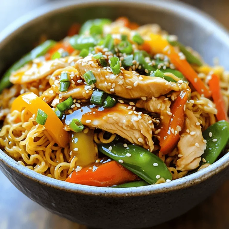 To make Quick Chicken Ramen Stir-Fry, you need these ingredients: - 200g ramen noodles - 300g boneless chicken breast, thinly sliced - 1 tablespoon sesame oil - 2 cups mixed vegetables (bell peppers, carrots, and snap peas) - 3 cloves garlic, minced - 2 tablespoons soy sauce - 1 tablespoon teriyaki sauce - 1 teaspoon ginger, grated - 2 green onions, chopped - Sesame seeds, for garnish - Salt and pepper to taste Each ingredient adds a unique flavor and texture to the dish. The ramen noodles provide a hearty base, while the chicken adds protein. The mixed vegetables brighten the meal with color and crunch. For the best results, I suggest these brands: - Ramen noodles: Look for Nissin or Maruchan, as they offer great flavor. - Sesame oil: Kadoya is a top choice for its rich taste. - Soy sauce: Use Kikkoman for a balanced, savory flavor. - Teriyaki sauce: Try Soy Vay for a sweet and tangy kick. These brands ensure high quality and flavor, making your stir-fry even better. If you need to swap ingredients, here are some options: - Ramen noodles: You can use udon or rice noodles if you prefer. - Chicken breast: Thinly sliced turkey or tofu work well too. - Mixed vegetables: Feel free to use broccoli, zucchini, or frozen stir-fry mixes. - Soy sauce: A low-sodium version is great for a lighter option. - Teriyaki sauce: You can make your own by mixing soy sauce with honey and sesame oil. These substitutions keep the dish tasty while fitting your needs. First, boil water in a pot. Once it boils, add 200g of ramen noodles. Cook them according to the package instructions, which is usually just a few minutes. Stir them gently to keep them from sticking. When done, drain the noodles and set them aside. This step is key. You want them firm, not mushy. Next, grab a large skillet or wok. Heat 1 tablespoon of sesame oil over medium-high heat. Once hot, add 300g of thinly sliced chicken breast. Season the chicken with salt and pepper. Cook for about 5-7 minutes. Make sure the chicken is fully cooked and no longer pink. This step ensures your chicken is juicy and tender. Now, add 3 cloves of minced garlic and 1 teaspoon of grated ginger. Cook these for 1-2 minutes until fragrant. The smell will be amazing! After the garlic and ginger, toss in 2 cups of mixed vegetables. I like bell peppers, carrots, and snap peas for color and crunch. Stir-fry these for another 3-4 minutes. You want them tender but still crisp. This adds great texture. Now, pour in 2 tablespoons of soy sauce and 1 tablespoon of teriyaki sauce. Stir everything together so the chicken and veggies soak up the flavors. Finally, fold in the cooked ramen noodles. Mix gently until everything is heated through. Remove from heat. For a lovely finish, garnish with chopped green onions and sesame seeds. Serve in deep bowls for a pretty look! To cook chicken just right, slice the meat thinly. This helps it cook fast and evenly. Heat sesame oil in your skillet until it shimmers. Add the chicken and season with salt and pepper. Stir-fry it for 5-7 minutes. Look for a golden color and make sure no pink remains. This method keeps the chicken juicy and tender. Seasonings can elevate your dish. Use garlic and ginger for a fragrant kick. These add depth and warmth. Soy sauce and teriyaki sauce bring umami and sweetness. Mix them well to coat the chicken and veggies. A sprinkle of sesame seeds at the end adds a nice crunch. Green onions offer freshness and color. Meal prep can make your week easier. Chop veggies and slice chicken ahead of time. Store them in the fridge for quick access. Cook a big batch of ramen noodles and keep them in the fridge too. When you're ready to eat, just stir-fry everything together. This saves time and gives you a warm meal in minutes. {{image_2}} To make this dish vegetarian, swap the chicken for tofu or tempeh. Both options soak up flavors well and add protein. Use firm tofu for a nice texture. Cut it into cubes and pan-fry until golden. You can also add extra vegetables like mushrooms or zucchini for more flavor. If you want to change the protein, use shrimp, beef, or pork. Shrimp cooks fast and adds a nice taste. Slice beef or pork thinly for quick cooking. Each protein gives a different spin on the dish. Just remember to adjust cooking times to ensure everything is cooked through. You can play with flavors by using different sauces. Try hoisin sauce for a sweet twist. Add chili paste for heat if you like spice. A dash of lime juice can brighten the dish. Experiment with herbs like cilantro or basil for freshness. Mixing sauces can lead to new and exciting flavors. Store your leftover Quick Chicken Ramen Stir-Fry in an airtight container. Let the dish cool before sealing it. This helps keep your meal fresh and tasty. Keep it in the fridge for up to three days. If you want to save it longer, consider freezing. To reheat, use a microwave or stovetop. If using a microwave, warm it on medium heat for two to three minutes. Stir halfway through for even heating. On the stovetop, add a splash of water and heat over low for about five minutes. This keeps the noodles from drying out. If you freeze the stir-fry, use a freezer-safe container. It can last for up to three months in the freezer. To thaw, place it in the fridge overnight or use the microwave’s defrost setting. After thawing, reheat using the stovetop or microwave as mentioned. Enjoy your meal again! To make this dish gluten-free, swap regular ramen noodles for gluten-free noodles. You can find options made from rice or buckwheat. For the sauces, use gluten-free soy sauce or tamari. These changes keep the dish tasty while meeting gluten-free needs. Absolutely! You can use any vegetables you like. Try broccoli, zucchini, or mushrooms. Just remember to cut them into small pieces for even cooking. The key is to keep the stir-fry colorful and full of nutrients. This stir-fry is great on its own, but you can add sides. Consider serving it with a light salad or some steamed dumplings. A small bowl of miso soup pairs well too. These options add variety and round out your meal. This blog post covered key steps to make Chicken Ramen Stir-Fry. We explored the ingredients, cooking methods, and tips to boost flavor. I shared variations for different diets and how to store leftovers safely. Experiment with your meals and find what tastes best for you. Enjoy this dish, and don’t hesitate to try new flavors. The kitchen is a place for fun and creativity!