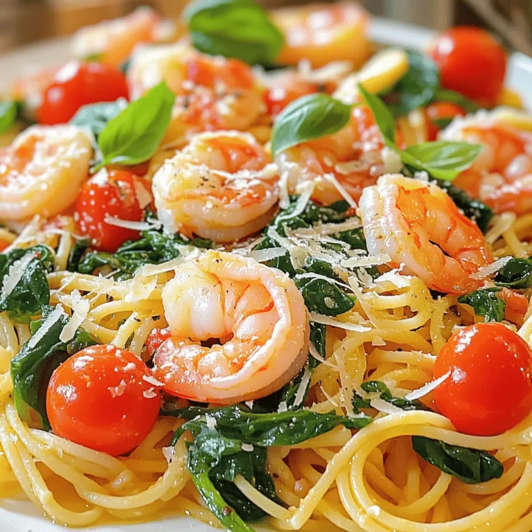 To make Tomato Spinach Shrimp Pasta, you will need the following ingredients: - 8 oz spaghetti or linguine - 1 lb shrimp, peeled and deveined - 2 cups fresh spinach - 2 cups cherry tomatoes, halved - 4 cloves garlic, minced - 1/4 cup olive oil - 1 teaspoon red pepper flakes (adjust to taste) - Salt and pepper to taste - 2 tablespoons lemon juice - 1/4 cup fresh basil, chopped (for garnish) - Grated Parmesan cheese (optional) You can easily swap some ingredients for others. If you don’t have shrimp, try chicken or tofu. For a gluten-free option, use gluten-free pasta. If you can't find cherry tomatoes, use diced regular tomatoes. You can also use frozen spinach instead of fresh. When picking your ingredients, look for bright, firm tomatoes. Choose shrimp that smell fresh and have a slight ocean scent. For spinach, select leaves that are vibrant green without any wilting. Garlic should be firm and free of sprouting. Fresh basil leaves should smell strong and sweet. These tips will ensure your dish is fresh and tasty! Start by boiling a large pot of salted water. I like to use a big pot to give the pasta room to move. Once it boils, add 8 oz of spaghetti or linguine. Cook it until it is al dente; follow the package instructions. After cooking, remember to reserve 1 cup of pasta water. It helps with the sauce later. Drain the pasta and set it aside. Next, gather your fresh ingredients. You need 2 cups of fresh spinach and 2 cups of cherry tomatoes, which you should halve. Mince 4 cloves of garlic. This adds a lovely aroma to the dish. In a large skillet, heat 1/4 cup of olive oil over medium heat. Once hot, add the minced garlic and sauté for about 1 minute. You want it fragrant but not burnt. Then, add 1 lb of shrimp, which should be peeled and deveined. Season the shrimp with salt, pepper, and 1 teaspoon of red pepper flakes. Cook the shrimp for about 2-3 minutes on each side. They will turn pink and opaque when done. Remove the shrimp from the skillet and set them aside. In the same skillet, add your halved cherry tomatoes. Sauté for about 5 minutes until they soften and release their juices. This step builds a great base for the sauce. Now, stir in the fresh spinach and cook it until wilted, which takes about 2 minutes. It will shrink down quickly, so keep an eye on it. Return the shrimp to the skillet, then add the cooked pasta and the reserved pasta water. Drizzle with 2 tablespoons of lemon juice for a zesty kick. Toss everything together until it is well combined and heated through. Taste your pasta and adjust the seasoning as needed. You might want more salt, pepper, or lemon juice. When it's ready, serve the pasta hot. Garnish with 1/4 cup of fresh basil, chopped, for a fresh touch. If you like, add a sprinkle of grated Parmesan cheese on top. Enjoy your delicious Tomato Spinach Shrimp Pasta! To cook pasta just right, I recommend using a large pot. Fill it with salted water. Bring the water to a rolling boil. Add your spaghetti or linguine and stir. Follow the package instructions for timing. Aim for al dente, which means it should have a slight bite. Remember to save one cup of pasta water before draining. This water helps to create a nice sauce later. To boost the flavors in your dish, use fresh garlic and herbs. I love adding minced garlic to olive oil for a fragrant base. Sauté it for just a minute before adding shrimp. For a pop of color, halved cherry tomatoes are great. They become juicy and sweet when cooked. Fresh spinach adds a vibrant green and healthy touch. Don’t forget the lemon juice! A splash gives a bright, fresh flavor. Adjust red pepper flakes to your taste for heat. One common mistake is overcooking the pasta. Always check it a minute early. Another mistake is not seasoning the shrimp. Use salt, pepper, and red pepper flakes for flavor. Avoid adding all the pasta water at once. Start with a little, then add more as needed. Lastly, don’t skip the garnish! Fresh basil or Parmesan cheese makes your dish look and taste better. {{image_2}} You can make this dish your own by adding other vegetables. Zucchini, bell peppers, and asparagus work well. Just chop them into bite-sized pieces. Sauté them with garlic before adding the shrimp. They will add color and nutrition to your meal. This helps use up what you have in your fridge, too. If shrimp isn't your favorite, try chicken or scallops. Chicken breast works nicely when cut into small pieces. Cook it in the same pan as the shrimp. Scallops are another tasty option. Just be careful not to overcook them. Each protein adds a different flavor and texture. You can even use plant-based options like tofu for a vegetarian twist. For a gluten-free meal, swap spaghetti with gluten-free pasta. There are many options available that taste great. To make it vegan, skip the shrimp and Parmesan cheese. Use mushrooms for a meaty texture and nutritional yeast for a cheesy flavor. This way, everyone can enjoy this dish, no matter their diet. You can store leftover Tomato Spinach Shrimp Pasta in an airtight container. Place it in the fridge. It stays fresh for up to three days. Make sure to let it cool before sealing. This helps keep the pasta from getting mushy. To reheat, use a skillet for best results. Add a splash of water or olive oil to the pan. Heat on medium until warm. Stir often to prevent sticking. You can also use the microwave. Heat in short bursts, about 30 seconds each time. Stir in between to ensure even heating. If you want to freeze it, do so right after it cools. Use a freezer-safe container or bag. Remove as much air as you can. This helps prevent freezer burn. The pasta can last for up to two months in the freezer. When ready to eat, thaw it overnight in the fridge. Reheat as mentioned above for best taste. To make your dish creamier, add heavy cream or cream cheese. Both options add richness. You can stir in about 1/2 cup of heavy cream after adding the shrimp back to the skillet. If you choose cream cheese, soften it first. This method creates a smooth texture that clings to the pasta. For a lighter touch, you can use Greek yogurt. Just mix it in before serving. It adds creaminess without too many calories. Yes, you can use frozen shrimp. Just make sure to thaw it first. You can place it in cold water for about 15 minutes. Once thawed, remove the shells and devein them if needed. Frozen shrimp cooks just as well as fresh. It might take a minute longer to cook. Just watch for that pink color to know when it's done. A crisp white wine pairs nicely. Look for Sauvignon Blanc or Pinot Grigio. These wines balance the shrimp and tomatoes well. If you prefer red, a light Pinot Noir can work too. Serve the wine chilled for the best taste. Enjoying wine with your meal enhances the flavors even more. Here's the full recipe to make this delicious dish: - 8 oz spaghetti or linguine - 1 lb shrimp, peeled and deveined - 2 cups fresh spinach - 2 cups cherry tomatoes, halved - 4 cloves garlic, minced - 1/4 cup olive oil - 1 teaspoon red pepper flakes (adjust to taste) - Salt and pepper to taste - 2 tablespoons lemon juice - 1/4 cup fresh basil, chopped (for garnish) - Grated Parmesan cheese (optional) In this blog post, we explored how to make Tomato Spinach Shrimp Pasta. We discussed the key ingredients, cooking steps, and some useful tips. Remember to choose fresh ingredients and avoid common mistakes. We covered variations like adding other vegetables or trying different proteins. Storage tips help keep leftover pasta tasty. With this knowledge, you can enjoy a delicious meal that suits your taste. Now, go ahead and create your own version of this flavorful dish!