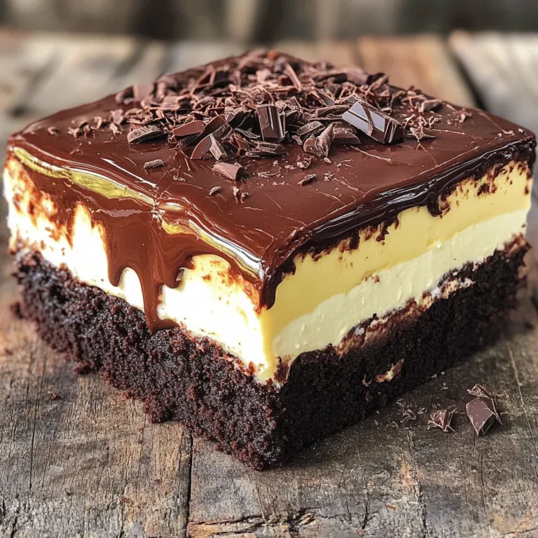 - 1 cup unsalted butter - 2 cups granulated sugar - 4 large eggs - 1 teaspoon vanilla extract - 1 cup all-purpose flour - 1/2 cup unsweetened cocoa powder - 1/2 teaspoon salt - 1 cup semi-sweet chocolate chips - 16 oz cream cheese - 1 cup granulated sugar - 3 large eggs - 1 teaspoon vanilla extract - 1/4 cup sour cream - 1/2 cup chocolate ganache - Chocolate shavings or berries for garnish To start, we need to gather all our ingredients. This makes cooking smooth and fun. For the brownie layer, use good quality unsalted butter. It adds a rich flavor. You will also need granulated sugar, eggs, and vanilla extract for sweetness and moisture. Next, we add flour, cocoa powder, and salt. This gives the brownie a deep chocolate taste. Don't forget the semi-sweet chocolate chips! They melt and add gooey goodness. For the cheesecake layer, grab 16 ounces of cream cheese. It must be soft for easy mixing. Sugar, eggs, vanilla, and sour cream will make it creamy and rich. Finally, for the topping, you can use ready-made chocolate ganache or make your own. Use chocolate shavings or fresh berries to make the cake look pretty. Gathering all these ingredients makes the baking process easier. Enjoy the mix of flavors and textures in this decadent brownie cheesecake layer cake! - Preheat oven to 350°F (175°C). - Grease and line two 9-inch round cake pans with parchment paper. - Melt 1 cup of unsalted butter in a saucepan. - Mix melted butter with 2 cups of granulated sugar. - Add 4 large eggs, one at a time, mixing well after each. - Stir in 1 teaspoon of vanilla extract. - In a separate bowl, combine 1 cup of all-purpose flour, 1/2 cup of unsweetened cocoa powder, and 1/2 teaspoon of salt. - Gradually add the dry mix to the wet mixture until just combined. - Fold in 1 cup of semi-sweet chocolate chips. - Divide the brownie batter between the two prepared pans. - Bake brownies for 20-25 minutes. - Check with a toothpick; it should come out with a few moist crumbs. - Allow brownies to cool in the pans. - In a large bowl, beat 16 oz of softened cream cheese and 1 cup of granulated sugar until smooth. - Add 3 large eggs, one at a time, mixing well after each. - Stir in 1 teaspoon of vanilla extract and 1/4 cup of sour cream until fully combined. - Pour cheesecake batter over the cooled brownie layers. - Bake cheesecake layer at 325°F (160°C) for 30-35 minutes. - The edges should be set, but the center can still jiggle. - Let both layers cool completely. - Stack the brownie-cheesecake layers with a layer of ganache between them. - Chill the cake in the refrigerator for at least 2 hours before serving. - Use quality chocolate. Good chocolate gives your brownies a rich taste. - Avoid overbaking for fudginess. Bake just until a toothpick shows some moist crumbs. This keeps them soft and gooey. - Ensure cream cheese is at room temperature. Soft cream cheese blends well and creates a smooth batter. - Do not overmix to prevent cracking. Mix just until combined. Overmixing adds air, which can cause cracks. - Use ganache elegantly. Pour it over the top for a smooth, shiny finish. - Add garnishes for visual appeal. Use chocolate shavings or fresh berries for color and texture. These little details make a big difference in presentation. {{image_2}} You can change the flavor of this cake easily. Adding different extracts makes a big difference. For example, try using almond extract instead of vanilla. This will give your cake a nutty twist. You could also swap chocolate ganache for a fruit topping. Fresh berries or a berry sauce can add a bright flavor. This makes the cake more refreshing and fun to eat. If you are gluten-free, you can still enjoy this cake. Use almond flour instead of all-purpose flour for the brownie base. This change keeps the brownies rich and fudgy. For those who follow a vegan diet, both layers can be made vegan. Use plant-based cream cheese and a flax egg instead of regular eggs. This way, everyone can enjoy a slice of this delicious cake. How you present this cake can change the whole experience. You could layer the brownies and cheesecake in different colors or flavors. This makes each slice a surprise! Another fun idea is to serve individual cheesecakes in jars. This makes for a cute and easy dessert for parties. Plus, it’s a great way to let everyone enjoy their own serving. You can refrigerate leftovers for up to 4 days. Store the cake in airtight containers. This keeps it fresh and tasty. Make sure to cover it well to avoid drying out. To freeze individual slices, wrap them tightly in plastic wrap. Place them in a freezer-safe bag or container. This helps prevent freezer burn. When you want to enjoy a slice, thaw it in the fridge overnight. For quicker thawing, leave it at room temperature for about 30 minutes. To serve after storage, warm the cake slightly in the microwave. Heat it for about 10-15 seconds. This brings back its gooey texture. Pair your slice with a glass of milk or a scoop of vanilla ice cream. The creaminess complements the rich flavors well. Enjoying your cake this way makes it even better! To check if the cheesecake layer is done, look for a few signs. The edges should be set, while the center remains slightly jiggly. This means it will firm up as it cools. A toothpick inserted in the center should come out clean or with a few moist crumbs. Avoid overbaking, as this can lead to cracks. Yes, you can make this cake ahead of time. After baking, let it cool completely. Wrap the cake well in plastic wrap. Store it in the fridge for up to three days. You can also freeze it for up to a month. Just remember to thaw it in the fridge overnight before serving. If you need a substitute for cream cheese, try using Greek yogurt or silken tofu. Both options provide a creamy texture. You can also use dairy-free cream cheese for a vegan choice. Just ensure all ingredients blend well for the right consistency. To avoid cracks in your cheesecake, follow these tips. Use room temperature cream cheese to mix smoothly. Do not overmix the batter, as excess air can cause cracking. Bake the cheesecake in a water bath to keep it moist. Finally, let the cheesecake cool slowly in the oven with the door ajar. Yes, you can make a nut-free version of this recipe. Use semi-sweet chocolate chips that are labeled nut-free. Check for any potential cross-contamination. For the brownie layer, substitute any nut flour with all-purpose flour. This keeps the texture and taste just right. This blog detailed how to create a delicious brownie cheesecake layer cake. You learned about the key ingredients, step-by-step instructions, and essential tips for perfect baking. Remember, quality matters for both the brownies and cheesecake. Explore variations and presentation styles to make it your own. Lastly, follow the storage tips to keep your cake fresh and tasty. Enjoy the sweet rewards of your baking effort!