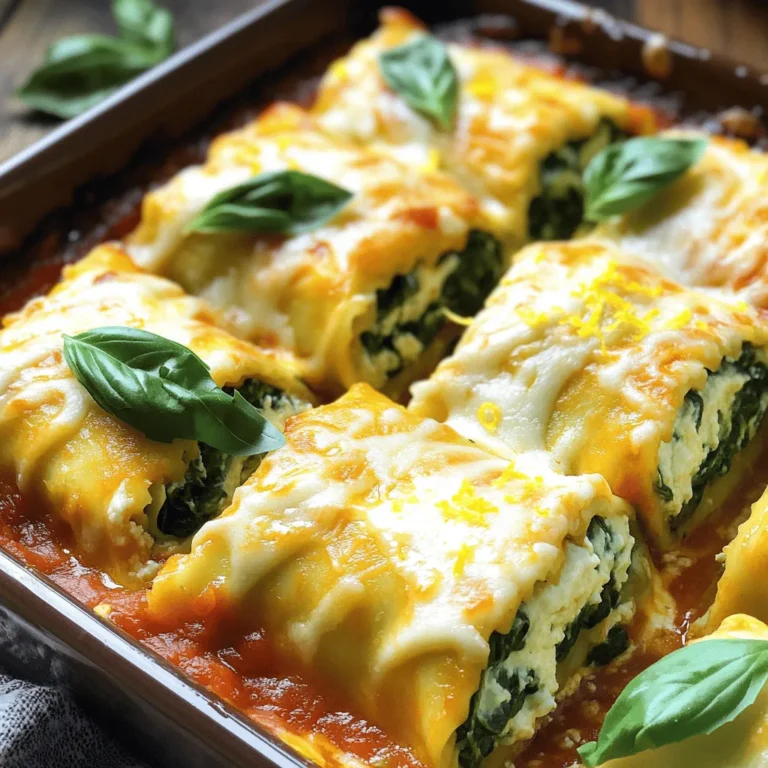 To make these delicious Lemon Ricotta Spinach Lasagna Rolls, you need the following: - 9 lasagna noodles - 1 cup ricotta cheese - 1 cup fresh spinach, chopped - 1 cup mozzarella cheese, shredded - 1/2 cup grated Parmesan cheese - 1 lemon, zested and juiced - 1 egg - 2 cloves garlic, minced - 1/2 teaspoon salt - 1/4 teaspoon black pepper - 1/4 teaspoon nutmeg - 1 cup marinara sauce - Fresh basil leaves for garnish If you want to change things up, you can substitute ricotta cheese. Try cottage cheese for a lighter option. For mozzarella, you can use provolone or gouda. Both will give you a nice flavor. You can also skip the cheese and use a vegan cream cheese if you prefer a plant-based meal. For the marinara sauce, you have many choices. You can use store-bought sauce for speed. If you want to make it fresh, cook crushed tomatoes with garlic and herbs. A homemade sauce adds a rich taste. You can even add a pinch of red pepper flakes to give it a kick! Start by boiling salted water in a large pot. Once it boils, add the lasagna noodles. Cook them according to the package instructions until they are al dente. This means they should still have a bit of firmness. After cooking, carefully drain the noodles. Lay them flat on a clean kitchen towel. This will keep them from sticking together. Now, let’s make the filling. Grab a medium mixing bowl. Combine the ricotta cheese, chopped spinach, and half of the mozzarella cheese. Add the grated Parmesan cheese, lemon zest, and lemon juice. Crack in one egg, then add minced garlic, salt, black pepper, and a pinch of nutmeg. Mix everything well until fully combined. This filling should be creamy and flavorful. Preheat your oven to 375°F (190°C). Take one cooked lasagna noodle and spread about 3 tablespoons of the ricotta filling over it. Make sure to cover it evenly. Gently roll the noodle into a tight cylinder. Place the roll seam-side down in a baking dish. Repeat this process for the remaining noodles and filling. Once all the rolls are in the dish, pour marinara sauce over the top. Make sure each roll is covered. Sprinkle the rest of the mozzarella cheese evenly over the sauce. Cover the dish with aluminum foil and bake for 25 minutes. After that, remove the foil and bake for an additional 10-15 minutes. You want the cheese to be bubbly and golden brown. Let the lasagna rolls cool for a few minutes before serving. Enjoy the burst of flavors! To cook the lasagna noodles just right, start with a large pot. Fill it with salted water and bring it to a boil. Add the noodles and cook them until they are al dente. This means they should be firm but not hard. Drain the noodles and lay them flat on a clean kitchen towel. This keeps them from sticking together. When rolling the noodles, take your time. Spread about 3 tablespoons of filling on each noodle. Make sure to cover it evenly. Gently roll the noodle from one end to the other. Keep the filling inside and the seam on the bottom. This helps them hold their shape during baking. To make the filling creamy, mix the ricotta cheese with fresh spinach in a bowl. Add in lemon zest and juice for brightness. The egg helps bind everything together. Mince the garlic finely, so it spreads its flavor well. Don’t forget to season with salt, pepper, and nutmeg for depth. Mix until it is smooth and creamy. {{image_2}} You can swap spinach for other greens. Kale adds a hearty flavor. Swiss chard brings a slight sweetness. Both greens work great with the lemon and ricotta. Just chop them finely and mix them into your filling. This keeps your dish fresh and exciting. Want to boost protein? You can add cooked chicken or ground turkey. Just mix the cooked meat into your filling. This makes the rolls more filling and satisfying. Use shredded chicken or crumbled turkey for best results. It will blend well with the creamy ricotta. If you need gluten-free, look for rice or corn lasagna noodles. These noodles cook just as well. They hold the filling nicely and taste great. Check the package for cooking times, as they may differ. This way, everyone can enjoy your delicious lasagna rolls. To store leftover lasagna rolls, let them cool first. Place them in an airtight container. You can keep them in the fridge for up to three days. Make sure to separate layers with parchment paper to avoid sticking. If you want to freeze the lasagna rolls, cool them completely. Place them in a freezer-safe container or wrap them tightly in plastic wrap. You can freeze them for up to three months. When ready to eat, just thaw them overnight in the fridge. To reheat, preheat your oven to 350°F (175°C). Place the lasagna rolls in a baking dish. Cover with foil to keep them moist. Heat for about 20 minutes or until warm. You can also microwave them for a quick option. Just heat in short bursts until hot. Enjoy your delicious meal! Yes, you can prepare these lasagna rolls in advance. You can assemble them and store them in the fridge. Just cover the baking dish with foil. This way, they will stay fresh for up to 24 hours. When you are ready, bake them according to the instructions. These lasagna rolls pair well with a fresh salad. A simple green salad with lemon vinaigrette works great. You could also serve garlic bread or a side of roasted vegetables. These sides add flavor and color to your meal. Lemon ricotta spinach lasagna rolls last about three to four days in the fridge. Store them in an airtight container. Make sure to let them cool before covering. This keeps the rolls fresh and tasty. Absolutely! You can add more veggies to the filling. Try mushrooms, zucchini, or bell peppers for extra flavor. Just chop them finely and sauté them first. This will enhance the taste and texture of your rolls. The best way to reheat these lasagna rolls is in the oven. Preheat the oven to 350°F (175°C). Place the rolls in a baking dish and cover with foil. Heat for about 15-20 minutes until warm. This keeps the rolls moist and delicious. You’ve learned how to make delicious Lemon Ricotta Spinach Lasagna Rolls. We covered the key ingredients and the best choices for sauces. You now have step-by-step instructions to create this tasty dish. I shared useful tips to help your noodles and filling turn out just right. Plus, you discovered fun variations to make it your own. Remember, making this dish can be fun and easy. Enjoy cooking and share your results with friends!