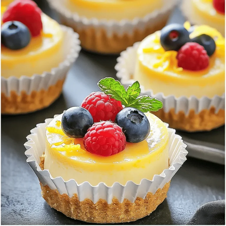 - 16 oz cream cheese, softened - 1 cup graham cracker crumbs - 1/4 cup fresh lemon juice These three main ingredients create the base of our mini lemon cheesecakes. Cream cheese gives them their rich and creamy texture. Graham cracker crumbs form a delicious crust, while fresh lemon juice adds a bright, zesty flavor. - Fresh berries - Mint leaves These optional ingredients are fun to add. Fresh berries, like strawberries or blueberries, provide color and sweetness. Mint leaves add a lovely touch and fresh taste. You can use them to top your cheesecakes for an extra pop. - Muffin tin - Mixing bowls - Electric mixer You'll need a muffin tin to shape the mini cheesecakes. Mixing bowls help you combine the ingredients easily. An electric mixer makes it simple to beat the cream cheese until smooth. Make sure you have all these tools ready before you start! First, preheat your oven to 325°F (160°C). Line a muffin tin with paper liners. In a small bowl, mix together: - 1 cup graham cracker crumbs - 1/4 cup unsalted butter, melted - 2 tablespoons sugar Stir until the mixture looks like wet sand. Next, take about 1 tablespoon of this mix. Spoon it into each muffin liner. Press down firmly to form a nice crust. In a large bowl, beat 16 oz of softened cream cheese with 1/2 cup sugar. Mix until it’s smooth and creamy. Now, add in 2 large eggs, one at a time. Make sure to mix well after each egg. Then, stir in: - 1/4 cup fresh lemon juice - Zest of 1 lemon - 1 teaspoon vanilla extract Mix everything until it is fully combined. Pour the cheesecake batter into the crusts. Fill each liner about 3/4 full. Bake for 18 to 20 minutes. Check if the edges are set. The centers should jiggle a bit but not be wet. After baking, let the cheesecakes cool for about 30 minutes at room temperature. Then, chill them in the fridge for at least 2 hours. This helps them firm up. Once chilled, carefully remove the cheesecakes from the muffin tin. Enjoy your mini lemon cheesecakes! To get the best texture, use room temperature ingredients. This helps the cream cheese mix well. Cold cream cheese can make the batter lumpy. Let your eggs sit out for a bit, too. They blend in better when warm. For cooling, let the cheesecakes sit at room temperature first. After 30 minutes, move them to the fridge. Chilling them for at least two hours makes them firm and easier to remove from the liners. Garnishing your mini cheesecakes can make them look fancy. Use fresh berries like raspberries or blueberries on top. Add a sprig of mint for color and freshness. You can also drizzle some honey or a lemon glaze over them for extra flair. Serve the cheesecakes on a nice platter. This makes them more appealing. If you want, pair them with a scoop of vanilla ice cream for a special treat. One big mistake is overmixing the batter. Mix just until smooth to prevent cracks. Overmixing adds too much air, which can cause them to puff up and crack while baking. Another common error is not chilling long enough. If you skip the chill time, they won’t set properly. Make sure to let them cool completely before serving for the best results. {{image_2}} You can mix things up by adding different fruit juices. Imagine the bright taste of lime or the sweetness of strawberry. Each flavor adds a new twist to your mini lemon cheesecakes. You can also try incorporating chocolate. Add melted chocolate to the batter for a rich, creamy treat. Just remember that chocolate pairs well with a hint of lemon! If you need gluten-free options, use gluten-free graham crackers. They work just as well and taste great! For sugar-free adaptations, swap regular sugar for a sugar substitute. This way, you can enjoy a delicious cheesecake without the guilt. Always check the labels to ensure they fit your diet. For holiday-themed versions, think about adding spices like cinnamon or nutmeg. These spices can give your mini cheesecakes a warm, festive flavor. In summer, use fresh fruits like peaches or berries for a fruity twist. Top your cheesecakes with seasonal fruits for a bright, colorful look. These changes make each batch special and fun! To keep your mini lemon cheesecakes fresh, store them in an airtight container. Use a container that fits the cheesecakes snugly to prevent them from moving around. If you want to keep them cool, place the container in the fridge. This helps maintain their creamy texture and zesty flavor. You can freeze mini cheesecakes for later enjoyment. First, let them cool completely after baking. Then, wrap each cheesecake in plastic wrap. Place the wrapped cheesecakes in a freezer bag or airtight container. To thaw, leave them in the fridge overnight. This keeps them from getting soggy. In the fridge, mini lemon cheesecakes last for about 5 days. You may notice they start to lose their texture after a few days. Check for any signs of spoilage. If they smell off or have visible mold, it's best to toss them. Always prioritize freshness for the best taste! Yes, you can make mini cheesecakes a day or two ahead. Just store them in the fridge. It's a great way to save time. Look for the edges to be set. The centers should jiggle slightly but not be wet. This means they are ready to cool. Absolutely! You can use Oreo cookies or almond flour for a crust. Adjust your butter amount based on your choice for the best results. You can use Greek yogurt or silken tofu for a lighter option. They will change the taste slightly but will still be creamy. Yes, they freeze well. Place them in an airtight container. They can last for up to two months in the freezer. You learned how to make mini lemon cheesecakes, from choosing ingredients to storing them. Remember to use the right tools and techniques for great results. Customizing flavors or dietary options is easy, so have fun! Follow those tips for the perfect texture and presentation. Enjoy sharing these treats with friends and family. Now it's time to get baking!