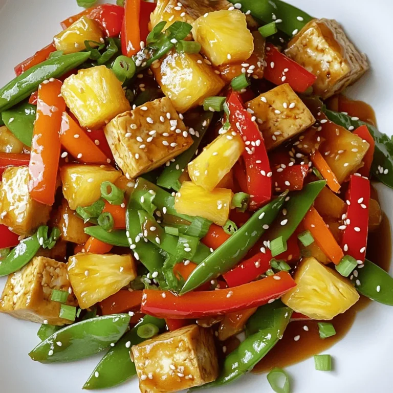 - 1 block (14 oz) firm tofu, drained and pressed - 2 tablespoons cornstarch - 2 tablespoons vegetable oil - 1 cup fresh pineapple, diced - 1 red bell pepper, sliced - 1 cup snap peas - 1 carrot, julienned - 3 green onions, chopped - 2 cloves garlic, minced - 1 tablespoon grated ginger - 1/4 cup low sodium soy sauce - 2 tablespoons maple syrup - 1 tablespoon rice vinegar - 1 tablespoon sesame oil - Sesame seeds for garnish When making Teriyaki Tofu Stir Fry with Pineapple, the choice of ingredients is key. Each item plays a role in flavor and texture. First, you need firm tofu. It holds its shape well during cooking. Pressing it removes excess water, which helps it crisp up nicely. Cornstarch is essential for coating the tofu. It creates a crunchy crust when frying. Vegetable oil is perfect for frying the tofu. It has a high smoke point, which helps achieve that golden color. Fresh pineapple adds sweetness and a burst of flavor. It contrasts nicely with the savory sauce. Red bell pepper and snap peas provide crunch. The bright colors make the dish more appealing. Julienned carrot adds a pop of color and sweetness. It cooks quickly, so it remains tender-crisp. Chopped green onions bring freshness and flavor. They also add a nice visual touch when serving. Minced garlic and grated ginger enhance the overall taste. They give the dish a warm, aromatic base. Low sodium soy sauce is a healthier choice. It balances the sweetness of maple syrup and rice vinegar. Maple syrup not only sweetens the dish but also adds depth. Rice vinegar adds acidity, brightening the flavors. Sesame oil gives a nutty aroma, enhancing the overall dish. Lastly, sesame seeds make a great garnish. They add a little crunch and visual appeal to your meal. With these ingredients, you're ready to create a delightful stir fry that is both tasty and healthy! To start, cut the pressed tofu into bite-sized cubes. This size helps it cook evenly. Next, place the cubes in a bowl and sprinkle them with cornstarch. Gently toss the cubes until they are evenly coated. This step is key. The cornstarch will give the tofu a nice, crispy texture when you fry it. Now, heat the vegetable oil in a large skillet or wok over medium-high heat. When the oil is hot, add the tofu cubes. Fry them until they turn golden and crispy on all sides. This takes about 7 to 10 minutes. Once done, remove the tofu from the skillet and set it aside. In the same skillet, add minced garlic and grated ginger. Sauté these for about 30 seconds. You want them to be fragrant but not burnt. Next, add the sliced red bell pepper, snap peas, and julienned carrot. Stir-fry the vegetables for about 5 minutes, just until they are tender-crisp. Now it’s time to add the fun stuff! Toss in the diced pineapple and the crispy tofu. In a small bowl, whisk together the soy sauce, maple syrup, rice vinegar, and sesame oil. Pour this sauce over the tofu and vegetables. Stir everything together to coat evenly. Cook for another 2 to 3 minutes until all ingredients are heated through and covered in that tasty sauce. Finally, remove the skillet from heat and stir in the chopped green onions. This adds a fresh crunch and a pop of color to your dish. Enjoy your Teriyaki Tofu Stir Fry with Pineapple! When making teriyaki tofu stir fry, you need to pick the right tofu. Firm tofu works well, but extra firm gives a better texture. Extra firm tofu holds its shape better when cooking. It also offers a satisfying bite. Draining and pressing tofu is key. This step removes excess water. It helps the tofu absorb the flavors. Before cooking, cut the tofu into cubes. Press it between clean towels or use a tofu press for best results. To achieve crispy tofu, coat it in cornstarch. This layer creates a crunchy outside when cooked. Fry the tofu in hot oil. Aim for golden brown on all sides. It takes about 7-10 minutes. For veggies, stir-fry them until they are tender-crisp. This means they should be cooked but still have a bite. Use high heat and keep them moving in the pan. This technique helps preserve their color and nutrients. For stir-frying, a large skillet or wok works best. A wok allows for even heat distribution. It also provides space for tossing ingredients. If you don’t have a wok, a wide skillet is a good choice. Using a good spatula is important too. A sturdy spatula helps flip and stir the food. This tool should be flat and wide, making it easy to lift the tofu and veggies. {{image_2}} You can mix things up with different veggies. Try using: - Broccoli florets for crunch - Zucchini slices for a fresh taste - Bell peppers in different colors for variety If you want to switch sauces, there are vegan options. Look for: - Coconut aminos instead of soy sauce - Agave syrup as a sweetener - Tamari for a gluten-free choice To change the sweetness, use different syrups. Here are some ideas: - Honey for a richer taste - Brown rice syrup for a deep flavor - Simple syrup for a lighter option If you want some heat, try adding: - Red pepper flakes for a spicy kick - Sriracha for more depth - Fresh chili slices for a vibrant touch For side dishes, consider these options: - Steamed jasmine rice to soak up the sauce - Quinoa for a healthy grain choice - A fresh salad for a crisp contrast For garnishing, make your dish pop with: - Chopped cilantro for freshness - Thinly sliced radishes for color - Extra sesame seeds for a nutty finish To keep your Teriyaki Tofu Stir Fry fresh, store leftovers right away. Place them in a container with a tight lid. This helps to keep the moisture in and prevents the food from drying out. Try to use glass or BPA-free plastic containers. They work best for this type of meal. Make sure to cool the stir fry to room temperature before sealing it up. This step helps to avoid condensation inside the container. Yes, you can freeze the stir fry! This is a great way to save extra servings. Use a freezer-safe container or heavy-duty freezer bags. Make sure to get as much air out as possible before sealing. This will help prevent freezer burn. You can freeze the stir fry for up to three months. When it's time to eat, just take it out. To reheat, first let it thaw in the fridge overnight. Then, warm it up in a skillet over medium heat. Stir it often to heat it evenly. You can also microwave it, but make sure to stir every minute for even heating. Enjoy your meal again! If you want a tofu substitute, try tempeh or seitan. Both options add protein and texture. You can also use chickpeas or lentils for a plant-based choice. These alternatives work well in stir fry. Just remember to adjust cooking times as needed. To make teriyaki tofu stir fry gluten-free, swap regular soy sauce for tamari. Tamari has the same flavor but no gluten. Always check labels for hidden gluten in sauces. You can also use coconut aminos, which is a great soy sauce alternative. Yes, you can use canned pineapple. Just drain it well to avoid excess liquid. Canned pineapple is sweet and convenient. However, fresh pineapple gives a better texture and flavor. If you choose canned, look for options with no added sugar. Leftover stir fry lasts about 3 to 4 days in the fridge. Store it in an airtight container to keep it fresh. If you want it to last longer, freeze it for up to 2 months. Just reheat it gently on the stove or in the microwave. This blog post covered how to make a delicious teriyaki tofu stir fry. We explored key ingredients like tofu, fresh veggies, and flavorful sauces. I shared step-by-step instructions, tips for crispiness, and options for substitutions. Putting this dish together is fun and rewarding. With these tips, you can create tasty meals that fit your style. Enjoy experimenting with flavors and ingredients in your kitchen!