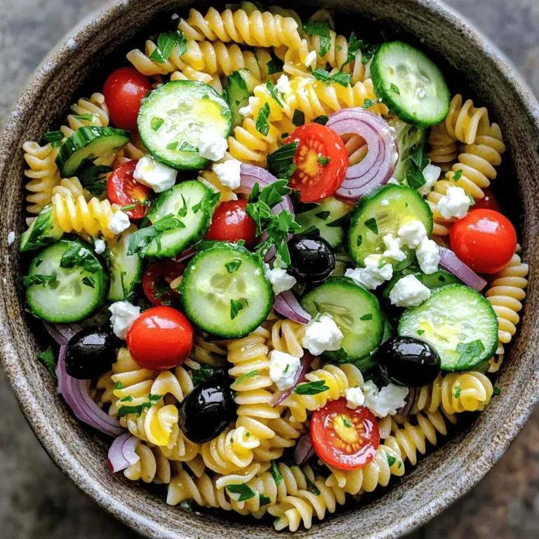 To make a tasty cucumber pasta salad, gather these main ingredients: - 8 oz. whole wheat pasta (like fusilli or penne) - 2 medium cucumbers, diced - 1 cup cherry tomatoes, halved - 1/2 red onion, thinly sliced - 1/4 cup black olives, sliced - 1/2 cup feta cheese, crumbled These ingredients blend well to create a fresh taste. You can add more flavor with these optional ingredients: - Fresh parsley for garnish - 3 tablespoons olive oil - 2 tablespoons fresh lemon juice - 1 teaspoon dried oregano - Salt and pepper to taste These extra items enhance the salad’s taste and aroma. Each serving of cucumber pasta salad has about: - Calories: 300 - Protein: 10g - Carbohydrates: 35g - Fiber: 5g - Fat: 12g This salad is a healthy choice, full of nutrients and flavor. First, take 8 oz. of whole wheat pasta. You can use fusilli or penne. Bring a pot of water to a boil. Add a pinch of salt for flavor. Cook the pasta according to the package instructions until it's al dente. This usually takes about 8-10 minutes. Drain the pasta in a colander. Rinse it under cold water to cool it down and stop the cooking. This step is key to keeping the pasta firm. Now, let’s chop some veggies! Take 2 medium cucumbers and dice them into small pieces. Next, grab 1 cup of cherry tomatoes and cut them in half. Then, slice 1/2 of a red onion thinly. Don’t forget about 1/4 cup of black olives; slice them too. Combine all these fresh ingredients in a large mixing bowl. Their colors will make the salad pop! In a small bowl, you will make the dressing. Start with 3 tablespoons of olive oil. Add 2 tablespoons of fresh lemon juice for a zesty kick. Then, sprinkle in 1 teaspoon of dried oregano. Season with salt and pepper to taste. Whisk these together until everything is mixed well. A good dressing ties the salad together! Now it's time to combine everything! Pour the dressing over the bowl of pasta and veggies. Toss gently to coat all the ingredients with the dressing. Be careful not to mash the pasta. Next, fold in 1/2 cup of crumbled feta cheese. It adds a creamy texture and salty flavor. Taste the salad and adjust the seasoning if needed. Let it sit for 10-15 minutes so the flavors mix well. Serve the salad chilled or at room temperature. This dish is great for picnics or barbecues. Garnish with fresh parsley for a pop of color. You can also add more feta on top if you like. Enjoy this fresh and flavorful delight! When selecting cucumbers, look for firm, smooth skin. You want cucumbers that feel heavy for their size. Avoid cucumbers with soft spots or wrinkles. Fresh cucumbers have a bright green color. If they are yellow, they may be overripe. You can also check for a sweet smell, which indicates freshness. To cook pasta perfectly, use plenty of water and salt. Bring the water to a rolling boil before adding the pasta. Stir the pasta right after you add it to prevent sticking. Follow the package instructions for cooking time. Test the pasta a minute before the end. It should be al dente, meaning it has a slight bite. To boost flavor, consider adding fresh herbs like basil or dill. You can also include a splash of balsamic vinegar for depth. For a spicy kick, try adding red pepper flakes. If you like nuts, toasted pine nuts add a nice crunch. Finally, for a creamy texture, swap feta for avocado or add Greek yogurt. {{image_2}} You can easily make this salad vegetarian or vegan. To do this, simply leave out the feta cheese. You can replace it with avocado for a creamy texture. If you want some extra protein, add chickpeas or black beans. They will give you a satisfying bite while keeping it plant-based. If you need a gluten-free version, swap whole wheat pasta for gluten-free pasta. Many stores sell options made from rice or corn. These pastas cook well and taste great in this salad. Just watch the cooking time, as it may differ from regular pasta. Feel free to add more ingredients to boost flavor and texture. Some great choices are: - Bell peppers for crunch and color. - Spinach or arugula for extra greens. - Artichoke hearts for a tangy twist. - Fresh herbs like basil or dill for freshness. Mix and match these ideas to make your perfect cucumber pasta salad! To keep your cucumber pasta salad fresh, store it in the fridge. Use an airtight container. This helps keep moisture in and air out. The salad can stay fresh for about three days. If you have leftovers, let the salad cool first. Then, transfer it to a container. Make sure to seal it tightly. You can also separate the dressing if you want. This keeps the pasta from getting soggy. Don’t leave the salad out at room temperature for too long. Bacteria can grow quickly. Also, avoid adding salt to the salad before storing. Salt can draw out moisture and make your salad mushy. Yes, you can make Cucumber Pasta Salad ahead of time. It tastes great when chilled. I often prepare it a few hours or even a day before serving. Just keep it in the fridge. This gives the flavors time to blend nicely. You can use many dressings for Cucumber Pasta Salad. A balsamic vinaigrette adds a nice twist. Italian dressing can also work well. You might try a yogurt-based dressing for creaminess. Experiment and find what you like best! Cucumber Pasta Salad lasts about 3 to 5 days in the fridge. Keep it in an airtight container. If you notice the cucumbers getting soggy, it’s time to toss it. Freshness is key for the best taste. Absolutely! You can use any pasta shape you enjoy. Fusilli and penne work great, but rotini or farfalle can be fun too. Just make sure to cook it until al dente for the best texture. Cucumber Pasta Salad makes a great side dish. Serve it with grilled chicken or fish. It’s also perfect at picnics or barbecues. You can even top it with extra feta or herbs for a fresh touch. Cucumber pasta salad combines fresh ingredients, simple steps, and healthy choices. You learned to cook pasta, prep veggies, and whip up a tasty dressing. Remember to pick the best cucumbers and avoid common storage mistakes. With variations for different diets, this dish fits many needs. Enjoy making this salad ahead or trying new ingredients. Get creative with flavors! This salad is not just a meal; it’s a chance to explore and enjoy. Happy cooking!