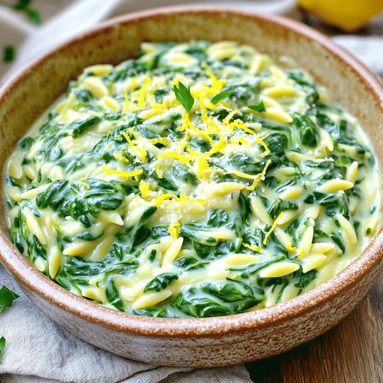 Here’s what you need for this dish: - 1 cup orzo pasta - 3 cups vegetable broth - 2 cups fresh spinach, chopped - 1 cup heavy cream (or coconut cream for a dairy-free option) - 1 medium onion, finely chopped - 3 cloves garlic, minced - 1 lemon (zested and juiced) - 2 tablespoons olive oil - 1 teaspoon salt - 1/2 teaspoon black pepper - 1/4 cup grated Parmesan cheese (optional for garnish) - Fresh parsley, chopped (for garnish) If you have dietary needs, I’ve got some options for you: - Use gluten-free orzo or any gluten-free pasta. - Swap heavy cream with coconut cream for a dairy-free meal. - Replace Parmesan with nutritional yeast for a vegan version. - Use low-sodium broth if you want to cut down on salt. Garnishes add a nice touch to this dish. Consider these: - Extra lemon zest for a fresh pop of flavor. - A sprinkle of grated Parmesan cheese for richness. - Chopped fresh parsley for a vibrant look. - A few lemon slices for an eye-catching serve. Gather all your ingredients first. This helps you stay organized. You will need orzo pasta, vegetable broth, spinach, heavy cream, onion, garlic, lemon, olive oil, salt, and pepper. If you want, you can add Parmesan cheese and parsley for garnish. 1. Heat the olive oil in a large pot over medium heat. 2. Add the chopped onion and sauté for 4-5 minutes. You want them soft and clear. 3. Stir in the minced garlic next. Cook for 1-2 minutes until you smell its aroma. 4. Add the orzo pasta now. Toast it for 1-2 minutes while stirring. This step brings out its flavor. 5. Pour in the vegetable broth, salt, and pepper. Bring everything to a boil. 6. Lower the heat to low, cover, and simmer for 10-12 minutes. Stir it occasionally until the orzo is soft. 7. Mix in the heavy cream, chopped spinach, lemon juice, and zest. Stir until the spinach wilts in about 3-4 minutes. 8. If you want creaminess, add grated Parmesan cheese. Taste it and adjust salt and pepper if needed. 9. Remove from heat and let it thicken for a few minutes before serving. Check the orzo by tasting it. It should be soft but not mushy. If the liquid is not fully absorbed, let it cook a bit longer. The spinach should be wilted but still bright green. Adding lemon juice at the end keeps the dish fresh and zesty. To boost the flavor of your dish, use fresh herbs. Fresh basil or dill adds a nice touch. You can also try adding a pinch of red pepper flakes for some heat. A squeeze of lemon juice before serving brightens the dish. Don’t forget to taste as you cook. This helps you adjust salt and pepper levels. To make this dish vegan, swap heavy cream for coconut cream. It gives a rich texture. You can also skip the Parmesan cheese or use a vegan version. Check labels to ensure they are dairy-free. The taste remains creamy and delicious. This way, everyone can enjoy it! For the best texture, stir the orzo while it cooks. This prevents it from sticking together. Don't rush the simmering time; let it cook until tender. After adding cream and spinach, cook just until the spinach wilts. This keeps it vibrant and fresh. Letting the dish sit for a few minutes before serving thickens it nicely. Enjoy your creamy lemon spinach orzo! {{image_2}} You can easily add chicken to this dish. Start by adding bite-sized pieces of chicken breast. Cook the chicken in the pot before you add the onion. Let it brown for about 5-7 minutes. Then, stir in the onion and follow the rest of the recipe. The chicken adds protein and makes the meal heartier. Plus, the lemon flavor pairs well with the chicken. Feel free to use fresh, seasonal vegetables. You can add sliced bell peppers, peas, or zucchini. Just chop them into small pieces. Add these veggies when you stir in the spinach. They will cook quickly and add color and texture. This option keeps the dish bright and healthy. Herbs can bring new life to your orzo. Add fresh basil, oregano, or thyme for extra flavor. You can also sprinkle in red pepper flakes for a little heat. Mix these in with the garlic for best results. This simple change can make your dish stand out and impress your guests. To store leftover orzo, let it cool first. Place it in an airtight container. You can keep it in the fridge for up to three days. Make sure to label the container with the date. This helps you know when to eat it. If you want to freeze orzo, use freezer-safe bags or containers. Make sure to portion the orzo for easy meals later. It can last up to three months in the freezer. When ready to eat, thaw it overnight in the fridge before reheating. To reheat, add the orzo to a pot over low heat. You can add a splash of broth or cream to keep it creamy. Stir it often until it’s warm. You can also use a microwave. Heat it in short bursts, stirring in between, to warm it evenly. Yes, you can use other small pasta. Options like ditalini or small shells work well. Just adjust the cooking time based on the pasta type. Follow the package instructions. This way, you ensure your pasta cooks perfectly. To make this dish gluten-free, use gluten-free orzo. Many brands offer great options. You can also use rice or quinoa as a substitute. Just cook them according to their package directions. The flavor will still shine through! This dish pairs well with a fresh salad. A simple green salad with vinaigrette is perfect. You can also serve it alongside grilled chicken or fish. For a complete meal, add some crusty bread for dipping. In this post, we covered everything about making One-Pot Creamy Lemon Spinach Orzo. You learned about key ingredients, helpful substitutes, and ways to enhance flavor. We shared tips for perfect cooking and storing leftovers. Remember, you can customize this dish with your favorite veggies or spices. This versatile recipe fits many diets and tastes great every time. Enjoy experimenting to make it your own!