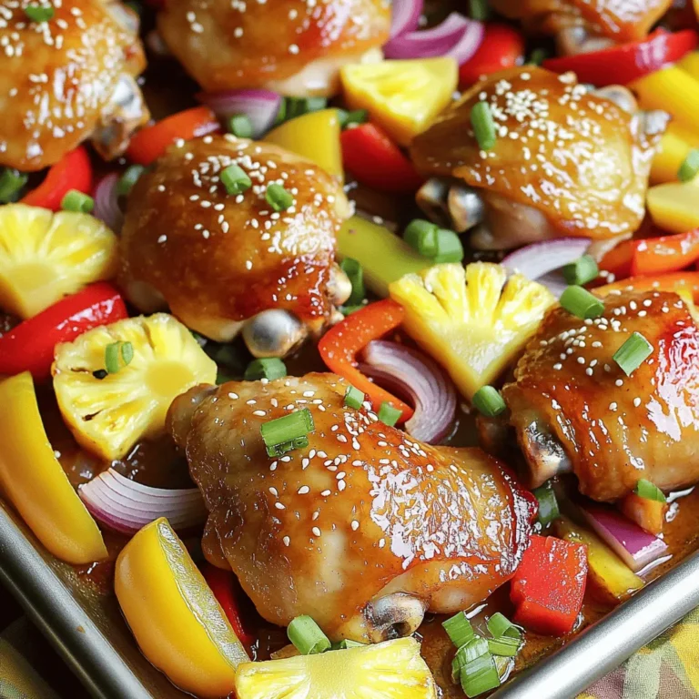 - 4 boneless, skinless chicken thighs - 1 can (8 oz) pineapple chunks in juice, drained (reserve juice) - 1 red bell pepper, sliced - 1 yellow bell pepper, sliced - 1 red onion, cut into wedges - 2 tablespoons soy sauce - 2 tablespoons honey - 1 tablespoon olive oil - 1 teaspoon minced garlic - 1 teaspoon grated ginger - Salt and pepper to taste - Green onions, chopped (for garnish) - Sesame seeds (for garnish) For this dish, I love using chicken thighs. They stay juicy and tender. You also need a mix of colorful veggies. Red and yellow bell peppers add sweetness and crunch. The red onion gives a nice sharpness. Don't forget the pineapple. It adds a sweet and tangy flavor that pairs well with the chicken. The marinade is key. It brings everything together. You will mix soy sauce, honey, garlic, and ginger for a tasty blend. With these simple ingredients, you create a dish that shines. Plus, it is easy to prepare and cook. The bright colors make it fun to eat. You can serve this dish to family or friends with pride. To start, mix the marinade ingredients in a small bowl. Combine the reserved pineapple juice, soy sauce, honey, minced garlic, and grated ginger. Stir until it blends well. This mix brings a sweet and savory taste to the chicken. Next, marinate the chicken and vegetables. In a larger bowl or plastic bag, add the chicken thighs, sliced bell peppers, red onion, and pineapple chunks. Pour the marinade over everything. Make sure all pieces are coated. Season with salt and pepper. Let it marinate for at least 15 minutes. For best results, refrigerate for up to 2 hours. Now, it’s time to bake. First, preheat your oven to 400°F (200°C). Line a large baking sheet with parchment paper. This makes cleanup easy. Arrange the marinated chicken, bell peppers, onion, and pineapple in a single layer on the sheet pan. Drizzle olive oil over the top. Place the pan in the preheated oven and bake for 25 to 30 minutes. The chicken should reach an internal temperature of 165°F (74°C) when done. For extra flavor, broil the dish for 2 to 3 minutes. This gives a nice char to the chicken and veggies. Watch closely to avoid burning. Once done, remove the pan from the oven and let it rest for a few minutes. Garnish with chopped green onions and sesame seeds. This adds a pop of color and flavor before serving. For the best flavor, marinate the chicken for at least 15 minutes. You can let it sit in the fridge for up to 2 hours for a deeper taste. If you like a sweeter bite, add a bit more honey. For a salty kick, increase the soy sauce. Always taste the marinade before using it. This way, you can adjust the flavors to your liking. Make sure the chicken is fully cooked by checking its internal temperature. It should reach 165°F (74°C). For even cooking, place the chicken and veggies in a single layer on the sheet pan. This helps everything cook evenly. Lining your pan with parchment paper makes for easy cleanup, too. Garnish your dish with chopped green onions and sesame seeds for a fresh look. When serving, consider adding a side of steamed rice or a green salad. This makes the meal feel complete and colorful. A bright, inviting plate will make everyone eager to dig in! {{image_2}} You can easily switch up the proteins in this dish. Try using chicken breasts or even shrimp for a new take. If you want a meatless option, tofu works great too. When it comes to veggies, feel free to mix it up. Zucchini, snap peas, or broccoli can replace the bell peppers. You can also add more veggies for extra color and nutrients. Adding spices or herbs can change the taste. Try a sprinkle of red pepper flakes for heat. Fresh cilantro or basil can also add a nice twist. If you want to switch up the marinade, use teriyaki sauce instead of soy sauce. You can also try a coconut milk base for a creamier feel. This gives a different flavor while still keeping it Hawaiian. Pair this dish with white rice or quinoa for a complete meal. You can also serve it with a fresh salad or steamed veggies for balance. This recipe is great for meal prep. You can cook it ahead of time and store portions in the fridge. Just reheat when you're ready to eat. To keep your Sheet Pan Hawaiian Chicken fresh, follow these tips: - Refrigeration: Place leftovers in an airtight container. Store them in the fridge for up to 3 days. This keeps the chicken and veggies safe to eat. - Freezing: If you want to keep it longer, freeze the cooked chicken. Place it in a freezer-safe bag and remove as much air as you can. It stays good for about 2-3 months. When you are ready to eat it, just thaw in the fridge overnight. Reheating your chicken right is key to keeping it tasty: - Methods for Reheating: - Oven: Preheat your oven to 350°F (175°C). Spread the chicken and veggies on a baking sheet. Heat for about 15-20 minutes until warm. - Microwave: Place the food in a microwave-safe dish. Cover it with a lid or microwave-safe wrap. Heat in 1-minute bursts until hot. - Tips for Retaining Flavor and Texture: - Add a splash of the reserved pineapple juice. This helps keep it moist and adds flavor. - Avoid overcooking. Check often to keep the chicken juicy and the veggies crisp. Yes, you can use bone-in chicken. This will change the cooking time. Bone-in chicken usually takes longer to cook. You should cook it for about 40-50 minutes. Make sure the internal temperature reaches 165°F (74°C) for safety. The bone adds extra flavor, making the dish even tastier. Just remember to adjust the cooking time based on the size of the chicken pieces. To make this dish gluten-free, swap the soy sauce for a gluten-free version. Many brands offer gluten-free soy sauce or tamari. Honey is gluten-free, so that’s perfect. Use fresh vegetables and pineapple as they are naturally gluten-free. Always check labels when buying pre-packaged items. This way, you can enjoy the same great taste without gluten. Yes, you can prepare this dish in advance. Marinate the chicken and veggies for at least 15 minutes. For more flavor, marinate them up to 2 hours in the fridge. You can even marinate overnight. This saves time on busy days. After marinating, you can bake it right away or store it in the fridge until ready to cook. Just be sure to let it sit at room temperature for 10-15 minutes before baking. This blog post covered a simple and tasty chicken dish. You learned the key ingredients, marinade steps, and baking methods. We explored tips for the best flavor and presentation ideas. I shared fun variations to keep the recipe fresh and exciting. Remember to store leftovers properly to enjoy them later. With these tips, you can make a meal that pleases everyone. Try this dish at your next gathering and enjoy the compliments!