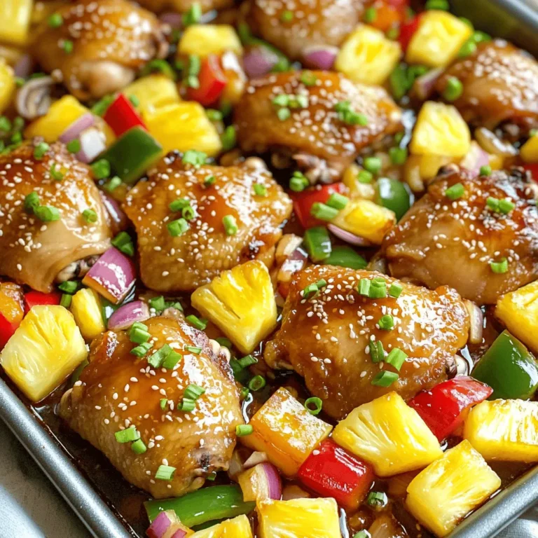 - 4 boneless, skinless chicken thighs - 1 cup pineapple chunks (fresh or canned) - 1 red bell pepper, sliced - 1 green bell pepper, sliced - 1 small red onion, sliced These main ingredients give the dish its great taste. The chicken thighs stay juicy, while pineapple provides a sweet touch. Bell peppers add crunch and color, making the dish bright and fun. - 3 tablespoons soy sauce (low sodium) - 2 tablespoons honey - 1 tablespoon rice vinegar - 2 cloves garlic, minced - 1 teaspoon grated fresh ginger - 1 tablespoon sesame oil The marinade brings all the flavors together. Soy sauce adds saltiness, and honey brings sweetness. Rice vinegar adds a slight tang. Garlic and ginger boost the taste with their strong flavors. Sesame oil adds a nutty richness that makes everything shine. - 1 tablespoon cornstarch (optional, for thickening sauce) - 2 green onions, chopped (for garnish) - Sesame seeds (for garnish) Cornstarch helps thicken the sauce for a nice glaze. Green onions and sesame seeds add brightness and crunch when sprinkled on top. These toppings make the dish look extra special and inviting. 1. Preheat your oven to 400°F (200°C). This ensures even cooking. 2. Line a large sheet pan with parchment paper. It helps with easy cleanup. 3. In a large mixing bowl, whisk together the marinade ingredients. Combine soy sauce, honey, rice vinegar, minced garlic, and grated ginger. 4. Add sesame oil for a rich flavor. If you like a thicker sauce, mix in cornstarch. 1. Coat the chicken thighs with the marinade. Make sure they are well covered. 2. Season with a pinch of salt and pepper. This boosts the taste. 3. Marinate the chicken for at least 15 minutes. You can leave it for up to 30 minutes if you want more flavor. 1. Arrange the marinated chicken in the center of the sheet pan. 2. Surround it with pineapple chunks, red and green bell peppers, and sliced red onion. 3. Pour any leftover marinade over the chicken and veggies. 4. Roast in the oven for 25 to 30 minutes. Check that the chicken reaches 165°F (74°C). The veggies should be tender. 5. For a crispy finish, broil for the last 2-3 minutes. Watch closely to prevent burning. 6. When done, let it rest for a few minutes. Garnish with chopped green onions and sesame seeds before serving. For tasty chicken, marinate for at least 15 minutes. If you have time, go for 30 minutes. This lets the flavors soak in well. Fresh pineapple gives a bright taste. Canned pineapple works too but may be sweeter. Choose what you like best. To check if the chicken is done, use a meat thermometer. It should read 165°F (74°C). This keeps your chicken safe to eat. For a nice caramelized finish, switch to broil for the last 2-3 minutes. Watch closely to avoid burning. Use parchment paper on your sheet pan. This makes cleanup quick and easy. After cooking, just toss it away. For leftovers, store in an airtight container. They last up to three days in the fridge. This keeps your food fresh and safe. {{image_2}} You can swap chicken thighs for chicken breasts. Chicken breasts cook faster, so check them early. If you want something plant-based, try tofu. Just press it to remove excess water. Shrimp is also a great option. It cooks quickly and adds a nice flavor. Feel free to mix in other veggies. Broccoli, snap peas, and carrots work well. Use seasonal veggies to keep it fresh. In summer, try zucchini or asparagus. In fall, consider butternut squash or Brussels sprouts. This adds variety and nutrition. You can change the marinade to fit your taste. Add chili paste for heat or more honey for sweetness. Try orange juice for a citrus twist. For garnishes, use cilantro or chopped peanuts for a crunch. These small changes can create a whole new dish. You can store your sheet-pan teriyaki chicken and pineapple in the fridge for up to four days. To keep it fresh, place the leftovers in an airtight container. Make sure to seal it tightly to prevent moisture loss or any unwanted odors. If you have extra sauce, store it separately to keep everything nice and juicy. If you want to save some for later, freezing works great. Portion the chicken and veggies into freezer-safe bags or containers. Remove as much air as possible to avoid freezer burn. Label the bags with the date, and they can last up to three months. When you’re ready to eat, thaw them in the fridge overnight. Reheat in the oven at 350°F (175°C) for about 20 minutes or until hot. You can also microwave it for a quick meal, but the oven gives better texture. Leftovers are a chance to get creative. You can chop the chicken and veggies and toss them into fried rice or a stir-fry. Adding them to a salad with some greens makes a fresh lunch. You can even use the teriyaki chicken as a filling for tacos. Just warm it up, add some toppings, and enjoy a new dish! Use a meat thermometer to check the chicken's temperature. It should reach 165°F (74°C). This means it is safe to eat. Look for clear juices running from the chicken. The meat should no longer be pink inside. These cues help you avoid undercooked chicken. Yes, meal prepping this dish is easy. First, marinate the chicken and store it in the fridge. You can do this a day ahead. For effective meal prep, pack the chicken and veggies in separate containers. Use airtight containers to keep them fresh. Glass containers work well for storage. Try serving this dish with steamed rice or quinoa. Both will soak up the tasty sauce. You can also add a simple salad for crunch. Consider roasted veggies for extra flavor. The sweet pineapple pairs well with fresh greens. You learned how to make a tasty Sheet-Pan Teriyaki Chicken with Pineapple. By using simple ingredients and easy steps, you can create a flavorful meal loved by all. Remember, marinating the chicken boosts flavor. Don't forget about storage tips to keep leftovers fresh for future meals. This dish is flexible—swap proteins or veggies as you like. Enjoy your cooking and make it your own. Your kitchen adventures with this recipe are just beginning!