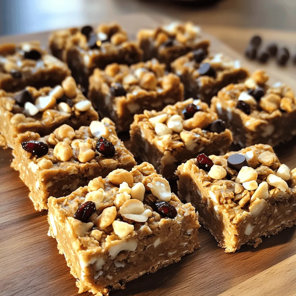 - 1 cup rolled oats - 1/2 cup natural peanut butter - 1/4 cup honey or maple syrup - 1/4 cup chocolate chips (dark or milk) - 1/4 cup chopped nuts (almonds or walnuts) - 1/4 teaspoon salt - 1 teaspoon vanilla extract - Optional: 1/4 cup dried fruit (raisins or cranberries) These ingredients come together to make a tasty snack. Rolled oats are the base, giving texture and fiber. Natural peanut butter adds creaminess and protein. Honey or maple syrup acts as a sweetener. Chocolate chips add a fun touch, while nuts give crunch. Salt enhances flavor, and vanilla extract adds warmth. You can even toss in dried fruit for extra sweetness! - Calories per serving: About 150 calories - Macronutrient breakdown: - Protein: 5 grams - Carbohydrates: 20 grams - Fat: 7 grams Each bar is a balance of flavors and nutrition. They pack energy for your day. Enjoy these bars as a quick breakfast or a snack. They're easy to make and fit into a busy lifestyle! - Mixing dry ingredients: Start by taking a large mixing bowl. Add 1 cup of rolled oats and 1/4 teaspoon of salt. Stir them together until they blend well. - Melting peanut butter and honey: In a microwave-safe bowl, mix 1/2 cup of natural peanut butter and 1/4 cup of honey or maple syrup. Microwave this for about 30 seconds. Make sure it gets warm and easy to stir. - Combining mixtures: Once melted, remove the bowl from the microwave. Stir in 1 teaspoon of vanilla extract. Pour this peanut butter mix over the oats. Use a sturdy spatula or your hands to mix until all the oats are coated evenly. - Filling the baking dish: Line an 8x8 inch square baking dish with parchment paper. This helps with easy removal later. Pour the mixture into the dish. - Pressing down the mixture: Use your hands or the back of a spatula to press the mixture down firmly. Make sure it spreads evenly across the dish. - Refrigeration time: Place the baking dish in the refrigerator. Let it chill for at least 1 hour. This helps the bars set nicely. - Cutting and serving suggestions: After chilling, lift the mixture out using the parchment paper. Cut into bars or squares. Enjoy your tasty treats! Store leftovers in an airtight container in the fridge. To make sure your bars hold together, press the mixture firmly into the pan. Use your hands or a spatula to pack it down tight. This helps the bars stick together. If your mixture feels too sticky, add a little more oats. Stir well until you achieve a good consistency. Store your bars in an airtight container. This keeps them fresh and tasty. They last up to one week in the refrigerator. For longer storage, consider freezing them. Wrap each bar in plastic wrap before placing them in a freezer bag. These bars are great for snacks or breakfast. Try pairing them with yogurt or fresh fruit. For extra flavor, add toppings like sliced bananas or a drizzle of honey before serving. You can also sprinkle some nuts or seeds on top for crunch. {{image_2}} If you want to make these bars nut-free, try using sunflower seed butter. It has a similar taste and works well in this recipe. For sweeteners, you can swap honey with agave syrup or rice syrup. Both options will keep your bars sweet and delicious without using honey. To make your bars even tastier, add spices like cinnamon or cocoa powder. Just a pinch of cinnamon boosts flavor and warmth. If you love chocolate, mix in cocoa powder to give a rich taste. You can also try adding different extracts, like almond or coconut, to change things up. For those who need gluten-free options, use gluten-free oats instead of regular oats. This way, everyone can enjoy the bars. You can also mix in alternative ingredients like seeds or shredded coconut. These add crunch and flavor, making each bite exciting. No-bake peanut butter oat bars last about one week in the fridge. Store them in an airtight container to keep them fresh. You can check for any changes in texture or smell after a few days. This helps ensure they stay tasty and safe to eat. Yes, you can freeze these oat bars. Wrap them tightly in plastic wrap or foil. Place them in a freezer-safe bag. They can last up to three months in the freezer. When you want to eat them, just thaw in the fridge overnight. You can use maple syrup or agave nectar as a substitute for honey. Both options add sweetness and work well in this recipe. If you want a thicker texture, try using brown rice syrup. Each choice will give a slightly different flavor. Absolutely! Adding protein powder is easy and a great way to boost nutrition. Use about 1/4 cup of your favorite protein powder. Mix it in with the dry ingredients. Just keep in mind that you may need to add a little more liquid to keep the bars moist. - Prep time: 10 minutes - Cook time: 1 hour (chilling) - Total time: 1 hour 10 minutes - Servings: 12 bars This recipe is quick and easy. You only need about 10 minutes to prep. After that, let the bars chill for an hour. You will have 12 tasty bars ready to enjoy. Ingredients structured data: - 1 cup rolled oats - 1/2 cup natural peanut butter - 1/4 cup honey or maple syrup - 1/4 cup chocolate chips (dark or milk) - 1/4 cup chopped nuts (almonds or walnuts) - 1/4 teaspoon salt - 1 teaspoon vanilla extract - Optional: 1/4 cup dried fruit (raisins or cranberries) Instructions structured data: 1. In a large bowl, mix the rolled oats and salt. 2. In a microwave-safe bowl, warm the peanut butter and honey for 30 seconds. 3. Stir the peanut butter mix until smooth. 4. Add the vanilla and mix well. 5. Pour the mixture over the oats and mix until coated. 6. Fold in chocolate chips, nuts, and dried fruit if using. 7. Line a baking dish with parchment paper and press the mix in. 8. Chill for at least 1 hour. Lift out and cut into bars. Store in the fridge. This schema helps you understand the recipe better. It gives a quick view of what you need and what to do. These no-bake peanut butter oat bars are simple and tasty. You learned about the key ingredients, from oats to chocolate chips. We covered how to mix, chill, and serve them. I shared tips for the perfect texture and storage. You even discovered fun variations to try. In the end, these bars are a great snack or breakfast choice. They are easy to make and last a while. So, get your ingredients ready and enjoy!