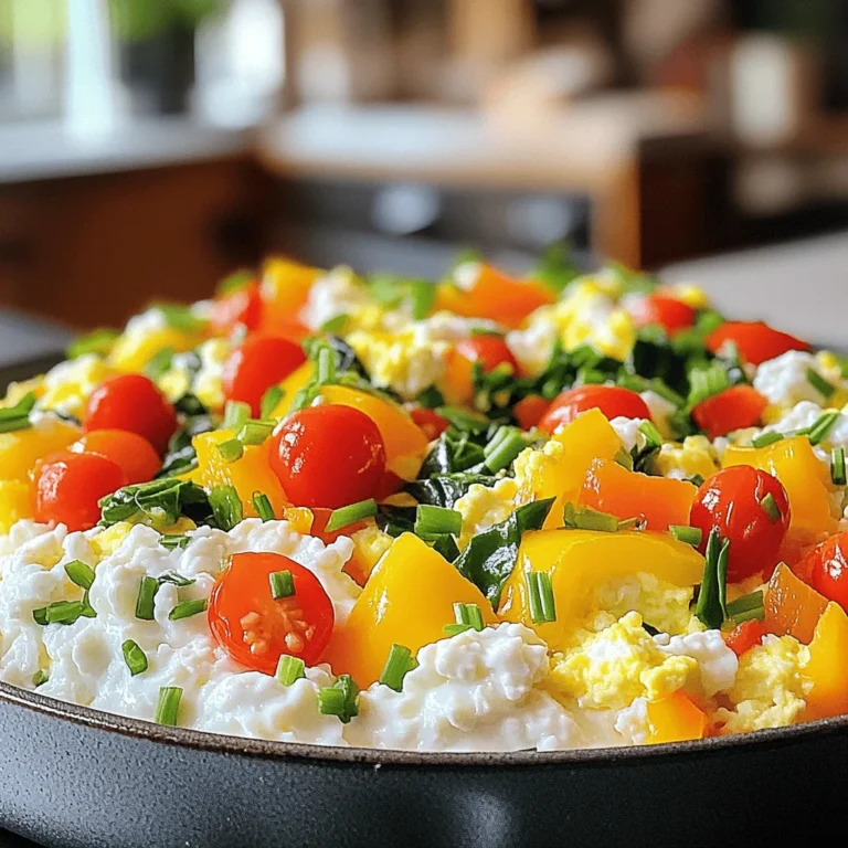 - 6 large egg whites - 1/2 cup bell peppers (mixed colors), diced - 1/2 cup spinach, chopped - 1/4 cup onion, finely chopped - 1/4 cup cherry tomatoes, halved - 1/4 cup low-fat cottage cheese - 1 tablespoon olive oil - Salt and pepper to taste - Fresh herbs (like chives or parsley) for garnish Egg whites are low in calories and high in protein. They help build muscle and keep you full. Bell peppers add color and are high in vitamins A and C. They boost your immune system. Spinach is rich in iron and helps keep your blood healthy. Onions add flavor and contain antioxidants. Cherry tomatoes are juicy and packed with lycopene, which is good for your heart. Low-fat cottage cheese brings creaminess and adds more protein. Olive oil is a healthy fat that supports brain health. Fresh herbs not only add taste but also provide vitamins. You can replace egg whites with whole eggs for a richer flavor. For a dairy-free option, use silken tofu instead of cottage cheese. If you don’t have bell peppers, zucchini or mushrooms work well. Kale can substitute spinach if you want a different green. Use any type of oil you prefer, like avocado oil, in place of olive oil. Fresh herbs can be swapped with dried herbs if needed. To whisk egg whites, start with a clean bowl. Make sure there is no yolk in the whites. It can stop them from getting fluffy. Use a whisk or an electric mixer. Begin whisking slowly, then speed up. Whisk until the egg whites look frothy. This should take about 2 to 3 minutes. You want soft peaks, not stiff ones. Soft peaks will hold their shape but still look smooth. This means your egg whites are ready for cooking. First, heat the olive oil in a non-stick skillet on medium heat. Add the onion and bell peppers. Cook them for about 2 to 3 minutes. You want them soft but not mushy. Then, add the chopped spinach and cherry tomatoes. Stir well and cook for 2 more minutes. The spinach should wilt down, and the tomatoes should soften. This timing helps each vegetable keep its flavor and texture. Once your veggies are ready, pour the whisked egg whites into the skillet. Let them cook without stirring for about 2 minutes. You will see them start to set on the edges. After that, gently stir the eggs with a spatula. This helps the uncooked egg whites reach the hot edges. Keep stirring until all the egg whites are cooked. If you want creaminess, fold in the cottage cheese at the end. Finally, take your skillet off the heat, and serve hot. Add fresh herbs on top for a tasty finish. To boost flavor, use fresh herbs. Chives and parsley add a nice touch. You can also add a dash of hot sauce for heat. Mix in spices like paprika or garlic powder for an extra kick. A sprinkle of cheese can also add rich flavor. You can use low-fat cheese or a dairy-free option. When cooking egg whites, use a non-stick skillet. This helps prevent sticking. Heat the pan on medium heat for even cooking. Whisk the eggs until they are frothy and light. This helps them cook evenly. Cook them slowly for the best texture. Stir gently to keep a fluffy texture. Serve your scramble with whole-grain toast for fiber. You can add a side of fruit for vitamins. Avocado slices make a great topping and add healthy fats. Pair it with a small salad for more greens. Enjoy your meal with a glass of water or herbal tea for hydration. {{image_2}} You can boost the protein in your egg white veggie scramble in many ways. Try adding cooked chicken breast or turkey for a hearty meal. Canned beans, like black beans or chickpeas, also work well. They add a nice texture and flavor. You could even toss in some Greek yogurt. It adds creaminess and extra protein, too. For a vegetarian option, just stick with the egg whites and cottage cheese. If you want to make it vegan, swap the egg whites for silken tofu. Tofu scrambles wonderfully and soaks up flavors. You can also use nutritional yeast. It brings a cheesy taste without dairy. Using seasonal veggies makes your scramble fresh and exciting. In spring, add asparagus and peas for a bright touch. Summer offers zucchini and fresh corn, which are sweet and juicy. Fall is the time for mushrooms and kale, adding depth to your dish. Winter brings hearty options like sweet potatoes and root veggies. Mix and match to keep your scramble fun! To keep your leftover scramble fresh, place it in an airtight container. Store it in the fridge for up to three days. Make sure it cools to room temperature before sealing. This helps maintain taste and texture. When you are ready to eat, reheat your scramble gently. Use a microwave-safe dish and cover it with a lid. Heat for 30 seconds at a time, stirring in between. This method keeps your scramble moist and tasty. You can also reheat it in a non-stick skillet over low heat. Stir frequently until warm. Meal prepping with egg white scramble is easy and fun. You can make a large batch at once. Divide it into meal prep containers for quick breakfasts. Pair it with whole-grain toast or a side of fruit for a balanced meal. You can also add cooked quinoa or brown rice for extra fiber. Enjoy your protein-packed meals throughout the week! Yes, you can use whole eggs. Whole eggs add more flavor and richness. They also provide a good amount of healthy fats. If you want more protein, stick with egg whites. They have less fat and fewer calories too. Egg whites are a great source of protein. They contain about 3.6 grams of protein per egg white. This helps build muscle and aids in recovery. Egg whites are low in calories, with just 17 calories each. They have no fat and no cholesterol. This makes them heart-healthy. They also provide essential vitamins and minerals, like riboflavin and selenium. This dish is naturally gluten-free. All the ingredients, like egg whites and veggies, do not contain gluten. Make sure to check the labels on cottage cheese. Some brands might add additives that contain gluten. Using fresh ingredients helps keep your meal safe for a gluten-free diet. Enjoy your tasty, gluten-free veggie scramble! In this post, we explored how to make a high-protein egg white veggie scramble. We broke down key ingredients and their benefits. I shared tips to whisk egg whites and cook your veggies right. You also learned fun variations and smart storage ideas. Using these steps, you can cook a tasty, healthy meal. Try adding your favorite flavors and ingredients. With practice, your skills will improve, and each dish will be better. Enjoy your cooking journey!