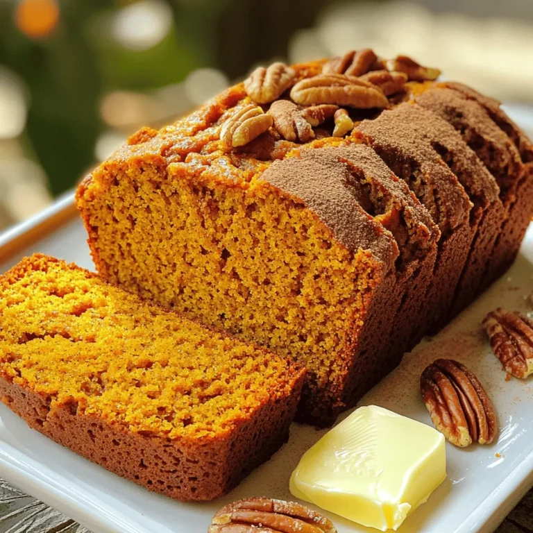 - 1 box yellow cake mix - 1 cup canned pumpkin puree - 1/2 cup vegetable oil - 3 large eggs - 1 teaspoon ground cinnamon - 1/2 teaspoon ground nutmeg - 1/2 teaspoon ground ginger - 1/4 teaspoon ground cloves - 1/2 cup chopped walnuts or pecans (optional) - 1/2 cup chocolate chips (optional) - Pinch of salt Nutritional benefits of canned pumpkin Canned pumpkin is rich in fiber. It helps with digestion and keeps you full. It also has vitamins A and C, which are great for your skin and eyes. Advantages of using cake mix Using cake mix makes baking easy. It cuts down prep time and ensures a great texture. You get a soft, moist bread without much effort. Flavor enhancements with spices Spices like cinnamon, nutmeg, and ginger add warmth. They bring out the pumpkin's natural taste. A pinch of cloves can add a nice touch of depth to your bread. First, preheat your oven to 350°F (175°C). This helps the bread bake evenly. Next, prepare your loaf pan. You can grease and flour it, or line it with parchment paper. This makes removal easier later on. In a large mixing bowl, combine the yellow cake mix, one cup of canned pumpkin puree, half a cup of vegetable oil, and three large eggs. Use a hand mixer or whisk to blend these ingredients. Mix until smooth and well combined. Now, it's time to add some flavor! Sprinkle in one teaspoon of ground cinnamon, half a teaspoon of nutmeg, half a teaspoon of ginger, and a quarter teaspoon of cloves. Add a pinch of salt too. Stir until you see the spices mixed well into the batter. This will give your bread a lovely warm taste. If you like, fold in half a cup of chopped walnuts or pecans. You can also add half a cup of chocolate chips for a sweet twist. Both options add great texture and flavor. Pour the batter into your prepared loaf pan. Smooth the top with a spatula. Bake it in your preheated oven for about 50 to 60 minutes. Check for doneness using a toothpick. Insert the toothpick into the center of the bread. If it comes out clean, your pumpkin bread is ready! Once it's done, remove it from the oven. Let it cool in the pan for about 10 minutes. After that, transfer the bread to a wire rack to cool completely. This keeps the crust crisp and tasty. Enjoy your delicious cake mix pumpkin bread! To make the best cake mix pumpkin bread, follow these tips: - Mix well: Combine the canned pumpkin, eggs, and oil first. Then, add the cake mix. This helps blend flavors. - Don’t overmix: Mix until just combined. Overmixing can make the bread tough. - Check your oven: Ovens can vary. Use an oven thermometer for best results. Common baking mistakes include: - Not greasing the pan: Always grease your loaf pan well. This helps the bread come out easily. - Ignoring the toothpick test: Insert a toothpick in the center. It should come out clean when done. - Skipping cooling time: Let the bread cool in the pan for a bit. This helps it set properly. Serve your pumpkin bread warm. Here are some tasty ideas: - Spread: Add a pat of butter or cream cheese on top. It adds creaminess. - Sprinkle: Top with a dash of cinnamon or nutmeg for extra flavor. - Pair: Enjoy with a warm cup of coffee or tea. The spices match perfectly. Make your pumpkin bread look lovely with these ideas: - Slice neatly: Use a sharp knife for clean, even slices. - Garnish: Place a few pecan halves on top for a nice touch. - Serve on a platter: Arrange slices on a decorative plate. This adds a special feel. {{image_2}} You can change the spices to fit your taste. Instead of cinnamon, try allspice or cardamom. These spices give a unique twist. You can also play with different cake mix flavors. Chocolate cake mix pairs well with pumpkin. It gives you a rich and sweet bread. If you need gluten-free options, use a gluten-free cake mix. Many brands offer great choices. You can also make this bread vegan. Simply replace the eggs with flax eggs. Mix one tablespoon of flaxseed meal with three tablespoons of water. Let it sit for five minutes to thicken. Use apple sauce instead of oil. This keeps your bread moist and tasty. You can add more fruits and nuts for extra flavor. Try diced apples or dried cranberries. They add sweetness and texture. Nuts like pecans or walnuts work well too. For a fun twist, swirl in cream cheese or melted chocolate. This makes each slice a delightful surprise. Store your pumpkin bread at room temperature for a few days. Use an airtight container to keep it fresh. If you want it to last longer, put it in the fridge. Wrap it in plastic wrap, then place it in a container. This prevents it from drying out. To freeze pumpkin bread, let it cool completely first. Wrap the bread tightly in plastic wrap. Then, place it in a freezer bag. Don't forget to label the bag with the date. When ready to eat, thaw it overnight in the fridge. You can also microwave it for a quick reheat. Just use a low power setting to avoid drying it out. Pumpkin bread lasts about 3 to 5 days at room temperature. In the fridge, it can last up to a week. If frozen, it stays good for about 2 to 3 months. Watch for signs of spoilage. If you see mold or it smells off, it's best to toss it. Always check before you eat! Making pumpkin bread from scratch means mixing all the base ingredients. You will need flour, sugar, baking powder, and more. Using cake mix cuts down on time and effort. Cake mix is pre-measured and flavored. This helps you create a moist bread quickly. The texture is often lighter with cake mix. However, scratch recipes allow for more control over flavors. Yes, you can use a different cake mix! Spice cake mix works great for added flavor. Chocolate cake mix gives a rich twist to the pumpkin taste. Vanilla mix offers a lighter, sweeter option. Each type will change the flavor profile. Feel free to experiment with different mixes to find your favorite. Baking pumpkin bread takes about 50-60 minutes. This includes prep and baking time. You need about 15 minutes to prepare your batter. After baking, let the bread cool for 10 minutes in the pan. Then, move it to a wire rack for complete cooling. Check doneness by inserting a toothpick. If it comes out clean, your bread is ready! Serve pumpkin bread warm for the best taste. A pat of butter or cream cheese makes it even better. You can also top it with a sprinkle of cinnamon. For a little crunch, add some pecan halves on top. Pair it with coffee or tea for a cozy treat! This blog post covered how to make delicious pumpkin bread using simple ingredients. We discussed key benefits of pumpkin and spices, the step-by-step process, helpful tips, and ways to customize your recipe. Remember, baking can be fun and easy. Enjoy your creation warm and paired with a favorite drink. With the right technique and a few tweaks, you'll impress everyone. Now, it's time to get baking and make the best pumpkin bread ever!