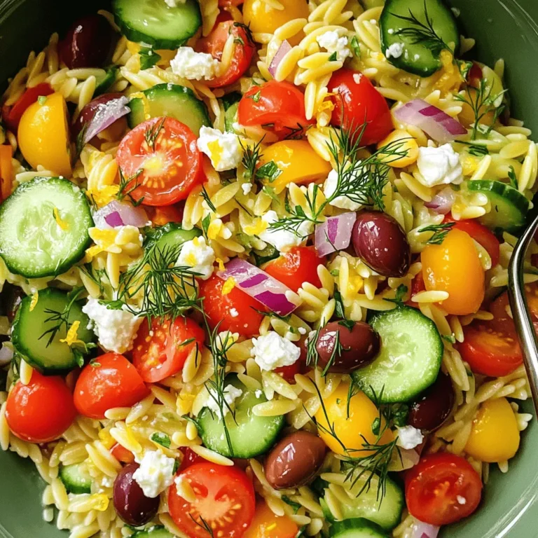 - 1 cup orzo pasta - 1 cup cherry tomatoes, halved - 1 cucumber, diced - 1/2 red onion, finely chopped - 1/2 cup Kalamata olives, pitted and sliced - 1/2 cup feta cheese, crumbled - 1/4 cup fresh dill, chopped - 1/4 cup fresh parsley, chopped - 3 tablespoons olive oil - 2 tablespoons fresh lemon juice - Zest of 1 lemon - Salt and pepper to taste - If you can't find orzo, use rice or quinoa. - For a dairy-free option, try using tofu or avocado. - You can swap dill with basil or cilantro. Parsley can be replaced with spinach. Bring a pot of salted water to a boil. This step is key to flavor. Add 1 cup of orzo pasta to the boiling water. Cook it for about 8 to 10 minutes. You want the orzo to be al dente, which means it should still have a little bite. Drain the pasta and rinse it under cold water. This stops the cooking and keeps the orzo from getting mushy. In a large mixing bowl, combine the cooked orzo with fresh ingredients. Add 1 cup of halved cherry tomatoes, diced cucumber, and 1/2 finely chopped red onion. The colors will pop! Then, mix in 1/2 cup of sliced Kalamata olives and 1/2 cup of crumbled feta cheese. The feta adds a creamy touch that balances the salad. In a separate bowl, whisk together 3 tablespoons of olive oil and 2 tablespoons of fresh lemon juice. Add the zest of 1 lemon to enhance the citrus flavor. Season this mixture with salt and pepper to taste. This dressing should taste bright and fresh, so adjust it if needed. Pour the dressing over the salad ingredients in the mixing bowl. Add in 1/4 cup of chopped fresh dill and 1/4 cup of chopped fresh parsley. Gently toss everything together. Make sure all the ingredients are well-coated with the dressing. Chill the salad in the refrigerator for at least 30 minutes. This helps all the flavors mix together, making each bite even tastier. Chilling the salad is key. I recommend at least 30 minutes in the fridge. This allows the flavors to blend well. Taste the salad before serving. Adjust the seasoning to your liking. If you want more zest, add lemon juice. For more salt, sprinkle in a bit more. Serve the salad in a large bowl for sharing. You can also use individual plates. This makes the dish feel special. Garnish with extra feta cheese. A sprinkle of fresh herbs on top adds color. You can even add lemon wedges on the side. This gives a fresh look and flavor boost. For leftovers, store the salad in an airtight container. This keeps it fresh for up to three days. Add fresh herbs just before serving for the best taste. To keep the orzo from getting mushy, eat it within a few days. {{image_2}} You can make this salad even more exciting. Adding artichokes or roasted red peppers gives a nice twist. These ingredients add a burst of flavor and color. You can also incorporate grilled chicken or shrimp. This change makes the salad a full meal. The added protein will keep you satisfied longer. Using seasonal vegetables can change the taste of this salad. Fresh corn in summer or butternut squash in fall offers new flavors. You can also adjust flavors with different citrus. Try lime or orange juice for a unique taste. Each season brings fresh produce to explore and enjoy. If you want to make it gluten-free, swap orzo for quinoa or rice. Both options provide a similar texture. For low-carb eaters, try using cauliflower rice. This choice lowers carbs while keeping the dish tasty. You can enjoy Greek Orzo Salad no matter your diet! To keep your Greek Orzo Salad fresh, use airtight containers. Glass or plastic containers work well. Store the salad in the fridge right after making it. It stays tasty for up to three days. After three days, the veggies may lose their crunch. Can Greek Orzo Salad be frozen? Yes, but it’s not the best option. Freezing might change the texture of the veggies. If you want to freeze it, consider only freezing the orzo. To freeze without losing quality, follow these steps: - Cool the salad completely before freezing. - Place the orzo in a freezer-safe bag. - Remove as much air as possible before sealing. - Use it within one month for best flavor. If you decide to freeze, you can always add fresh veggies later. This keeps your dish bright and crunchy! You can store Greek Orzo Salad in the fridge for up to three days. Make sure to keep it in an airtight container to keep it fresh. After three days, the salad may lose its crispness and flavor. Yes, you can make Greek Orzo Salad ahead of time. It tastes best when chilled for at least 30 minutes. Making it a few hours in advance enhances the flavors. Just remember to store it in a sealed container. Greek Orzo Salad pairs well with grilled meats, fish, or even a simple pita bread. It also makes a great side dish for barbecues or picnics. You can serve it alongside tzatziki sauce for extra flavor. Orzo pasta can be a healthy choice. It is lower in calories than some other pasta types. It also provides carbohydrates for energy. Pairing it with fresh veggies adds fiber and vitamins. You can use dry dill instead of fresh dill. However, fresh dill has a brighter flavor. If you use dry, use about one-third of the amount since dried herbs are stronger. This Greek Orzo Salad combines fresh ingredients for a tasty dish. You learned the key components, cooking steps, and smart tips. With ingredient swaps and variations, it's easy to customize. Chilling enhances flavor, while proper storage keeps it fresh. Enjoy this salad at gatherings or as a simple meal. Your options are endless, and the taste will impress everyone. Dive in and make this salad your own!