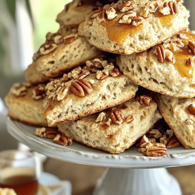 To make Maple Pecan Bakery Scones, you will need: - 2 cups all-purpose flour - 1/2 cup packed brown sugar - 1 tablespoon baking powder - 1/2 teaspoon salt - 1/4 cup unsalted butter, cold and cubed - 1/2 cup chopped pecans - 1/2 cup heavy cream - 1/4 cup pure maple syrup - 1 large egg - 1 teaspoon vanilla extract - 1/2 teaspoon cinnamon (optional) - Extra maple syrup for drizzling You can adjust some ingredients if needed. Here are a few ideas: - Use whole wheat flour for a nuttier taste. - Swap brown sugar for white sugar if you prefer. - You can replace heavy cream with milk or a non-dairy milk. - If you don’t have pecans, walnuts work well too. - Maple syrup can be exchanged for honey or agave syrup. Quality matters when making scones. Here’s why: - Use fresh flour for the best texture. Old flour can make scones tough. - Choose real maple syrup for rich flavor; avoid imitation syrup. - Fresh eggs help the scones rise nicely. - Cold butter is key. It makes the scones flaky and tender. - Look for high-quality nuts; they should be crunchy and not stale. Using good ingredients leads to great scones! Enjoy every bite of your Maple Pecan Bakery Scones. First, gather all your ingredients. You need: - 2 cups all-purpose flour - 1/2 cup packed brown sugar - 1 tablespoon baking powder - 1/2 teaspoon salt - 1/4 cup unsalted butter, cold and cubed - 1/2 cup chopped pecans - 1/2 cup heavy cream - 1/4 cup pure maple syrup - 1 large egg - 1 teaspoon vanilla extract - 1/2 teaspoon cinnamon (optional) - Extra maple syrup for drizzling Next, preheat your oven to 400°F (200°C). Line a baking sheet with parchment paper to prevent sticking. In a big bowl, sift the flour, brown sugar, baking powder, salt, and cinnamon if you choose to use it. This step helps mix the dry ingredients well. Now, add the cold, cubed butter to the flour mix. Use your fingers or a pastry cutter. Mix until it looks like coarse crumbs. Then stir in the chopped pecans. Make sure they are spread out evenly in the mix. In another bowl, whisk the heavy cream, maple syrup, egg, and vanilla until they blend well. Pour this mix into the dry ingredients. Stir gently until it all comes together. Remember, a few lumps are okay! Turn the dough onto a floured surface. Shape it into a circle, about 1 inch thick. You can cut it into 8 wedges, or use a round cutter for smaller scones. This makes them easy to eat. Place the scones on the prepared baking sheet. Space them out so they have room to rise. Bake in the preheated oven for 15-20 minutes. They should turn golden brown on top. Keep an eye on them near the end. Once done, remove the scones from the oven. Let them cool for a few minutes on the baking sheet. This helps set their shape. When ready, drizzle some extra maple syrup on top for added sweetness. For a lovely presentation, serve the scones warm. Use a tiered cake stand and add extra pecans on top. A dollop of whipped cream makes it even more special. Enjoy your tasty Maple Pecan Bakery Scones! To get soft and flaky scones, use cold butter. Cut it into small cubes before adding it to the flour mix. Avoid overmixing the dough. It’s okay to leave some lumps. This helps keep the scones light. One common mistake is overworking the dough. This makes the scones tough. Another mistake is using warm butter. Always use cold butter for the best results. Lastly, don’t skip the baking time. Each oven is different, so check for a golden top. Mix the dry ingredients first. This helps evenly distribute the baking powder and sugar. When you add the wet ingredients, stir gently. It’s best to mix just until you see no dry flour. This keeps your scones tender and delicious. {{image_2}} You can add fun flavors to your scones! Try adding 1/2 teaspoon of nutmeg for warmth. Dried fruits like cranberries or cherries will add a nice chew. Fresh apples, diced small, offer a juicy bite. To make these scones gluten-free, swap the all-purpose flour for a gluten-free blend. Ensure it has a good binding agent, like xanthan gum. This keeps the scones light and fluffy. Making these scones vegan is easy! Replace the butter with coconut oil or vegan butter. Use plant-based milk instead of heavy cream. For the egg, try a flax egg made from one tablespoon of ground flaxseed mixed with three tablespoons of water. This keeps the scones moist and delicious. To store leftover scones, place them in an airtight container. This keeps them fresh longer. You can also wrap them in plastic wrap. Make sure to let them cool completely before storing. This helps prevent sogginess. Store them at room temperature for up to two days. You can freeze scones for longer storage. Wrap each scone in plastic wrap. Then, place them in a freezer bag. Squeeze out as much air as you can before sealing. They will stay fresh for up to three months. When ready to eat, thaw at room temperature. Reheat in the oven at 350°F (175°C) for about 10 minutes. This warms them up and restores their texture. Freshly baked scones taste best within the first few days. They remain good for about two days at room temperature. If you keep them in the fridge, they may last up to a week. However, the texture may change. For the best taste, enjoy them soon after baking. Yes, you can make these scones ahead of time. Prepare the dough and cut it into wedges. Cover them tightly with plastic wrap. You can freeze them for up to two months. When ready, bake them straight from the freezer. Just add a few extra minutes to the baking time. Watch for the scones to turn golden brown on top. The edges should look slightly crisp. You can also insert a toothpick into the center. If it comes out clean, the scones are done. They should feel firm to the touch but still soft inside. Serve these scones warm for the best taste. Place them on a tiered cake stand for a nice display. Drizzle with extra maple syrup and add a few chopped pecans on top. A dollop of whipped cream makes them even more special. Enjoy them with coffee or tea for a lovely treat! You learned about the key ingredients to make delicious scones. We discussed ingredient swaps, baking steps, and how to get the best texture. I shared tips on adding flavors and offered storage ideas to keep your scones fresh. Now, you can bake with confidence, avoid common mistakes, and enjoy tasty variations. Experiment with flavors and techniques to make this recipe your own. Enjoy your baking journey and share your delicious scones with others!
