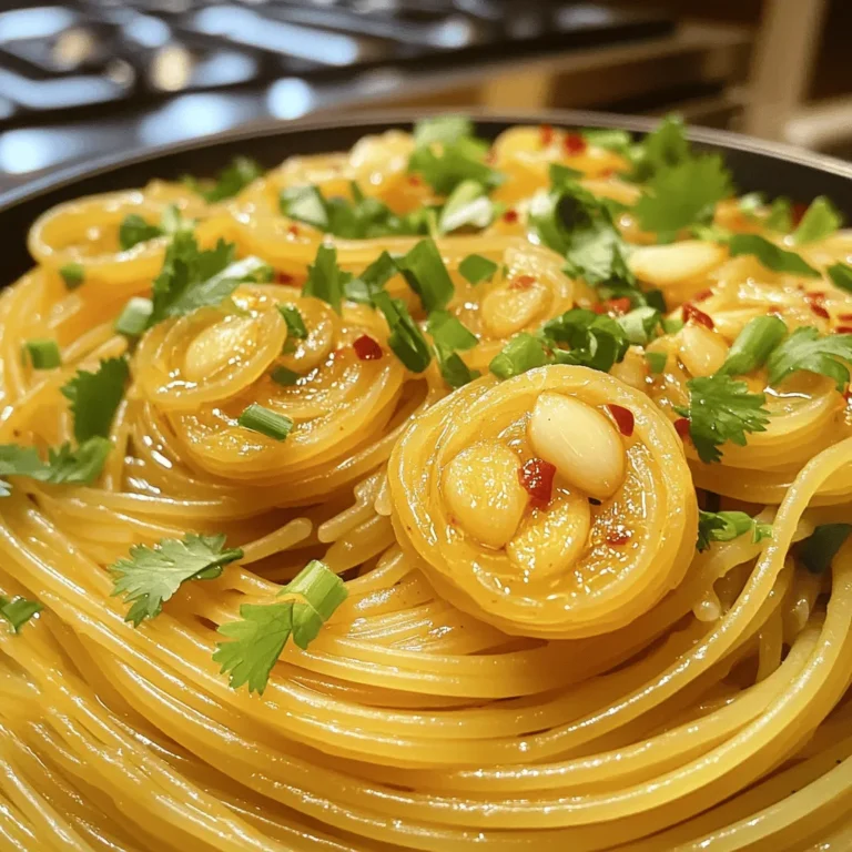 - 8 oz. spaghetti or egg noodles - 4 tablespoons olive oil - 5 cloves garlic, thinly sliced - 2-3 tablespoons chili flakes (adjust to taste) - 2 tablespoons soy sauce - 1 tablespoon sesame oil - 1 teaspoon sugar - 2 green onions, finely chopped - Salt to taste - Fresh cilantro for garnish The heart of this dish lies in its key ingredients. The spaghetti or egg noodles form the base, while the olive oil carries rich flavor. Garlic adds a warm aroma, and chili flakes provide the heat. Soy sauce and sesame oil bring depth, while sugar balances the spice. Green onions and cilantro add freshness and color. - Additional protein (chicken, shrimp, tofu) - Vegetables (bell pepper, broccoli, snap peas) - Extra spices or sauces (hoisin, oyster sauce) Feel free to enhance the dish with optional ingredients. Adding proteins like chicken, shrimp, or tofu makes it a complete meal. You can toss in veggies such as bell peppers or broccoli for extra crunch and nutrition. To further boost flavor, consider adding hoisin or oyster sauce. Mix and match these options to suit your taste and make this dish your own! - Bringing water to a boil: Start by filling a large pot with water. Add a pinch of salt and bring it to a rolling boil. - Cooking time and draining: Once boiling, add 8 oz. of spaghetti or egg noodles. Cook them for about 8 to 10 minutes or until they are al dente. Drain the noodles in a colander, but keep 1/4 cup of the pasta water for later. - Heating the olive oil: In a large skillet or wok, pour in 4 tablespoons of olive oil. Heat it over medium heat until it shimmers. - Sautéing garlic until golden: Add 5 cloves of thinly sliced garlic. Sauté the garlic for about 2 to 3 minutes, stirring often. Watch closely to prevent burning. You want it golden and fragrant. - Adding chili flakes: Once the garlic is ready, stir in 2 to 3 tablespoons of chili flakes. Cook for another minute. This allows the flavor to blend into the oil. - Integrating noodles and seasonings: Lower the heat and add your drained noodles. Pour in 2 tablespoons of soy sauce, 1 tablespoon of sesame oil, and 1 teaspoon of sugar. Toss everything together. If it feels dry, add some reserved pasta water to help coat the noodles. - Adjusting seasoning and garnish: Add 2 finely chopped green onions and a pinch of salt. Toss again to mix well. Serve the noodles in bowls, topping with fresh cilantro for added flavor and color. To make great garlic chili oil noodles, you need perfect noodles. First, check doneness by tasting them. They should be firm but not hard. This is called al dente. Cooking times vary, so follow the package instructions. Don't forget to reserve some pasta water before you drain the noodles. This starchy water helps mix with the sauce. It adds creaminess and binds the flavors. You can adjust the spice levels to suit your taste. If you like it hot, add more chili flakes. If you prefer mild, use less. Start slow and taste as you go. To infuse more flavor, try adding ingredients like ginger or soy sauce. Add a splash of rice vinegar for extra zest. You can even toss in some sautéed veggies for a fresh twist. Garnishing makes your dish look special. Top the noodles with chopped green onions for crunch. Fresh cilantro adds color and flavor. A sprinkle of sesame seeds also looks nice. For serving, place the noodles in deep bowls. This makes it easy to mix and enjoy. You can pair them with a side salad or crispy vegetables for a full meal. {{image_2}} To make your noodles even spicier, simply increase the chili flakes. Start with an extra tablespoon. If you love heat, try adding fresh chili peppers. Slice them thin and add them when you sauté the garlic. This gives your dish an extra kick and fresh flavor. You can easily make this dish vegetarian or vegan. Swap the soy sauce for a gluten-free option if needed. For added nutrition, toss in your favorite veggies. Bell peppers, broccoli, or snap peas work great. Simply stir-fry them with the garlic before adding the noodles. Want to simplify your cooking? You can make one-pot garlic chili oil noodles. Cook the noodles right in the skillet with the sauce. Add enough water to cover the noodles. Stir frequently to prevent sticking. This saves you time and reduces dishwashing! To keep your Garlic Chili Oil Noodles fresh, store them in an airtight container. Place the noodles in the fridge as soon as they cool down. They will stay good for about 3 to 4 days. If you want to keep them longer, consider freezing. In the freezer, they can last up to 2 months. Just make sure to thaw them in the fridge before reheating. When it’s time to heat your noodles, avoid soggy results. The best way is to use a skillet. Add a splash of water or broth to help steam the noodles. Heat over medium-low. Stir often to ensure even warming. You can also use the microwave. Place the noodles in a bowl, add a bit of water, and cover it with a damp paper towel. Heat in short bursts, stirring between each one. This will help keep them from drying out. Garlic chili oil noodles are a tasty dish. They combine noodles with garlic and chili oil. The flavors are bold and spicy. The garlicky aroma fills the air, making your mouth water. You get a kick from the chili flakes. The soy sauce adds depth and umami. This dish is simple yet packs a punch. The fresh cilantro on top adds color and brightness. Yes, you can make garlic chili oil noodles in advance. Cook the noodles and chili oil as usual. Let them cool down before storing. Place them in an airtight container in the fridge. They will last for about 3 to 4 days. When you want to eat them, just reheat in a skillet. Add a splash of water to keep them moist. You can pair garlic chili oil noodles with many sides. Steamed vegetables like broccoli or snap peas work well. A simple green salad adds freshness. You can also serve grilled chicken or shrimp for protein. Other great options include egg rolls or dumplings. These sides enhance the meal and make it more filling. To adjust the spice level, you have options. For a milder taste, use fewer chili flakes. You can also remove the seeds from fresh chili peppers. If you want more heat, add extra chili flakes or fresh sliced chili. Taste as you go to find your perfect balance. Enjoy the process of making it your own! Garlic Chili Oil Noodles are a delicious and easy dish to make. We covered the main and optional ingredients, step-by-step cooking methods, and tips to get it just right. You learned how to customize flavors and even store leftovers effectively. Enjoy making this dish your own with spice levels that suit you. It’s a simple yet tasty recipe that can fit any meal. I hope you feel inspired to try it out. Enjoy cooking!