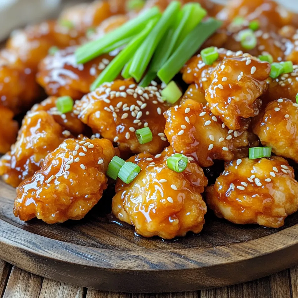 - 1 lb boneless, skinless chicken thighs - 1/4 cup honey - 1/4 cup soy sauce - 1 tablespoon sesame oil - 1 tablespoon fresh ginger - 2 cloves garlic - 1 tablespoon cornstarch - 1 teaspoon sesame seeds - 2 green onions - Salt and pepper to taste For this Air Fryer Honey Sesame Chicken, you need a few key items. First, I always choose boneless, skinless chicken thighs. They stay juicy and cook well in the air fryer. Next, honey adds sweetness. It balances the salty soy sauce. I like to use low-sodium soy sauce for a lighter flavor. Sesame oil adds a nice nutty taste. Fresh ginger and garlic give a great kick. Don't forget cornstarch! It helps the chicken get crispy. Sesame seeds add a lovely crunch as a garnish. For garnishes, I use sliced green onions. They add color and flavor. You can season with salt and pepper to taste. With these ingredients, you are ready to make a delicious meal! 1. In a big bowl, mix honey, soy sauce, sesame oil, grated ginger, and minced garlic. Stir well to make a tasty marinade. 2. Add the chicken pieces to the bowl. Make sure each piece is well coated with the marinade. Cover the bowl with plastic wrap. Let it sit for at least 30 minutes. For a deeper flavor, refrigerate it for up to 2 hours. 1. Preheat your air fryer to 370°F (190°C). This step helps to cook the chicken evenly. 2. Take the chicken out of the marinade. Shake off any extra liquid. Lightly sprinkle cornstarch over the chicken and toss it. This makes the chicken crispy when cooked. 3. Place the chicken pieces in the air fryer basket. Make sure they are in a single layer. Don’t overcrowd the basket; you might need to cook in batches. 1. Set the air fryer to cook for 12-15 minutes. 2. Halfway through, shake the basket gently. This helps cook the chicken evenly. The chicken should turn golden brown and reach an internal temperature of 165°F (74°C). 3. When done, move the chicken to a serving platter. Drizzle any leftover marinade on top for more flavor. 4. Garnish with sesame seeds and sliced green onions before serving. To get that delightful crunch, use cornstarch. This is key for crispiness. When you coat the chicken with cornstarch, it creates a crunchy layer. Just sprinkle it lightly over the chicken and toss. Avoid overcrowding the air fryer basket. If you pack in too much chicken, it won't cook evenly. Cook in batches for best results. Marinate your chicken for at least 30 minutes. This helps the flavors soak in deeply. For even better taste, let it marinate for up to 2 hours. Always use low sodium soy sauce. This way, you keep the salt level in check and let the honey shine through. Pair the honey sesame chicken with fried rice or steamed vegetables. These sides balance the dish and add color. You can also serve it with a sweet chili sauce for an extra kick. Drizzle some of the leftover marinade on top before serving for added flavor. {{image_2}} You can switch up the protein in this dish. Using chicken breast works great. It has less fat, but still tastes good. Just cut it into bite-sized pieces like you do with thighs. If you want a plant-based option, try substituting with tofu. Firm tofu holds its shape well during cooking. Just press it to remove extra water, then cut it into cubes. Marinate it just like the chicken for the best flavor. You can easily change the flavor of your honey sesame chicken. If you like spice, add some chili flakes or even fresh chili. This adds a kick and makes it more exciting. You can also experiment with other seasonings. Try adding garlic powder or a splash of rice vinegar for a unique twist. Each change can lead to a new taste you might love. How you serve this dish can change the whole meal. Try making wraps with lettuce or tortillas. This adds a fun touch and makes it easy to eat. You can also serve the chicken over rice or mixed into a salad. The honey sesame sauce pairs well with both options. Each way brings out different flavors and textures in your meal. After enjoying your Air Fryer Honey Sesame Chicken, store any leftovers properly. - Refrigeration: Place the chicken in an airtight container. It will stay fresh for up to 4 days in the fridge. - Freezing: For longer storage, freeze the chicken in a freezer-safe bag. Remove as much air as possible. It can last up to 3 months in the freezer. To enjoy your leftovers, reheating correctly is key. - Best methods: Use the air fryer for the best texture. It keeps the chicken crispy. You can also use an oven. - Time and temperature: Preheat the air fryer to 350°F (175°C). Heat for about 5-7 minutes. If using an oven, set it to 350°F (175°C) and heat for about 10-15 minutes. Check that the chicken is hot all the way through. You can check if the chicken is done by using a meat thermometer. It should reach an internal temperature of 165°F (74°C). The chicken will also look golden brown and no longer pink in the center. Yes, you can use skin-on chicken thighs. The skin adds extra flavor and crispiness. However, it may take a bit longer to cook. Keep an eye on the chicken and check the internal temperature to ensure it's done. You can pair honey sesame chicken with many side dishes. Here are a few great options: - Steamed rice - Fried rice - Sautéed vegetables - Asian-style slaw - Noodles These sides complement the sweet and savory flavors of the chicken. Yes, this recipe is perfect for meal prep. You can portion the chicken into meal-sized containers. Store it in the fridge for up to four days. To keep it fresh, make sure to cool the chicken before sealing. You can also freeze the cooked chicken for up to three months. Just thaw and reheat when ready to eat! This blog post covered a tasty honey sesame chicken recipe. You learned about the main and additional ingredients, plus tips for marinating and cooking in the air fryer. We shared ideas for variations, storage tips, and answers to common questions. This dish is simple yet flavorful, perfect for any occasion. I hope you feel inspired to try it out and make it your own! Enjoy every bite and share this delight with friends and family.