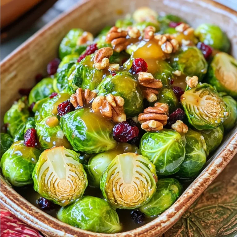- 1 pound Brussels sprouts, trimmed and halved - 1 cup apple cider - 2 tablespoons olive oil - 2 tablespoons maple syrup - 1 teaspoon Dijon mustard - 1/2 teaspoon cinnamon - Salt and pepper to taste - 1/4 cup chopped walnuts - 1/4 cup dried cranberries The first step in making Apple Cider Glazed Brussels Sprouts is to gather your ingredients. You'll need fresh Brussels sprouts, which bring a nice crunch. The apple cider adds sweetness and tang. Olive oil is key for sautéing and enhances the flavors. For the glaze, maple syrup gives a rich sweetness. Dijon mustard adds a slight kick, while cinnamon gives warmth and depth. Don't forget the garnishes! Salt and pepper help balance the dish. Walnuts add a crunchy texture, and dried cranberries bring a pop of color and sweetness. Each part of these ingredients works together to create a rich, layered flavor that makes this dish shine. - Trim and halve the Brussels sprouts. Start by cutting off the stem end. Slice each sprout in half. This helps them cook evenly. - Rinse and pat dry. Place the halved sprouts under cold water. This removes any dirt. After rinsing, use a clean towel to dry them. - Heat olive oil in a skillet. Use a large skillet over medium heat. Let the oil warm up for a minute. - Sauté until golden brown and tender. Add the sprouts cut side down. Cook for 5-7 minutes. They should turn a nice golden color. Stir them and cook for another 3-4 minutes until they are tender but still crisp. - Combine apple cider, maple syrup, Dijon mustard, and cinnamon. In a small saucepan, mix all four ingredients. This will create a sweet and tangy glaze. - Simmer until reduced and thickened. Heat this mixture over medium heat. Let it cook for about 10 minutes. Stir occasionally until the glaze reduces by half and thickens slightly. - Coat Brussels sprouts with glaze. Pour the glaze over the cooked sprouts in the skillet. Toss them gently to coat evenly. - Season and garnish before serving. Add salt and pepper to taste. Transfer to a serving dish. Sprinkle with chopped walnuts and dried cranberries for extra crunch and sweetness. To cook Brussels sprouts well, use a wide skillet. A cast-iron or non-stick pan works best. The flat surface helps the sprouts brown nicely. Start on medium heat. This will give you a nice golden color. Don’t rush; let them cook for about 5-7 minutes cut side down. After that, stir and cook for a few more minutes. You want them tender but still crisp. To boost the taste, try adding a pinch of nutmeg or some garlic powder. Fresh herbs like thyme or rosemary can also add a nice touch. When measuring spices, use measuring spoons for accuracy. Too much spice can overpower the dish. Balance is key, so taste as you go. For an eye-catching dish, serve the Brussels sprouts on a white plate. This makes the colors pop. Arrange them in a circle and sprinkle walnuts and cranberries on top. This adds crunch and sweetness. For main courses, these glazed sprouts pair well with roasted chicken or pork. They add a lovely contrast to hearty meats. {{image_2}} You can switch up some ingredients to fit your taste. Instead of maple syrup, try honey or agave syrup for a different sweetness. If you want a richer flavor, use brown sugar. For the nuts, walnuts work great, but pecans or almonds are tasty too. You can also swap dried cranberries for raisins or chopped apples. This keeps the dish fresh and fun! If you want a vegan dish, skip the honey. Use maple syrup for sweetness. You can also replace the Dijon mustard with a vegan version. For those with gluten issues, check your mustard and apple cider for gluten-free labels. Most are safe, but it’s good to check. This way, everyone can enjoy your meal! Using seasonal produce makes this dish shine. In fall, add roasted pumpkin or squash for extra color and flavor. In spring, toss in some fresh peas or asparagus for a bright touch. For holiday meals, sprinkle pomegranate seeds on top for a festive look. These small changes keep your dish exciting and in tune with the seasons! To store leftovers, let your Brussels sprouts cool down. Place them in a clean bowl. Cover the bowl with plastic wrap or use a tight lid. This keeps them fresh and tasty. You can store them in the fridge for about 3 to 5 days. For best results, use glass containers or airtight plastic ones. They help keep moisture in and odors out. When you reheat your Brussels sprouts, use the stovetop for the best texture. Heat a skillet over medium-low heat. Add a splash of water or olive oil to keep them moist. Stir often for about 5 minutes until they are hot. This method helps keep their crunch. You can also use the microwave. Place them in a microwave-safe dish. Cover it with a lid or microwave-safe wrap. Heat for 1 to 2 minutes, stirring halfway. Yes, you can freeze Apple Cider Glazed Brussels Sprouts! First, let them cool completely. Then, place them in a freezer-safe bag. Remove as much air as you can before sealing. They can last in the freezer for up to 3 months. To thaw, move them to the fridge overnight. For a quicker option, use the microwave on defrost. After thawing, reheat them on the stovetop to restore their texture. It takes about 30 minutes to make this dish. You spend 10 minutes on prep and 20 minutes cooking. Start by trimming and halving the Brussels sprouts. This step is quick but key for even cooking. Sauté them until they are golden brown. Then, you simmer the apple cider glaze for about 10 minutes. The timing is easy to follow and perfect for a weeknight meal. Yes, you can prepare this dish ahead of time. Cook the Brussels sprouts and make the glaze. Store them separately in the fridge. When you're ready to serve, simply reheat them together in a skillet. This keeps the sprouts crisp and the glaze fresh. You can also prep the sprouts earlier in the day. Just remember to toss them with the glaze right before serving. Apple Cider Glazed Brussels Sprouts pair well with many dishes. Here are some great options: - Roasted chicken or turkey - Grilled pork chops - Quinoa salad - Mashed potatoes - Rice pilaf These sides add variety and balance to your meal. You can mix and match based on your taste and diet. Enjoy the sweet and savory flavors together! This blog covered how to make delicious Apple Cider Glazed Brussels Sprouts. You learned about key ingredients, like sprouts, cider, and spices. I shared step-by-step cooking tips to achieve the best flavor. Exploring variations and storage also helps you adapt the dish to fit your needs. Try this easy recipe for your next meal. It's tasty, simple, and perfect for any occasion. Enjoy your cooking!