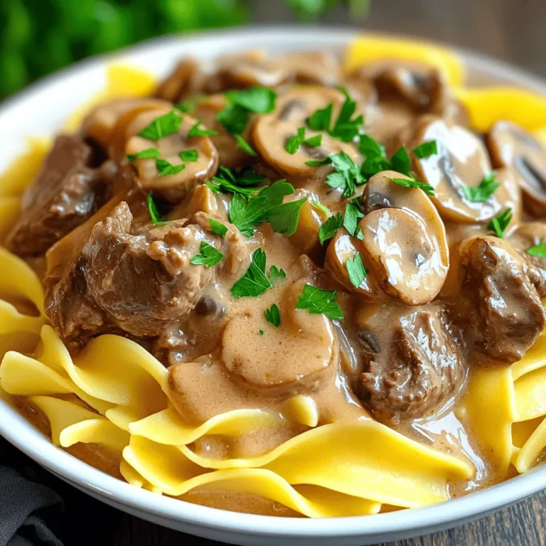 - 1.5 lbs beef chuck roast, cut into bite-sized pieces - 8 oz mushrooms, sliced (button or cremini) - 1 medium onion, finely chopped - 3 cloves garlic, minced The main ingredients create a rich and hearty flavor. The beef chuck roast gives the dish a tender bite. Mushrooms add a deep, earthy taste. Onions provide sweetness, while garlic adds a punch of flavor. - 2 cups beef broth (low-sodium) - 1 tablespoon Worcestershire sauce - 1 teaspoon Dijon mustard - 1 teaspoon dried thyme - 1 teaspoon paprika - Salt and pepper to taste Seasoning is key in stroganoff. Beef broth serves as the base and adds depth. Worcestershire sauce brings umami, while Dijon mustard adds a tangy twist. Thyme and paprika enhance the dish's aroma. Salt and pepper balance all the flavors. - 1 cup sour cream (full-fat for richness) - 2 tablespoons cornstarch mixed with 2 tablespoons water (optional, for thickening) - 8 oz egg noodles (for serving) - Fresh parsley, chopped (for garnish) Sour cream gives a creamy texture and rich taste. Cornstarch can thicken the sauce if needed. Egg noodles serve as a perfect base, soaking up the sauce. Fresh parsley brightens the dish and adds a pop of color. First, gather all your ingredients. Start by chopping the onion finely. Slice the mushrooms into thin pieces. Mince the garlic cloves finely. Cut the beef chuck roast into bite-sized pieces. This helps it cook evenly. Next, mix the beef, mushrooms, onion, and garlic in the slow cooker. Pour the beef broth over this mixture. Add the Worcestershire sauce, Dijon mustard, dried thyme, paprika, salt, and pepper. Stir it all well to combine. Set your slow cooker to low for 6-8 hours or high for 3-4 hours. The low setting gives the beef time to become tender. Stir the mixture every few hours if you can. This helps blend the flavors together. You want the beef to be soft and juicy when done. Check it with a fork. If it falls apart easily, it’s ready. When cooking time is up, it’s time for the sour cream. Stir in the sour cream until everything is creamy and smooth. If you want a thicker sauce, mix cornstarch with water first. Then stir it into the stroganoff and cook for an extra 30 minutes. While the stroganoff thickens, cook the egg noodles. Follow the package instructions. Drain them and set aside. Serve the beef and mushroom stroganoff over the noodles. Top with chopped fresh parsley for a bright finish. Enjoy this warm and rich delight! Choosing the right cut of beef For this dish, I recommend using beef chuck roast. It has good fat content and becomes tender when cooked slowly. Other cuts, like sirloin, may dry out. Cooking times and temperature settings Slow cooking works best on low heat for 6 to 8 hours. If you’re short on time, use high heat for 3 to 4 hours. Always check the beef for tenderness before serving. Additional seasoning options Want to boost the flavor? Add a splash of red wine or a bay leaf. You can also try a pinch of cayenne pepper for some heat. Using homemade broth vs. store-bought Homemade beef broth makes a big difference. It adds depth and richness. Store-bought works too, but choose low-sodium to control salt levels. Plating suggestions Serve the stroganoff over egg noodles for a nice base. Use a deep bowl to catch the sauce. This gives a cozy feel to the dish. Garnishing ideas Top with fresh parsley for color and freshness. A sprinkle of paprika adds a nice touch too. It makes the dish look as good as it tastes! {{image_2}} You can easily change the meat in this recipe. Instead of beef, try chicken or turkey. They both cook well in a slow cooker. The flavor will change, but it will still be tasty. Mushrooms are also flexible. While I love button or cremini mushrooms, you can use shiitake or portobello. Each type adds its unique taste and texture. If you need a gluten-free meal, use gluten-free egg noodles. You can also swap the Worcestershire sauce for a gluten-free version. This keeps the rich flavor without gluten. For dairy-free options, replace sour cream with coconut cream or cashew cream. Both add creaminess without dairy. You can still enjoy a delicious meal while meeting dietary needs. Pair your stroganoff with simple side dishes. Steamed broccoli or green beans brighten the plate and add nutrition. A fresh salad also works well as a side. For toppings, try fresh herbs like thyme or basil. A sprinkle of paprika adds color and a little spice. You can even add a squeeze of lemon for a fresh twist. Store any leftovers in the fridge. Use airtight containers for the best results. Glass or plastic containers work well. Make sure to cool the stroganoff before sealing. This helps keep it fresh and tasty. Consume within three to four days for the best flavor. To freeze, let the stroganoff cool completely. Then, place it in freezer-safe bags or containers. Remove as much air as you can to prevent freezer burn. You can freeze it for up to three months. To thaw, place it in the fridge overnight. Reheat on the stove or in the microwave until hot. Stir well to ensure even heating. For the best quality, eat leftovers within a week in the fridge. In the freezer, it lasts for three months. Check for signs of spoilage before eating. If it smells off or has a strange color, discard it. Always prioritize safety when it comes to food storage. Yes, you can use other meats. Chicken or pork work great in this dish. Chicken thighs give a juicy bite, while pork shoulder adds a rich taste. Just cut them into similar sizes as the beef. Cook them the same way as the beef. You may need to adjust the cooking time slightly. To add some heat, try these tips: - Add red pepper flakes for a gentle kick. - Use spicy mustard instead of Dijon. - Include chopped jalapeños or serrano peppers. - Mix in a dash of hot sauce when serving. Start small and taste as you go. You can always add more heat! If you don't have sour cream, here are some ideas: - Greek yogurt gives a nice tang. - Cream cheese can add creaminess. - Silken tofu works for a dairy-free option. - Coconut cream is a great non-dairy choice, too. Just mix in any substitute until smooth. To make more servings, here’s what to do: - Double the meat and mushrooms. - Add more broth and seasonings as needed. - Increase cooking time slightly, especially on low heat. - Keep an eye on the dish, ensuring it stays tender. This way, everyone gets to enjoy a plateful! In this post, we explored how to make a tasty beef stroganoff. We covered main ingredients like beef chuck, mushrooms, and seasoning. I shared cooking tips for slow cooking and serving suggestions. Remember, you can adapt this recipe with different meats and spices. Whether you're storing leftovers or seeking alternatives, this dish can fit many needs. Enjoy trying new flavors and make it your own!