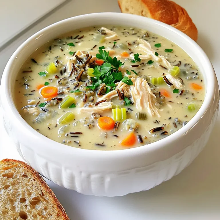 - 1 pound boneless, skinless chicken breasts - 1 cup wild rice, rinsed - 1 medium onion, chopped - 2 carrots, diced - 2 stalks celery, diced - 3 cloves garlic, minced These main ingredients form the heart of your creamy chicken wild rice soup. The chicken breasts provide protein and richness. Wild rice adds a nutty flavor and chewy texture. The vegetables, like onion, carrots, celery, and garlic, give depth and sweetness. This blend creates a comforting base for your soup. - 1 teaspoon dried thyme - 1 teaspoon dried rosemary - 6 cups low-sodium chicken broth - 1 cup heavy cream - Salt and pepper to taste - 2 tablespoons olive oil Seasonings like thyme and rosemary enhance the soup's flavor. Low-sodium chicken broth keeps it light and allows the other flavors to shine. Heavy cream makes it creamy and rich. Olive oil adds healthy fat and helps sauté the vegetables. Salt and pepper balance everything perfectly. - Fresh parsley, chopped for garnish - Crusty bread Garnishing with fresh parsley adds color and freshness. A side of crusty bread complements the soup nicely. You can dip the bread into the soup for an extra treat. These garnishes take your dish from good to great! To start, I heat the slow cooker with olive oil. I add chopped onion, diced carrots, diced celery, and minced garlic. I stir it all together. Let it cook for about 5 minutes. This softens the veggies and brings out their flavors. Next, I prepare the slow cooker. I make sure it is clean and ready for cooking. This is key for even heating. Now, I add the rinsed wild rice to the slow cooker. I also place the chicken breasts on top. Then, I sprinkle in dried thyme and dried rosemary. I add a little salt and pepper too. Mixing it all helps the spices coat everything well. After that, I pour in the low-sodium chicken broth. It should cover the rice and chicken. This broth is the base for our creamy soup. For cooking, I set the slow cooker on low for 6-8 hours. If you’re short on time, high for 4-6 hours works too. I check that the chicken is cooked through and the rice is tender. Once done, I take out the chicken breasts. Using two forks, I shred the chicken into bite-sized pieces. Then, I return the shredded chicken back to the slow cooker. Finally, I stir in the heavy cream. This makes the soup rich and creamy. I mix it well and taste it. If needed, I adjust the seasoning with more salt and pepper. I let the soup heat through for about 10-15 minutes on the warm setting. To make your soup pop, adjust the seasoning. I like to add a pinch more salt and pepper. This small change can greatly enhance the taste. Fresh ingredients also matter. When you use fresh herbs, like parsley, the flavor shines. Fresh veggies add texture and a bright taste too. Cooking the wild rice correctly is key. Rinse it well before adding it to the slow cooker. This step removes excess starch and helps it cook evenly. When it comes to cream, add it slowly. Stir it in gently after shredding the chicken. This keeps the cream smooth and makes the soup rich. Serve the soup in large, warm bowls. This adds a cozy feel. Pair it with crusty bread for a nice crunch. For garnish, sprinkle fresh parsley on top. This adds color and a fresh taste. A little extra parsley goes a long way in making your dish look appealing. {{image_2}} For those who need gluten-free options, you can swap wild rice for quinoa. Quinoa is a great choice because it cooks quickly and adds a nice texture. Always check labels for any hidden gluten in pre-packaged ingredients. If you want a dairy-free version, replace heavy cream with coconut milk. Coconut milk gives a rich flavor and keeps the soup creamy. You can also use almond milk, but it will be less thick. You can change the protein in this soup easily. Instead of chicken, try turkey or even tofu for a vegetarian option. Both will absorb the flavors well and keep the soup hearty. For grains, if you don’t have wild rice, brown rice or farro work well. Just remember that cooking times may change. Brown rice takes longer to cook, so add it early in the process. To boost the flavor, add spices like paprika or cayenne pepper for some heat. A touch of nutmeg can also make the soup feel warm and cozy. You can switch up the vegetables too. Add mushrooms for an earthy taste, or spinach for a pop of color and nutrition. Each choice makes the soup unique and exciting. After you enjoy your creamy chicken wild rice soup, store leftovers in an airtight container. This keeps the soup fresh and avoids spills. You can keep it in the fridge for up to four days. Make sure to let it cool before sealing the container. This helps prevent condensation that can make your soup watery. If you want to save some for later, freezing is a great option. Pour the cooled soup into freezer-safe containers or bags. Leave some space at the top for expansion. You can freeze the soup for up to three months. When it's time to eat again, thaw it in the fridge overnight. This keeps the flavor intact. To warm up your soup, you have a few choices. You can use the stove or microwave. If using the stove, heat on low to avoid burning. Stir often to keep the texture smooth. If using the microwave, heat in short bursts, stirring in between. This helps the soup heat evenly. For the best flavor, add a splash of cream when reheating. This will keep it creamy and delicious. Yes, you can use brown rice. However, the cooking time will change. Brown rice takes longer to cook than wild rice. You need to add about 30 minutes to the cooking time. Wild rice has a chewy texture, while brown rice is softer and nuttier. This will change the soup's flavor and feel. You can prepare this soup in advance. Make it a day or two ahead of time. Store it in the fridge in an airtight container. It is best to add cream just before serving. This keeps the soup creamy and fresh. You can also freeze the soup. It will last up to three months in the freezer. To thaw, place it in the fridge overnight. This soup pairs well with simple sides. Crusty bread is a great choice. It soaks up the soup nicely. A fresh green salad can add crunch and color. You can also serve it with crackers for a fun twist. These sides enhance the meal and make it feel special. This post covered the recipe for creamy chicken wild rice soup. We explored key ingredients like chicken, wild rice, and fresh veggies. You learned how to prepare, cook, and store the soup. We also shared tips for flavor and texture, plus variations for dietary needs. Remember, cooking is an art. Adjust the recipe to suit your taste and enjoy your meal. Make this soup and savor its warmth and comfort.