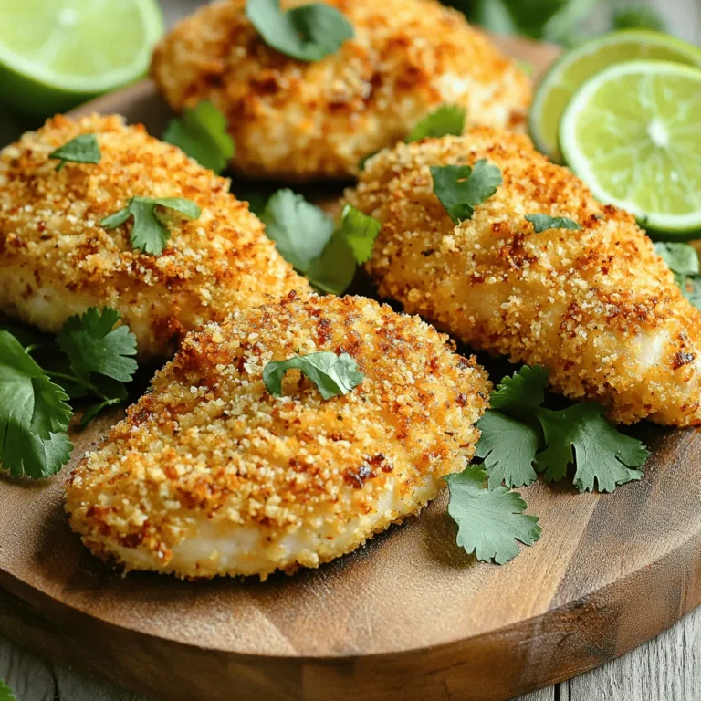 To make Air Fryer Chili Lime Chicken Tenders, you'll need: - 1 lb chicken tenderloins - 2 tablespoons chili powder - 1 teaspoon garlic powder - 1 teaspoon onion powder - 1 teaspoon paprika - 1 teaspoon ground cumin - Juice of 2 limes - Zest of 1 lime - 1 tablespoon olive oil - Salt and pepper to taste - 1 cup breadcrumbs (preferably panko for extra crunch) These ingredients create a dish that bursts with flavor. The chicken tenderloins are juicy and cook perfectly in the air fryer. The spices add warmth and depth. Lime juice and zest give a fresh, tangy kick. Olive oil helps the spices stick and adds richness. Breadcrumbs provide the perfect crunch when fried. You can enhance your chicken tenders with: - Fresh cilantro - Lime wedges These garnishes add color and fresh flavor. The cilantro brings a nice herb taste, while lime wedges give an extra burst of citrus when squeezed on top. They make the dish look beautiful too! Mixing the spice blend In a large bowl, gather your spices. Use 2 tablespoons of chili powder, 1 teaspoon of garlic powder, 1 teaspoon of onion powder, 1 teaspoon of paprika, and 1 teaspoon of ground cumin. Add salt and pepper to taste. Mix well. This blend gives the chicken a zesty kick. Coating chicken with spices and marinade Add 1 pound of chicken tenderloins to the spice mix. Toss the chicken until each piece is well-coated. Squeeze the juice of 2 limes over the chicken and add the lime zest. Drizzle 1 tablespoon of olive oil on top. Mix everything well. Let the chicken marinate for at least 15 to 20 minutes. This step boosts the flavor. Preheating the air fryer Set your air fryer to preheat at 400°F (200°C). This usually takes about 5 minutes. Preheating helps the chicken cook evenly. Bread the chicken tenders While the air fryer heats up, prepare your breadcrumbs in a shallow dish. Remove the chicken from the marinade. Dip each tenderloin into the breadcrumbs. Press lightly to ensure an even coating. This adds a crunchy texture. Air frying process Once the air fryer is ready, place the breaded chicken tenders in the fryer basket in a single layer. If needed, cook in batches. Air fry the chicken for 10 to 12 minutes. Flip them halfway through cooking. They should turn golden brown and reach an internal temperature of 165°F (74°C). After cooking, let the chicken rest for a few minutes. Garnish with fresh cilantro and lime wedges. Enjoy your flavorful dish! Marinating chicken helps lock in flavors. It makes the chicken tender and juicy. For this recipe, marinate for at least 15-20 minutes. If you have more time, let it sit for an hour. This extra time allows the spices to soak in deeply. Use lime juice and zest for a bright flavor boost. The acid from the lime helps break down the meat fibers, making it more tender. Set your air fryer to 400°F (200°C). Preheat it for about 5 minutes before cooking. This ensures even cooking and a nice crisp. If you're making a lot of chicken, cook in batches. Overcrowding the basket leads to uneven cooking. Make sure each piece has space to breathe. This helps them get that perfect golden color. For crunch, choose panko breadcrumbs. They are lighter and crispier than regular ones. When breading, dip each tenderloin in the breadcrumbs. Press down lightly to coat evenly. This step is key for that satisfying crunch. If you want an extra layer of flavor, mix in some spices with the breadcrumbs. A little chili powder can add to the kick! {{image_2}} You can easily boost the taste of your chicken tenders by adding extra spices. Try using smoked paprika for a deeper flavor. Cumin adds warmth, while cayenne pepper brings heat. You can mix and match spices to find your favorite blend. Using different citrus juices can also change the flavor profile. Try orange or lemon juice instead of lime. Each juice will bring its own unique taste, making your dish stand out. Experiment with zest from these fruits for added freshness. If you need gluten-free options, use gluten-free breadcrumbs. Many brands offer great alternatives that still give you a nice crunch. You can also crush gluten-free crackers if you can't find breadcrumbs. For a low-carb alternative, skip the breadcrumbs altogether. Instead, use almond flour or crushed pork rinds. These options keep the crispy texture while cutting down on carbs. To store your air fryer chili lime chicken tenders, let them cool first. Place them in an airtight container. They stay fresh for up to three days in the fridge. Make sure to label the container with the date. If you want to keep them longer, freeze them. Wrap each tender in plastic wrap, then place them in a freezer bag. They can last for up to three months in the freezer. To reheat your chicken tenders, the air fryer is the best method. Preheat it to 375°F (190°C). Place the tenders in the basket in a single layer. Heat them for about 5-7 minutes. This keeps them crispy and warm. You can also use the oven. Set it to 350°F (175°C) and bake for about 10-12 minutes. Avoid using a microwave, as it can make them soggy. Enjoy your delicious chicken tenders again with that same great crunch! How long can I marinate the chicken? You can marinate the chicken for at least 15-20 minutes. This time allows the flavors to soak in. If you want a stronger taste, marinating for a few hours is even better. Just make sure to keep it in the fridge. Can I use chicken breasts instead of tenderloins? Yes, you can use chicken breasts. Just cut them into strips so they cook evenly. The cooking time may change slightly, so check for doneness. What is the ideal internal temperature for cooked chicken? The ideal internal temperature for cooked chicken is 165°F (74°C). Use a meat thermometer to check. This ensures the chicken is safe to eat and juicy. Can I cook frozen chicken tenders in an air fryer? Yes, you can cook frozen chicken tenders in an air fryer. Just add a few extra minutes to the cooking time. Make sure they reach 165°F (74°C) before eating. This method gives you crispy tenders without thawing. You learned how to prepare tasty air fryer chicken tenders using simple steps. We covered the important ingredients, from chicken to spices, and how to make them flavorful. We also explored tips for marinating, cooking, and storing your tenders. With these ideas, you can customize flavors or try dietary alternatives. Enjoy your cooking journey and impress others with your delicious creations. Always remember, practice makes perfect, and soon you’ll master air frying!