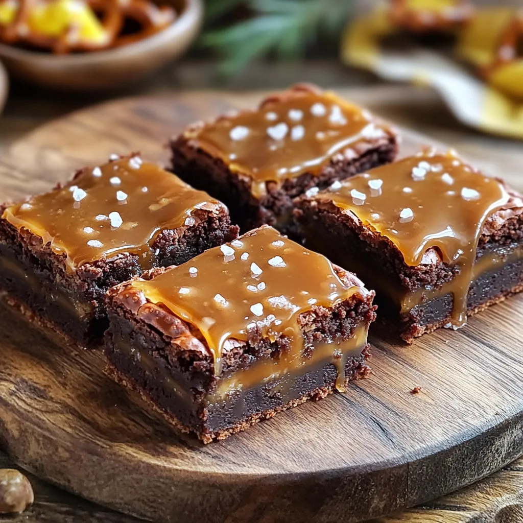 To make Salted Caramel Pretzel Brownie Bars, you will need the following items: - 1 cup unsalted butter (2 sticks) - 1 cup granulated sugar - 1 cup packed brown sugar - 4 large eggs - 1 teaspoon vanilla extract - 1 cup all-purpose flour - 1 cup cocoa powder - 1/2 teaspoon salt - 1 cup pretzel sticks, crushed - 1 cup semi-sweet chocolate chips - 1 cup salted caramel sauce (store-bought or homemade) - Sea salt for sprinkling These ingredients create a perfect mix of sweet and salty. The butter and sugars give the bars a rich flavor. The eggs help bind everything together, making a nice texture. Flour and cocoa powder add structure and a deep chocolate taste. The pretzels add a fun crunch, while the chocolate chips bring sweetness. The salted caramel sauce ties it all together with its gooey richness. Finally, a sprinkle of sea salt on top enhances every bite. Gather these items before you start. It makes the cooking process smoother. Enjoy the joy of baking these bars! - Preheat your oven to 350°F (175°C). - Grease a 9x13-inch baking pan with parchment paper. - In a large saucepan, melt 1 cup of unsalted butter over medium heat. - Once melted, stir in 1 cup of granulated sugar and 1 cup of brown sugar. - Mix until combined and smooth. - Add 4 large eggs, one at a time, mixing well after each. - Stir in 1 teaspoon of vanilla extract for flavor. - In a separate bowl, whisk together 1 cup of all-purpose flour, 1 cup of cocoa powder, and 1/2 teaspoon of salt. - Gradually add the dry mix to the wet mix, stirring until just combined. - Fold in 1 cup of crushed pretzel sticks and 1 cup of chocolate chips. - Pour half of the brownie batter into the prepared pan. - Spread it evenly and drizzle with half of the salted caramel sauce. - Pour the remaining brownie batter on top and spread it out. - Drizzle the rest of the salted caramel sauce and swirl it slightly. - Bake for 25-30 minutes, until a toothpick shows a few moist crumbs. - After baking, sprinkle sea salt on top while still warm. - Let the brownies cool in the pan for 15 minutes. - Use the parchment paper to lift them out and cool completely on a wire rack before cutting into bars. - How to avoid overbaking To keep your brownies soft, set a timer for 25 minutes. Check them with a toothpick. If it comes out with a few moist crumbs, they are done. If you wait too long, they dry out. - Tips for achieving the marbled effect with caramel Drizzle half of the caramel sauce over the first layer of batter. Use a knife to swirl gently. Be careful not to mix it in too much. You want to see both the brownie and caramel. - Best practices for cutting brownies Let the brownies cool completely before cutting. Use a sharp knife for clean edges. Wipe the knife with a damp cloth between cuts for neat slices. - Suggestions for adding different chocolate types You can mix dark chocolate chips for a richer taste. White chocolate adds sweetness. Feel free to combine different types for a fun twist. - Using homemade caramel vs. store-bought Homemade caramel can taste better and be fresher. However, store-bought saves time and works well. Choose what fits your schedule and skills. - Experimenting with nuts or other mix-ins Chopped nuts add crunch and flavor. Try pecans or walnuts. You can also mix in dried fruit or toffee bits for extra texture. Be creative and enjoy the process! {{image_2}} You can make these brownie bars even more fun! Try adding peanut butter for a rich twist. Just swirl in half a cup of creamy peanut butter before baking. This mix gives a nutty flavor that blends well with chocolate. You can also get creative with toppings. Add chopped nuts for crunch or colorful sprinkles for a festive touch. Try using crushed candy bars for a sweet surprise. Each topping can change the flavor and look. If you want a gluten-free option, you can swap regular flour for almond flour or coconut flour. This change will keep the brownies moist and tasty. Just be sure to adjust the amount used, as these flours can change the texture. Seasonal flavors can make these bars stand out. In fall, add pumpkin puree to the batter. This gives a warm and cozy taste that is perfect for autumn. You might also want to sprinkle in some pumpkin spice for extra flavor. During the holidays, you can mix in spices like nutmeg or cinnamon. This will give your brownies a festive aroma. Try adding chopped dried fruit for a chewy texture that fits the season. In summer, consider adding fresh fruit like strawberries or raspberries. These fruits can brighten the flavor and add a juicy burst. Just fold in the fruit gently to avoid smashing it before baking. To keep your brownie bars fresh, follow these tips: - Cool completely: Let the brownies cool down fully before storing. - Use an airtight container: Place them in a container to avoid drying out. - Room temperature: Store at room temperature for up to three days. - Refrigeration: You can refrigerate them for up to a week. This will keep them moist. - Freezing: For longer storage, freeze the brownie bars. Wrap them in plastic wrap, then in foil. They can last up to three months in the freezer. You can enjoy these brownie bars in many ways: - Pair with ice cream: Serve warm brownie bars with vanilla ice cream. The mix of warm and cold is amazing. - Sauces and toppings: Drizzle with extra salted caramel sauce for added sweetness. You can also top with whipped cream or chopped nuts. - At gatherings: Cut into smaller pieces for easy sharing. Serve on a platter with fresh fruit to balance the richness. These ideas make your salted caramel pretzel brownie bars even more delightful! Can I make these brownies ahead of time? Yes, you can make these brownies a day or two ahead. Just store them in an airtight container. How do I know when the brownies are done? Check for doneness by inserting a toothpick. It should come out with a few moist crumbs. What is the best way to reheat leftover brownies? To reheat brownies, place them in the microwave for 10-15 seconds. This makes them warm and gooey. Can I substitute ingredients in the recipe? Yes, you can substitute unsalted butter with coconut oil. You can also swap granulated sugar with coconut sugar. What can I use instead of eggs for a vegan version? Use one flax egg for each egg in the recipe. To make a flax egg, mix one tablespoon of ground flaxseed with three tablespoons of water. How do I make homemade salted caramel sauce? To make homemade salted caramel, melt one cup of sugar in a saucepan. Stir until golden brown, then add half a cup of heavy cream. Mix in a pinch of sea salt. These brownies are rich, chewy, and full of flavor. We covered the key ingredients, preparation steps, and variations to customize your treat. Remember to follow the tips for perfect texture and taste. Experiment with flavors, storage, and serving ideas to make them special. Enjoy the sweet satisfaction of baking and sharing these brownies with friends and family. Happy baking!