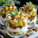 - 2 large apples, peeled and diced - 2 cups Greek yogurt (plain or vanilla) - 1 cup granola (your choice) The main ingredients are simple yet delicious. The apples give a sweet, fresh taste. Greek yogurt adds a creamy texture and protein. Granola adds a crunchy layer, making the parfait fun to eat. - 1 tablespoon walnuts, chopped (optional) - 1 tablespoon honey (optional, for drizzling) - Fresh mint leaves for garnish You can add walnuts for extra crunch. Honey adds sweetness if you like it sweeter. Fresh mint leaves not only look pretty but also add a burst of flavor. - 1 tablespoon maple syrup - 1 teaspoon cinnamon Maple syrup brings a rich sweetness. Cinnamon adds warmth and depth to the apples. Together, they enhance the flavors in the parfait. When you gather these ingredients, think about the flavors you want. This dish is all about layers and textures. You can mix and match based on what you like. Enjoy making your own version! Start by dicing the apples into small pieces. This helps them cook evenly. In a medium bowl, mix the diced apples with cinnamon and maple syrup. Stir well until the apples get a nice coat of flavor. Next, heat a non-stick skillet over medium heat. Add the apple mixture to the skillet. Cook for about 5 to 7 minutes, stirring now and then. You want the apples to be tender but still a bit crispy. Once they are ready, take the skillet off the heat and let the apples cool. While the apples cool, get your parfait glasses or bowls ready. In each glass, start with a layer of Greek yogurt. Use about 1/4 cup for each glass. Next, add a layer of the cooked apple mixture, about 1/4 of it. Follow this with a layer of granola, also about 1/4 cup. Repeat these layers until your glass is full. Make sure to end with a layer of Greek yogurt on top. This creates a beautiful finish. For the final touches, sprinkle chopped walnuts on the top layer of yogurt if you wish. This adds a nice crunch. Next, drizzle some honey over the parfait for extra sweetness. Finally, add a few fresh mint leaves on top. They not only look great but also add a fresh taste. Enjoy your Apple Crisp Greek Yogurt Parfaits! To cook apples just right, start by slicing them into small pieces. This helps them cook evenly. I use a non-stick skillet and heat it over medium heat. Add the apple mix and stir it gently. Cook for about 5 to 7 minutes. You want them soft but still a bit crisp. Spices make a big difference! I love adding cinnamon to my apples. It adds warmth and flavor. You can also try a pinch of nutmeg for extra zest. Maple syrup adds a sweet note that pairs well with the apples. Creating even layers in your parfait makes it look pretty. Start with yogurt, then the apple mix, and top with granola. Use about 1/4 cup of each layer. Repeat this until your glass is full. For serving, clear glasses show off the layers beautifully. You can add a sprig of mint on top for a fresh touch. This makes the dish eye-catching and tasty. To save time, prepare the layers in advance. Store the apples, yogurt, and granola separately. This keeps everything fresh until you are ready to serve. When you prep ahead, the apple mixture can last in the fridge for up to three days. Just layer it right before serving. This way, your parfaits stay crunchy and delicious! {{image_2}} You can switch apples for other fruits. Pears add a sweet and juicy twist. Berries, like blueberries or strawberries, bring a fresh taste. Each fruit changes the flavor and texture. Try mixing fruits for fun combinations. Greek yogurt is great, but you can use flavored yogurt. Vanilla or honey flavors add a nice touch. If you prefer non-dairy, try coconut or almond yogurt. Both options keep the parfait creamy and delicious. Granola is a key part of this parfait. You can use store-bought granola for convenience. However, homemade granola lets you choose your favorite nuts and seeds. Making it at home can add unique flavors. Try different spices to make it your own. You can store the Apple Crisp Greek Yogurt Parfaits in the fridge for up to three days. Make sure to cover them well to keep them fresh. If you mixed the layers, the granola may get soggy. To avoid this, store the granola separately. When you're ready to eat, just layer it on top again. You can freeze the apple mixture for later use. Place it in an airtight container. It will keep well for about two months. I suggest freezing the yogurt and granola separately, too. This way, you can build fresh parfaits later. Just remember to let everything thaw in the fridge before using. To reheat the apple mixture, place it in a skillet over low heat. Stir it gently until warm. You can also microwave it for about 30 seconds. Just watch it closely to avoid overcooking. The apples should remain tender yet firm for the perfect bite. Yes, you can use other types of yogurt. Greek yogurt is thick and creamy, but regular yogurt works too. You can even try plant-based yogurt like almond or coconut yogurt. This choice will change the flavor a bit, but it can still be tasty. Look for unsweetened versions to keep it healthy. If you want to swap out maple syrup, there are great alternatives. Honey is a popular choice for sweetness. Agave nectar or brown sugar can also work well. For a sugar-free option, try stevia or monk fruit sweetener. These will add sweetness without the extra calories. To make this parfait vegan, you need to change a few ingredients. Use plant-based yogurt like almond or coconut yogurt instead of Greek yogurt. Replace the honey with agave syrup or another vegan sweetener. This way, you keep all the great taste while making it plant-based. This article showed how to create delicious apple parfaits with Greek yogurt and granola. You learned about key ingredients, like apples and optional add-ins such as walnuts and honey. We discussed layering and tips for cooking perfect apples. I shared variations to suit your taste and detailed storage methods. Enjoy experimenting, and remember, cooking should be fun and tasty! Make these apple parfaits your own.
