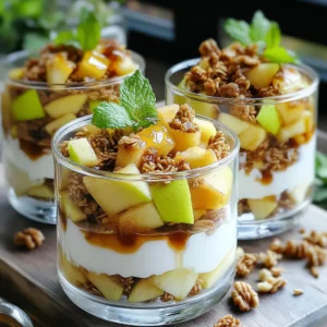 - 2 large apples, peeled and diced - 2 cups Greek yogurt (plain or vanilla) - 1 cup granola (your choice) The main ingredients are simple yet delicious. The apples give a sweet, fresh taste. Greek yogurt adds a creamy texture and protein. Granola adds a crunchy layer, making the parfait fun to eat. - 1 tablespoon walnuts, chopped (optional) - 1 tablespoon honey (optional, for drizzling) - Fresh mint leaves for garnish You can add walnuts for extra crunch. Honey adds sweetness if you like it sweeter. Fresh mint leaves not only look pretty but also add a burst of flavor. - 1 tablespoon maple syrup - 1 teaspoon cinnamon Maple syrup brings a rich sweetness. Cinnamon adds warmth and depth to the apples. Together, they enhance the flavors in the parfait. When you gather these ingredients, think about the flavors you want. This dish is all about layers and textures. You can mix and match based on what you like. Enjoy making your own version! Start by dicing the apples into small pieces. This helps them cook evenly. In a medium bowl, mix the diced apples with cinnamon and maple syrup. Stir well until the apples get a nice coat of flavor. Next, heat a non-stick skillet over medium heat. Add the apple mixture to the skillet. Cook for about 5 to 7 minutes, stirring now and then. You want the apples to be tender but still a bit crispy. Once they are ready, take the skillet off the heat and let the apples cool. While the apples cool, get your parfait glasses or bowls ready. In each glass, start with a layer of Greek yogurt. Use about 1/4 cup for each glass. Next, add a layer of the cooked apple mixture, about 1/4 of it. Follow this with a layer of granola, also about 1/4 cup. Repeat these layers until your glass is full. Make sure to end with a layer of Greek yogurt on top. This creates a beautiful finish. For the final touches, sprinkle chopped walnuts on the top layer of yogurt if you wish. This adds a nice crunch. Next, drizzle some honey over the parfait for extra sweetness. Finally, add a few fresh mint leaves on top. They not only look great but also add a fresh taste. Enjoy your Apple Crisp Greek Yogurt Parfaits! To cook apples just right, start by slicing them into small pieces. This helps them cook evenly. I use a non-stick skillet and heat it over medium heat. Add the apple mix and stir it gently. Cook for about 5 to 7 minutes. You want them soft but still a bit crisp. Spices make a big difference! I love adding cinnamon to my apples. It adds warmth and flavor. You can also try a pinch of nutmeg for extra zest. Maple syrup adds a sweet note that pairs well with the apples. Creating even layers in your parfait makes it look pretty. Start with yogurt, then the apple mix, and top with granola. Use about 1/4 cup of each layer. Repeat this until your glass is full. For serving, clear glasses show off the layers beautifully. You can add a sprig of mint on top for a fresh touch. This makes the dish eye-catching and tasty. To save time, prepare the layers in advance. Store the apples, yogurt, and granola separately. This keeps everything fresh until you are ready to serve. When you prep ahead, the apple mixture can last in the fridge for up to three days. Just layer it right before serving. This way, your parfaits stay crunchy and delicious! {{image_2}} You can switch apples for other fruits. Pears add a sweet and juicy twist. Berries, like blueberries or strawberries, bring a fresh taste. Each fruit changes the flavor and texture. Try mixing fruits for fun combinations. Greek yogurt is great, but you can use flavored yogurt. Vanilla or honey flavors add a nice touch. If you prefer non-dairy, try coconut or almond yogurt. Both options keep the parfait creamy and delicious. Granola is a key part of this parfait. You can use store-bought granola for convenience. However, homemade granola lets you choose your favorite nuts and seeds. Making it at home can add unique flavors. Try different spices to make it your own. You can store the Apple Crisp Greek Yogurt Parfaits in the fridge for up to three days. Make sure to cover them well to keep them fresh. If you mixed the layers, the granola may get soggy. To avoid this, store the granola separately. When you're ready to eat, just layer it on top again. You can freeze the apple mixture for later use. Place it in an airtight container. It will keep well for about two months. I suggest freezing the yogurt and granola separately, too. This way, you can build fresh parfaits later. Just remember to let everything thaw in the fridge before using. To reheat the apple mixture, place it in a skillet over low heat. Stir it gently until warm. You can also microwave it for about 30 seconds. Just watch it closely to avoid overcooking. The apples should remain tender yet firm for the perfect bite. Yes, you can use other types of yogurt. Greek yogurt is thick and creamy, but regular yogurt works too. You can even try plant-based yogurt like almond or coconut yogurt. This choice will change the flavor a bit, but it can still be tasty. Look for unsweetened versions to keep it healthy. If you want to swap out maple syrup, there are great alternatives. Honey is a popular choice for sweetness. Agave nectar or brown sugar can also work well. For a sugar-free option, try stevia or monk fruit sweetener. These will add sweetness without the extra calories. To make this parfait vegan, you need to change a few ingredients. Use plant-based yogurt like almond or coconut yogurt instead of Greek yogurt. Replace the honey with agave syrup or another vegan sweetener. This way, you keep all the great taste while making it plant-based. This article showed how to create delicious apple parfaits with Greek yogurt and granola. You learned about key ingredients, like apples and optional add-ins such as walnuts and honey. We discussed layering and tips for cooking perfect apples. I shared variations to suit your taste and detailed storage methods. Enjoy experimenting, and remember, cooking should be fun and tasty! Make these apple parfaits your own.