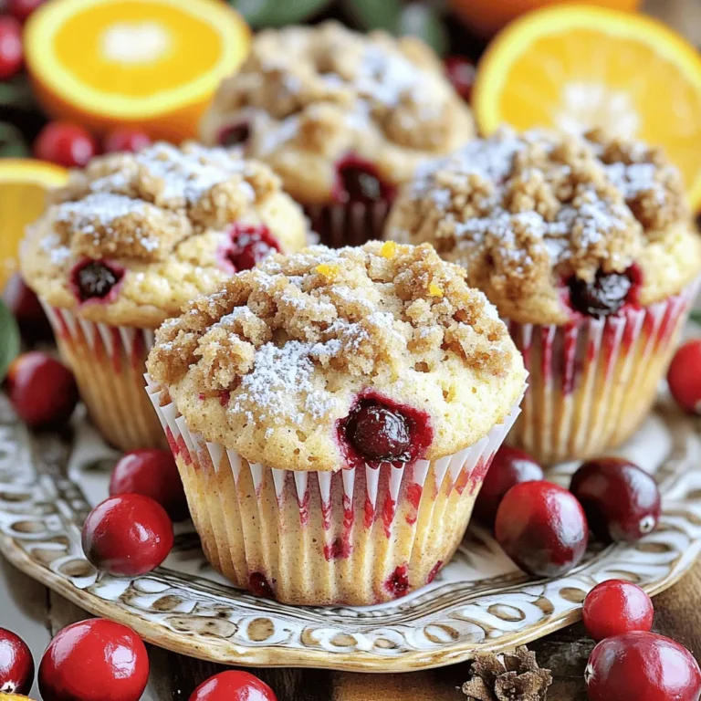 - 1 ½ cups all-purpose flour - 1 teaspoon baking powder - ½ teaspoon baking soda - ¼ teaspoon salt - ½ teaspoon ground cinnamon - ½ cup granulated sugar - 1 large egg - ¾ cup buttermilk - ⅓ cup vegetable oil - Zest of 1 orange - 1 cup fresh or frozen cranberries (halved) To make these muffins, I use a mix of simple ingredients. All-purpose flour gives the muffins structure. Baking powder and baking soda help them rise. I like to add granulated sugar, which sweetens the muffins. A large egg binds everything together, while buttermilk adds moisture. Vegetable oil keeps them soft. The zest of one orange gives a bright, fresh flavor. Fresh or frozen cranberries add a tart pop in every bite. - ⅓ cup all-purpose flour - ¼ cup brown sugar - ¼ teaspoon ground cinnamon - 2 tablespoons cold unsalted butter, cubed The streusel topping is a simple yet delightful addition. I use all-purpose flour and brown sugar for sweetness and texture. Ground cinnamon adds warmth. Cold unsalted butter helps create that crumbly texture we all love. Mixing these together gives a crunchy layer on top of each muffin. First, preheat your oven to 375°F (190°C). This step is key for even baking. While the oven heats, take your muffin pan. Line it with paper liners or grease it well. This keeps the muffins from sticking. Next, grab a medium bowl. In this bowl, whisk together the flour, baking powder, baking soda, salt, and ground cinnamon. Mix these dry ingredients well. This helps to get an even rise in your muffins. Now, take a large bowl. Beat together the granulated sugar and egg until it looks light and fluffy. This should take a couple of minutes. Then, mix in the buttermilk, vegetable oil, and orange zest. Stir until everything is fully combined. Here comes the fun part. Gradually add the dry mixture to the wet mixture. Stir gently, just until combined. Be careful not to overmix. A few lumps are okay. Now, gently fold in the cranberries. Make sure they are evenly spread in the batter. Next, let’s make the streusel topping. In a small bowl, mix together flour, brown sugar, and cinnamon. Add the cold butter cubes. Use your fingers or a pastry cutter to mix until it looks crumbly. Fill each muffin cup about ⅔ full with the batter. Then, sprinkle the streusel topping evenly over each muffin. Bake them for 18-20 minutes. Check if they're done by inserting a toothpick in the center. If it comes out clean, they’re ready! Allow the muffins to cool in the pan for 5 minutes. Then transfer them to a wire rack to cool completely. - Avoiding overmixing: Mix the wet and dry ingredients until just blended. Overmixing makes the muffins tough. Aim for a few lumps in the batter. This will keep them soft and fluffy. - Importance of using room temperature ingredients: Using room temperature eggs and buttermilk helps create a smooth batter. This mix rises better in the oven. Take out your eggs and buttermilk 30 minutes before you start. - Suggestions for spices and additional zest: Try adding nutmeg or ginger for a warm twist. You can also add more orange zest for brighter flavor. These small changes make a big difference. - Serving suggestions and garnishes: Serve warm muffins with powdered sugar on top. Arrange them on a plate with fresh cranberries and orange slices. This not only looks beautiful but also adds to the flavor. - Recommended muffin pan and liners: Use a non-stick muffin pan for easy removal. If you prefer, use paper liners for less mess. This will also help keep your muffins moist. - Tools for mixing and measuring: A whisk works well for mixing dry ingredients. Use a mixing bowl for wet ingredients. A rubber spatula helps fold in the cranberries gently. Accurate measuring cups will ensure perfect portions every time. {{image_2}} You can swap out fruits in this recipe. Instead of cranberries, try using blueberries or diced apples. Both fruits add a tasty touch. If you want a dairy-free option for buttermilk, mix one cup of almond milk with one tablespoon of lemon juice. Let it sit for five minutes. This makes a great buttermilk substitute. Want to add extra flavor? Consider mixing in nuts like walnuts or pecans. Just chop them up and fold them in with the cranberries. If you love chocolate, try adding chocolate chips instead. Adjust the spice level by adding more cinnamon or a pinch of nutmeg. This can change the whole taste of your muffins. You can change the flavors based on the season. In fall, add pumpkin spice or ginger for a cozy taste. In summer, consider using fresh peaches or strawberries. This keeps your muffins exciting and fresh throughout the year! To keep your cranberry orange streusel muffins fresh, let them cool completely first. Place them in an airtight container. This keeps air out and moisture in. Store them at room temperature for up to three days. If you want to keep them longer, the fridge is okay, but it might change the texture a bit. Freezing muffins is simple. Wrap each muffin in plastic wrap. Then, place them in a freezer-safe bag. This protects them from freezer burn. You can freeze muffins for up to three months. When ready to eat, take one out and let it thaw at room temperature. For quick thawing, you can microwave it for about 30 seconds. To enjoy warm muffins again, preheat your oven to 350°F (175°C). Place the muffins on a baking sheet. Heat for about 5-10 minutes until warm. You can also use a microwave. Just heat for 10-15 seconds. This way, your muffins stay soft and tasty! Yes, you can use frozen cranberries. They work well in these muffins. Just toss them in a bit of flour before adding them to the batter. This helps to prevent them from sinking. Frozen cranberries may make the muffins a bit more moist. Making buttermilk is easy! Just take one cup of milk and add one tablespoon of vinegar or lemon juice. Stir it and let it sit for about five minutes. This will give you a homemade buttermilk that works great in your muffins. If your muffins turn out dry, there are a few fixes. First, check your oven's temperature, as it may be too high. You can also add a bit more buttermilk next time. Another tip is to store the muffins in an airtight container. This helps keep them moist longer. If you have some dry muffins, try adding a bit of butter or jam for added moisture. Making delicious muffins is simple and fun. We covered key ingredients, like flour, cranberries, and buttermilk. I shared step-by-step instructions to help you mix and bake. You learned tips for texture and taste. We discussed variations to add your favorite fruit. Lastly, I provided storage tips to keep them fresh. Now, it’s time for you to bake! Enjoy the process and share your tasty muffins with others.