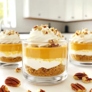 To make No-Bake Pumpkin Cheesecake Cups, gather these key ingredients: - 1 cup graham cracker crumbs - 4 tablespoons unsalted butter, melted - 1 cup cream cheese, softened - 1 cup canned pumpkin puree - ½ cup powdered sugar - 1 teaspoon vanilla extract - 1 teaspoon pumpkin pie spice - 1 cup whipped cream (plus extra for topping) - ¼ cup toasted pecans or walnuts (for garnish) These ingredients create a tasty treat. The graham cracker crumbs give a nice crunch. The cream cheese and pumpkin blend together to make it smooth and creamy. You can tweak the recipe with these optional ingredients: - Use ginger snap cookies instead of graham crackers for a spicy twist. - Swap out the cream cheese for mascarpone for a different flavor. - Replace walnuts with chocolate shavings for a sweet touch. These changes keep it fun and interesting. Feel free to experiment with flavors that you enjoy! To prepare these cups, you will need: - Medium bowl - Large mixing bowl - Hand mixer or stand mixer - Serving cups or small glasses - Spatula for folding Having the right tools makes this process easy. With these items, you can create your delicious dessert with ease. To start, grab a medium bowl. Add 1 cup of graham cracker crumbs and 4 tablespoons of melted unsalted butter. Mix the crumbs until they look like wet sand. This ensures they stick together well. Next, take your serving cups or small glasses. Spoon the crumb mixture into the bottom of each cup. Press down firmly to form a nice base. A solid crust is key for the cups. Now, let’s move on to the filling. In a large mixing bowl, add 1 cup of softened cream cheese. Beat it with a hand mixer until smooth. This step is vital for a creamy texture. Then, mix in 1 cup of canned pumpkin puree, ½ cup of powdered sugar, 1 teaspoon of vanilla extract, and 1 teaspoon of pumpkin pie spice. Beat these ingredients until well combined. This mixture should be smooth and flavorful. Finally, gently fold in 1 cup of whipped cream. This will make your filling light and airy. It’s time to assemble! Layer the pumpkin cheesecake filling on top of your crust in each cup. Fill each cup to the top, leaving no space. The layers will create a beautiful look. Once you finish, the cups should be full of rich flavor and texture. Place the assembled cups in the refrigerator. Let them chill for at least 2 to 3 hours. This time allows the cheesecake to set properly. The cool temperature helps the flavors meld together. Before serving, top each cup with a dollop of whipped cream. Sprinkle with toasted pecans or walnuts for that extra crunch. Enjoy your delicious no-bake pumpkin cheesecake cups! To get a creamy texture, use softened cream cheese. It blends better than cold cream cheese. Mix it until smooth before adding other ingredients. Next, fold in the whipped cream gently. This keeps the mixture light and fluffy. The right mixing technique makes a big difference in texture. To avoid a soggy crust, ensure your graham cracker crumbs are well coated with butter. Press the crumbs firmly into the bottom of your cups. This helps form a solid base. Let the cups chill for a few hours. This will help the crust firm up even more. Serve your cheesecake cups on a wooden board for a rustic look. You can also use colorful platters for a fun touch. Add a drizzle of honey or caramel sauce on top. Finish with a dollop of whipped cream and a sprinkle of toasted nuts. These small details make your dessert pop and impress your guests. {{image_2}} You can change the taste of your pumpkin cheesecake cups easily. Want a spicier kick? Add more pumpkin pie spice. For a sweeter touch, try adding maple syrup or brown sugar. You could also use chocolate or caramel sauce for a fun twist. If you love fruit, mix in some apple or pear puree. Each variation brings a new flavor to enjoy. While graham cracker crusts are classic, you have many options. Use crushed Oreos for a chocolatey base. Almond flour or crushed nuts can make a gluten-free crust. For a more vibrant flavor, try gingersnap cookies. Each crust choice adds a unique taste and texture to your cups. Garnishing your cheesecake cups can enhance the look and flavor. Here are some fun ideas: - Whipped cream: A dollop on top is always a hit. - Nuts: Sprinkle toasted pecans or walnuts for crunch. - Spices: A light dusting of cinnamon adds warmth. - Caramel drizzle: This adds sweetness and beauty. - Chocolate shavings: Great for a rich touch. Get creative with your toppings! They make each cup a delight to the eyes and taste buds. To keep your no-bake pumpkin cheesecake cups fresh, store them in the fridge. Use an airtight container to avoid absorbing any odors. If you have several cups, layer them with parchment paper. This will keep them from sticking together. Always place the cups in the back of the fridge, where it’s coldest. These cheesecake cups can last about 3 to 5 days in the fridge. Make sure to check for any signs of spoilage before enjoying. If they look or smell off, it's best to toss them. Enjoy them while they are fresh for the best taste and texture! You can freeze these cheesecake cups if you want to save them for later. First, let the cups chill in the fridge for a few hours. Then, cover them tightly with plastic wrap and foil. They can last up to 2 months in the freezer. When ready to eat, transfer them to the fridge for a few hours to thaw. Enjoy them cold for a refreshing treat! Yes, you can use fresh pumpkin. Start with a small pumpkin. Roast it until soft, then scoop out the flesh. Blend it until smooth. This gives a fresher taste. Just make sure to remove excess water for the best texture. If you want a cream cheese substitute, use Greek yogurt or silken tofu. They both add creaminess. Greek yogurt adds a tangy flavor. Silken tofu makes it dairy-free. Blend the tofu until smooth for the best results. To make this recipe dairy-free, use dairy-free cream cheese. You can also use whipped coconut cream instead of regular whipped cream. These swaps keep the taste delicious while making it suitable for a dairy-free diet. Yes, you can prepare these cups ahead of time. Make them a day before your event. Store them in the fridge until you’re ready to serve. This allows the flavors to meld, making them even tastier! You now have all you need to make tasty pumpkin cheesecake cups. We covered the key ingredients, steps, and tips to get that creamy texture. With fun variations and storage tips, you can keep these treats fresh and tasty. Feel free to experiment with flavors and garnishes. Enjoy sharing these cups with friends and family during the fall, or any time you crave something special. With these details, you’re ready to create a delightful dessert that everyone will love.