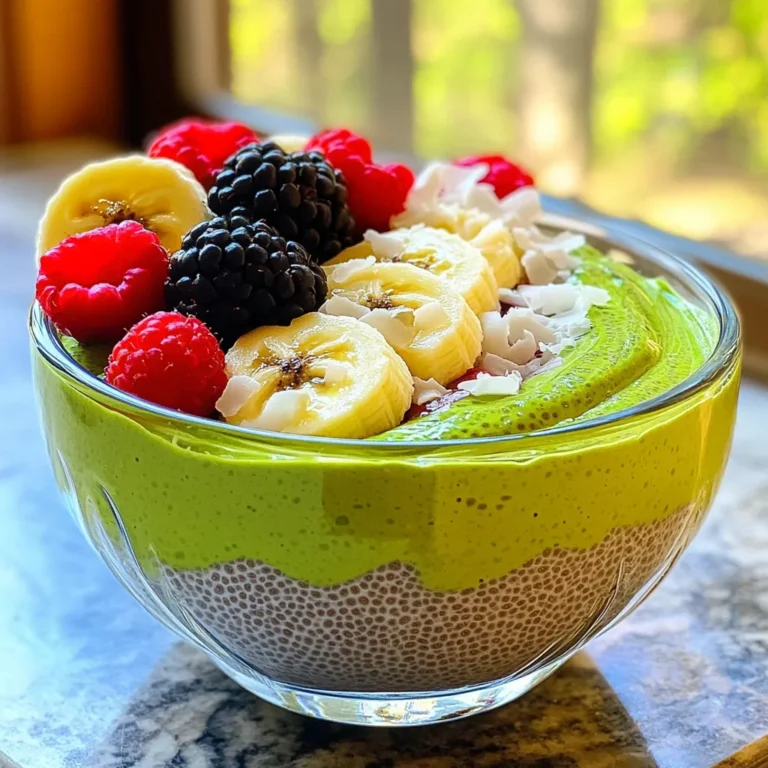 To make the Matcha Vanilla Swirl Chia Pudding, gather these simple ingredients: - 1 cup almond milk (or milk of choice) - 1/4 cup chia seeds - 2 tablespoons maple syrup (or honey) - 1 teaspoon pure vanilla extract - 1 tablespoon matcha powder - A pinch of sea salt - Fresh fruits for topping (like berries or banana slices) - Optional: Toasted coconut flakes for garnish These ingredients blend well to create a tasty and healthy pudding. Almond milk gives it a creamy base. Chia seeds are packed with nutrients and thicken the pudding. Maple syrup adds a touch of sweetness, while vanilla and matcha bring unique flavors. You can choose any milk you like. For a nut-free option, use oat milk or soy milk. The sweetener can also be adjusted. Honey works too if you prefer. The fresh fruits and toasted coconut flakes add color and crunch. Feel free to get creative with your toppings! This dish is not just good for breakfast; it also makes a great snack or dessert. Using fresh ingredients makes this pudding even more delightful. To start, gather your ingredients. In a medium mixing bowl, pour in 1 cup of almond milk. Add 1/4 cup of chia seeds, 2 tablespoons of maple syrup, and a pinch of sea salt. Whisk this mixture until it blends well. Let it sit for 5 minutes. This waiting time helps the chia seeds soak up the milk. After 5 minutes, whisk again to break up any clumps. Cover the bowl and place it in the fridge for at least 1-2 hours. You can also leave it overnight for a thicker pudding. Once your chia pudding has set, it’s time to divide it. Take the mixture and split it into two bowls. In one bowl, add 1 teaspoon of pure vanilla extract. Stir gently until the vanilla mixes in well. In the second bowl, whisk in 1 tablespoon of matcha powder. Make sure it blends fully and turns vibrant green. This step gives each layer its unique flavor. Now comes the fun part! Grab your serving cups or small bowls. Start layering your puddings. Alternate between the matcha and vanilla mixtures to create a beautiful swirl. Top each serving with fresh fruits like berries or banana slices. For an extra crunch, sprinkle some toasted coconut flakes on top. Enjoy this refreshing and nutritious treat! To get a great texture, use the right amount of chia seeds. For every cup of liquid, use 1/4 cup of chia seeds. Mix well and let it sit for five minutes. This helps seeds absorb liquid. Stir again to avoid clumping. Let it chill in the fridge for at least one hour. Overnight works best for a thick pudding. You can swap almond milk for any milk you like. Use oat milk, soy milk, or coconut milk. If you want a vegan option, use maple syrup instead of honey. For a touch of sweetness, consider agave syrup. You can also replace matcha with cocoa powder for a chocolate version. Toppings can make your pudding fun and tasty. Fresh fruits like berries or banana slices add color and flavor. You can also sprinkle toasted coconut flakes on top for crunch. For extra nutrition, add nuts or seeds. Try a drizzle of honey or maple syrup for sweetness. Mix in granola for a delightful texture contrast. {{image_2}} You can add cocoa powder to your matcha chia pudding. This gives it a rich chocolatey flavor. Use 1 tablespoon of unsweetened cocoa powder. Mix it in with the matcha. The blend of chocolate and matcha is tasty and fun. It looks great too, with a dark green and brown swirl! Another tasty option is coconut matcha chia pudding. Use coconut milk instead of almond milk. This adds a creamy texture and sweet coconut flavor. You can also add shredded coconut on top for crunch. This version tastes like a tropical treat, perfect for warm days. Bring in fresh fruits for a fruity twist. You can mix in pureed fruits like strawberries or mangoes. Add this to the vanilla layer for a fruity surprise. You can also layer fresh fruit pieces on top. Berries, bananas, or peaches work great. Each bite will burst with flavor and color. To keep your chia pudding fresh, store it in the fridge. Place it in a clean container. Make sure to seal it tightly. This keeps out air and bacteria. If you made extra, you can enjoy it later. I recommend using glass jars or airtight plastic containers. Glass jars work well for keeping flavors. They are also great for meal prep. If you have smaller servings, use smaller containers. This helps with portion control too. Your Matcha Vanilla Swirl Chia Pudding lasts about 3 to 5 days in the fridge. Remember to check for any changes in smell or texture. If you want to enjoy it warm, gently heat it. Use a microwave or a small pot on low heat. Stir well to keep it smooth. Enjoy it fresh or reheated for a comforting treat! Yes, you can use any non-dairy milk. Almond, coconut, or oat milk all work well. Each type adds its own flavor. Choose what you enjoy most. Just make sure it is unsweetened if you want to control the sugar. Chia pudding lasts about 3 to 5 days in the fridge. Store it in an airtight container. Always check for signs of spoilage before eating. If it smells off or has an unusual texture, it’s best to toss it. You can use honey or agave syrup instead of maple syrup. If you want a sugar-free option, try stevia or monk fruit sweetener. Adjust the amount based on your taste. Remember, each sweetener has a different level of sweetness. This blog post covered all you need to know about making chia pudding. We explored key ingredients like almond milk, chia seeds, and matcha. I shared step-by-step instructions for perfect texture and layers. We also discussed helpful tips, tasty variations, and how to store leftovers. Chia pudding is a fun and healthy treat. It can fit into many diets and preferences. Enjoy experimenting with flavors and toppings to make it your own! Now, you can create your perfect chia pudding with confidence.