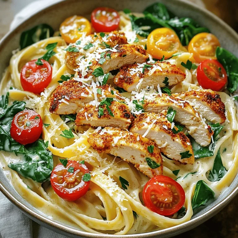 - 2 boneless, skinless chicken breasts - 1 tablespoon Cajun seasoning - 8 ounces fettuccine pasta - 4 cups chicken broth - 1 cup heavy cream - 1 cup grated Parmesan cheese - Fresh spinach - Cherry tomatoes - Salt and pepper - Olive oil - Fresh parsley for garnish The main ingredients create the base for this dish. The chicken brings protein and flavor, while Cajun seasoning adds a spicy kick. Fettuccine pasta gives the meal a nice, hearty texture. Next, we have the additional ingredients, which elevate the dish. Chicken broth helps cook the pasta and adds depth. Heavy cream and Parmesan cheese create a rich, creamy sauce. Fresh spinach and cherry tomatoes add color and nutrition, making each bite more enjoyable. Seasoning and garnish are key to making this dish shine. Salt and pepper enhance all flavors. Olive oil is essential for cooking the chicken. Finally, fresh parsley gives a lovely finish and brightens the dish visually. With these ingredients, you create a delicious one-pot meal. You’ll impress everyone at your table with bold flavors and creamy goodness. To start, season the chicken with Cajun seasoning. Place the sliced chicken in a bowl and toss it well. Make sure every piece gets a good coat of seasoning. This step adds a punch of flavor. Next, sauté the chicken in olive oil. Heat two tablespoons of olive oil in a large pot over medium heat. When the oil is hot, add the seasoned chicken strips. Cook them for about 5-7 minutes. Look for a golden brown color and ensure they are fully cooked. Once done, remove the chicken from the pot and set it aside. Now, let’s sauté the garlic. In the same pot, add the minced garlic. Cook it for about one minute until it smells great. This will add depth to your dish. Next, boil the fettuccine in chicken broth. Pour the chicken broth into the pot and bring it to a boil. Add the fettuccine pasta. Cook it for 10-12 minutes, stirring now and then. You want the pasta to be al dente, which means it should still have a slight bite. Once your pasta is cooked, it’s time to create the sauce. Stir in the heavy cream and grated Parmesan cheese. Mix it all together until the cheese melts. This should give you a creamy and rich sauce. Now, mix in the cooked chicken, fresh spinach, and cherry tomatoes. Gently stir everything together. Cook for an additional 2-3 minutes. This will wilt the spinach and heat everything through. Now you have a delicious, creamy Cajun chicken Alfredo ready to serve! - To ensure chicken is fully cooked, use a meat thermometer. Aim for 165°F. - Cook the chicken in batches if needed. This helps it brown nicely. - For perfect pasta texture, stir it often while cooking. This keeps it from sticking. - Check the pasta about a minute before the time is up. It should be al dente. - Adjust the creaminess by adding more or less heavy cream. Start with half a cup. - To prevent clumping of cheese, add it slowly while stirring. This helps it melt evenly. - If the sauce is too thick, add a splash of chicken broth. This will loosen it up. - Garnish with chopped fresh parsley for a pop of color. - Use large, shallow bowls to serve. This makes the dish look inviting. - A sprinkle of extra Parmesan cheese on top adds a nice touch. - You can also add fresh cherry tomatoes on top for extra color and flavor. {{image_2}} You can switch chicken for shrimp or tofu. Shrimp cooks fast and adds a nice taste. Tofu is great for a vegetarian option. For the cream and cheese, use coconut cream or cashew cheese. These dairy-free options still keep the dish rich and creamy. Add spices like paprika or cayenne for more kick. Fresh herbs like basil or thyme can bring a new taste. If you want a vegetarian dish, skip the chicken and add more veggies. Zucchini or bell peppers work well in this recipe. Fettuccine is classic, but you can use penne or bowtie pasta. Each type gives a fun twist to the dish. For gluten-free options, try rice or quinoa pasta. These alternatives let everyone enjoy this meal! To store leftovers, let the dish cool first. Place it in an airtight container. This helps keep it fresh. You can store it in the fridge for up to three days. Always label the container with the date. This way, you will know when it was made. For reheating, the best method is to use the stove. Put the pasta in a pot over low heat. Add a splash of chicken broth or cream. Stir gently until heated through. This helps keep the sauce creamy. You can also use a microwave. Heat in short bursts, stirring in between. Yes, you can freeze Cajun Chicken Alfredo! It is easy to do. First, let it cool completely. Then, transfer it to a freezer-safe container. Seal tightly to avoid freezer burn. You can freeze it for up to two months. To thaw, place it in the fridge overnight before reheating. Cajun seasoning is a mix of spices that adds bold flavor to dishes. It often includes: - Paprika - Cayenne pepper - Garlic powder - Onion powder - Oregano - Thyme - Black pepper This blend brings warmth and depth to your meals, making it perfect for Cajun Chicken Alfredo. Yes, you can prep this dish ahead. Here are some tips: - Season and cook the chicken a day before. - Store it in an airtight container in the fridge. - Cook the pasta and sauce on the day you serve it. - Mix everything together just before serving to keep it fresh. Planning ahead saves you time and effort. Pair this flavorful dish with tasty sides like: - Garlic bread for a crunchy bite - A fresh green salad with vinaigrette - Steamed broccoli for a healthy option - Roasted vegetables for added color and nutrients These sides complement the creamy, spicy flavors of the dish. This blog post shows you how to make a tasty Cajun Chicken Alfredo. You learned about the main ingredients, like chicken, pasta, and a creamy sauce. I shared step-by-step instructions to guide you through cooking. You also got tips for perfecting the dish and ideas for variations. Cooking is all about trying new flavors. Feel free to change ingredients or make it your own. With practice, you’ll impress everyone at your table. Enjoy your delicious meal!
