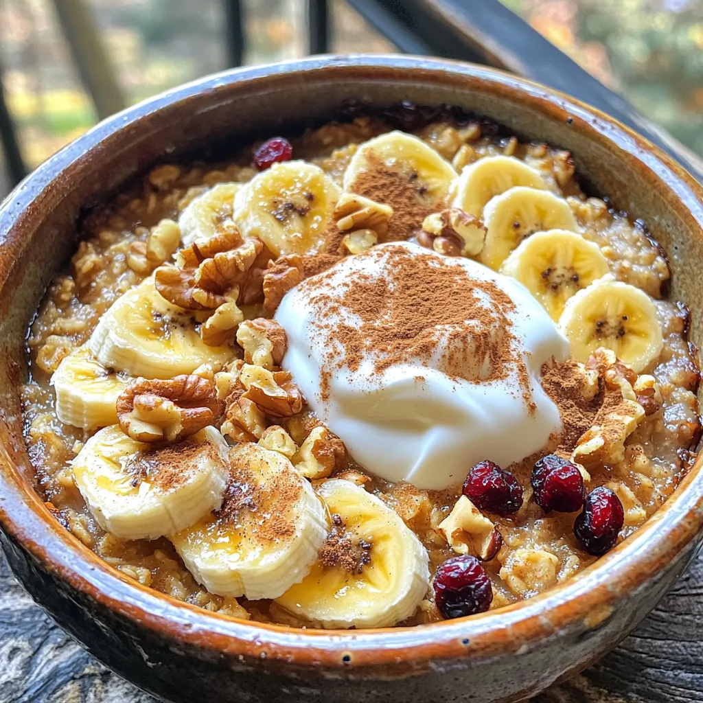 To make this tasty dish, gather the following ingredients: - 2 cups rolled oats - 1 ½ cups almond milk (or any milk of choice) - ½ cup maple syrup - ½ cup brown sugar, packed - 2 ripe bananas, mashed - ½ cup unsweetened applesauce - 1 teaspoon vanilla extract - 1 teaspoon baking powder - ½ teaspoon cinnamon - ¼ teaspoon salt - ½ cup chopped walnuts (optional) - ½ cup dried cranberries or raisins (optional) If you don't have some ingredients, don't worry! Here are some easy swaps: - Use oat milk or soy milk instead of almond milk. - Honey or agave can replace maple syrup. - Applesauce can be swapped with yogurt for creaminess. - Any nut or seed can replace walnuts. - You can use any dried fruit, like apricots or dates, instead of cranberries or raisins. Choosing the best ingredients matters! Here are my tips: - Oats: Look for rolled oats, not instant. They cook better. - Milk: Pick unsweetened milk to control the sugar level. - Maple Syrup: Choose pure maple syrup for the best flavor. - Bananas: Use ripe bananas for added sweetness. - Nuts and Fruit: Make sure they are fresh and not stale for the best taste. Using quality ingredients makes this dish even better! Start by preheating your oven to 350°F (175°C). While it heats up, grab a 9x9-inch baking dish. Lightly grease it with cooking spray or a bit of butter. This step helps the oatmeal bake come out easily and not stick to the pan. In a large mixing bowl, add 2 cups of rolled oats. Pour in 1 ½ cups of almond milk. Next, add ½ cup of maple syrup and ½ cup of packed brown sugar. Then, mash 2 ripe bananas and mix them in. Add ½ cup of unsweetened applesauce and 1 teaspoon of vanilla extract. Now, sprinkle in 1 teaspoon of baking powder, ½ teaspoon of cinnamon, and ¼ teaspoon of salt. Stir everything until well combined. If you like, fold in ½ cup of chopped walnuts and ½ cup of dried cranberries or raisins for extra flavor. Pour your oatmeal mixture into the greased baking dish. Spread it out evenly with a spatula. Bake in the preheated oven for 30-35 minutes. You want the top to turn golden brown. To check if it’s done, insert a toothpick in the center. If it comes out clean, your oatmeal bake is ready. Once baked, let it cool for about 10 minutes. This helps it set before you serve. Enjoy it warm with a drizzle of maple syrup on top! To get the best texture for your oatmeal bake, use rolled oats. They soak up liquid well. You can also mash the bananas fully for a creamier base. The applesauce adds moisture, which helps too. Bake it just until golden brown. If you overbake, the dish gets dry. Store any leftovers in an airtight container. Keep the oatmeal bake in the fridge for up to five days. When you want to reheat, just pop it in the microwave for a quick warm-up. You can also warm it in the oven at 350°F. Cover it with foil to prevent drying out. This oatmeal bake shines at breakfast but can also be a sweet treat. Serve it warm in bowls. Add a dollop of yogurt on top for creaminess. You can slice up fresh bananas and sprinkle a bit of cinnamon for extra flavor. Drizzle more maple syrup for a special touch. {{image_2}} You can easily make this oatmeal bake gluten-free. Just swap the rolled oats for certified gluten-free oats. This small change keeps the dish safe for those who avoid gluten. Many brands offer gluten-free oats that taste great. You can boost the flavor of your oatmeal bake with spices and fruits. Here are some ideas: - Spices: Add nutmeg or ginger for a warm taste. A pinch of cardamom can give it a unique twist. - Fruits: Toss in berries, diced apples, or chopped peaches for added sweetness. You can also use dried fruits like apricots or figs. They add a nice chewy texture. If you need a nut-free version, just skip the walnuts. You can replace them with seeds like pumpkin or sunflower seeds. These seeds add a nice crunch without the nuts. You can also try adding more dried fruit for extra flavor and texture. To keep your Maple Brown Sugar Oatmeal Bake fresh, store it properly. First, let it cool completely. Then, cut it into squares for easy serving. Place the squares in an airtight container. You can layer them with parchment paper to avoid sticking. Store the container in the fridge for up to five days. This way, you can enjoy a quick breakfast or snack! If you want to save some for later, freezing works great! Wrap each square tightly in plastic wrap. Then, place them in a freezer bag. Make sure to remove as much air as possible. This helps prevent freezer burn. When you’re ready to eat, take out a square and let it thaw in the fridge overnight. You can also warm it in the microwave for about 30 seconds. Your baked oatmeal will stay good in the fridge for about five days. If frozen, it can last up to three months. Just be sure to check for any signs of spoilage, like odd smells or colors. This dish is best enjoyed fresh, but you can still enjoy it after storing! Yes, you can easily make this recipe vegan. Just use plant-based milk, like almond or oat milk. Also, ensure you pick a maple syrup that is pure and not mixed with any animal products. The bananas and applesauce already make this dish vegan-friendly. If you do not have almond milk, you can use any milk you prefer. Soy milk, oat milk, or coconut milk work well too. You can even use regular cow's milk if you want. Just keep in mind that each type of milk will change the flavor a bit. This oatmeal bake lasts for about 4 to 5 days in the fridge. Be sure to store it in an airtight container. You can also freeze it for up to 3 months. Just thaw it in the fridge before reheating. This blog covers how to make Maple Brown Sugar Oatmeal Bake. We looked at ingredients, replacements, and tips for choosing the best items. The steps for mixing and baking ensure a perfect outcome. You’ll also find tips for texture, storing leftovers, and serving ideas. Plus, we discussed fun variations, storage methods, and answered common questions. Remember, making this dish is easy and fun. Enjoy your tasty oatmeal bake, and feel free to get creative with flavors! Your breakfast or dessert will always impress!
