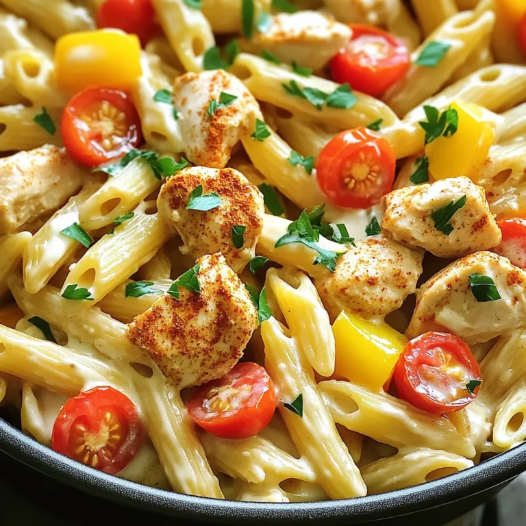 - 2 boneless, skinless chicken breasts - 12 ounces penne pasta - 1 cup heavy cream - 2 tablespoons Cajun seasoning - 1 cup grated Parmesan cheese - Fresh parsley for garnish - 3 cloves garlic, minced - 1 onion, chopped - 1 bell pepper, chopped - 1 cup cherry tomatoes, halved - 3 cups chicken broth - 1 tablespoon olive oil - Salt and pepper to taste When making this One-Pot Creamy Cajun Chicken Pasta, you need to gather the right ingredients. First, the chicken breasts are key. They add protein and flavor. I usually use boneless and skinless chicken for easy cooking. Next, penne pasta makes this dish hearty and filling. Its shape holds the sauce well. The heavy cream creates a rich and creamy sauce. It makes the dish comforting and smooth. For seasoning, Cajun seasoning is a must. It adds a kick and layers of flavor. Parmesan cheese brings saltiness and a nice texture. Fresh parsley brightens up the dish and adds color. Don’t forget the veggies! Garlic, onion, and bell pepper provide sweetness and depth. Cherry tomatoes burst with juice and freshness. Finally, chicken broth is your base for cooking the pasta. It adds flavor while keeping everything moist. Olive oil helps cook the chicken and veggies. Season with salt and pepper to taste for the best outcome. With these ingredients, you set yourself up for a tasty meal. First, heat olive oil in a large pot over medium-high heat. Next, add your diced chicken. Sprinkle the Cajun seasoning all over the chicken pieces. Sauté the chicken until it turns brown. This should take about 5 to 7 minutes. Once browned, remove the chicken from the pot and set it aside. In the same pot, add the chopped onion, bell pepper, and minced garlic. Sauté these for about 3 to 4 minutes. You want the vegetables to soften. After that, toss in the halved cherry tomatoes. Cook for another 2 minutes until they start to get soft. Now, pour in the chicken broth. Increase the heat to bring it to a boil. Add the penne pasta and stir well to mix everything. Cover the pot and lower the heat to a simmer. Cook the pasta according to the package instructions, usually about 10 to 12 minutes. Stir occasionally to prevent sticking and ensure even cooking. Once your pasta is cooked al dente, lower the heat. Stir in the heavy cream and grated Parmesan cheese. Mix until the sauce is creamy, and everything is well combined. Then, return the cooked chicken to the pot. Season the dish with salt and pepper to your liking. Allow the dish to heat through for another 2 to 3 minutes. This helps the flavors blend. When ready, remove the pot from the heat. Garnish your meal with fresh parsley. Serve warm and enjoy your delicious One-Pot Creamy Cajun Chicken Pasta! For creamy sauces, penne pasta works well. Its shape holds the sauce nicely. You can also use rigatoni or fusilli. These shapes trap sauce and add flavor to each bite. To cook pasta al dente, boil water and add salt. Stir the pasta and check the time on the package. After about 8-10 minutes, taste a piece. It should be firm, not soft. Drain the pasta but save some pasta water. This helps thin the sauce if needed. You can adjust the spice level of this dish. If you like it hot, add more Cajun seasoning. For mild heat, use less or skip it. You can also add red pepper flakes for extra heat. Feel free to swap proteins or add vegetables. Use shrimp or sausage in place of chicken. For a veggie option, try chickpeas or tofu. Add spinach, zucchini, or mushrooms for more flavor. Cook them with the other vegetables for the best results. To boost flavor, try adding more spices. Smoked paprika or cayenne pepper can enhance the Cajun taste. Fresh herbs like thyme or oregano also add depth. If you want a different cream, use half-and-half or coconut cream. These options work well and change the dish's flavor. Non-dairy milk such as almond or soy can also be used for a lighter sauce. Just adjust the amount based on your taste. {{image_2}} You can switch the chicken for shrimp or sausage. Shrimp cooks fast and adds a tasty twist. Just sauté it until pink. Sausage brings a smoky flavor. Slice it and brown in the pot. For a vegetarian option, try tofu or chickpeas. Tofu absorbs flavors well and adds protein. Cook it until golden. Chickpeas give a nice texture and are easy to use. For gluten-free diets, you can choose gluten-free pasta. Many brands offer penne made from rice or corn. These pasta types cook similarly to regular pasta. Be sure to check labels for gluten-free status. You can also modify the sauce. Use gluten-free chicken broth and check your Cajun seasoning for hidden gluten. If you want a lighter dish, use low-fat cream. This keeps the taste but cuts calories. You can also try non-dairy alternatives like almond or coconut cream. These options add a unique flavor. To achieve the right sauce thickness, start with less cream. Gradually add until you find your perfect creaminess. For short-term storage, refrigerate your leftovers right away. Place the pasta in an airtight container. This helps keep the dish fresh. If you have multiple servings, divide them into smaller containers. This way, you can grab just what you need later. Make sure the lid seals tightly to prevent any spills. If you want to save the dish for later, you can freeze it. Wait for the pasta to cool down before freezing. Transfer it to freezer-safe bags or containers. Squeeze out as much air as you can to avoid freezer burn. To reheat, thaw it in the fridge overnight. Then, warm it in a pot on low heat. Add a splash of broth or cream to keep it creamy. In the fridge, your One-Pot Creamy Cajun Chicken Pasta lasts about 3-4 days. After that, the flavor and texture may change. Look for signs of spoilage, like a sour smell or mold. If you see any of these, it’s best to throw it away. Keeping track of your leftovers will help you enjoy them at their best! Yes, you can prepare this dish ahead of time. To meal prep, cook the pasta but undercook it by two minutes. Then, store the chicken, sauce, and pasta separately. When you're ready to eat, combine them in a pot. Heat on low until warmed through. This way, the pasta stays firm and does not get mushy. If you lack Cajun seasoning, make a mix at home. Combine paprika, garlic powder, onion powder, thyme, and black pepper. Adjust the amounts based on your taste. You can also use Old Bay seasoning for a similar kick. To make the sauce creamier, add more heavy cream or a splash of cream cheese. You can also mix in a bit of pasta cooking water. This water has starch, which helps thicken the sauce. Stir well to blend the ingredients smoothly. The heat level in the dish depends on the Cajun seasoning used. Most Cajun blends have a mild to moderate spice. If you prefer less heat, reduce the seasoning amount. You can always add more later if needed. Yes, you can use whole wheat pasta. It will add a nutty flavor to the dish. However, whole wheat pasta may take longer to cook. Check the package for cooking times and adjust accordingly. This blog post shared a tasty recipe for One-Pot Creamy Cajun Chicken Pasta. You learned about the main ingredients, step-by-step instructions, and handy tips. With options for personal touches and ways to store leftovers, this dish suits everyone. Feel free to customize flavors and swap proteins. You'll impress friends and family with this easy recipe. Enjoy your cooking adventure and add your flair to make it yours!