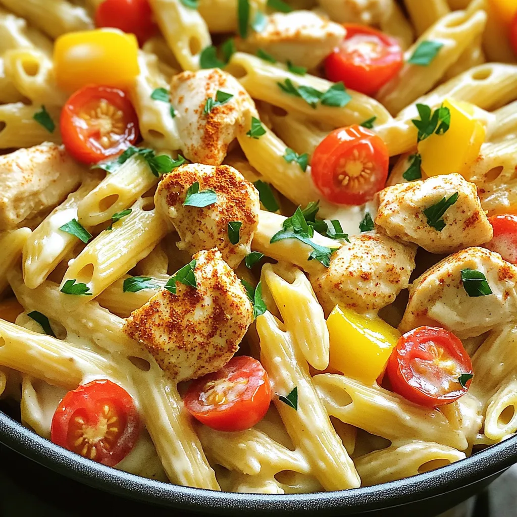 - 2 boneless, skinless chicken breasts - 12 ounces penne pasta - 1 cup heavy cream - 2 tablespoons Cajun seasoning - 1 cup grated Parmesan cheese - Fresh parsley for garnish - 3 cloves garlic, minced - 1 onion, chopped - 1 bell pepper, chopped - 1 cup cherry tomatoes, halved - 3 cups chicken broth - 1 tablespoon olive oil - Salt and pepper to taste When making this One-Pot Creamy Cajun Chicken Pasta, you need to gather the right ingredients. First, the chicken breasts are key. They add protein and flavor. I usually use boneless and skinless chicken for easy cooking. Next, penne pasta makes this dish hearty and filling. Its shape holds the sauce well. The heavy cream creates a rich and creamy sauce. It makes the dish comforting and smooth. For seasoning, Cajun seasoning is a must. It adds a kick and layers of flavor. Parmesan cheese brings saltiness and a nice texture. Fresh parsley brightens up the dish and adds color. Don’t forget the veggies! Garlic, onion, and bell pepper provide sweetness and depth. Cherry tomatoes burst with juice and freshness. Finally, chicken broth is your base for cooking the pasta. It adds flavor while keeping everything moist. Olive oil helps cook the chicken and veggies. Season with salt and pepper to taste for the best outcome. With these ingredients, you set yourself up for a tasty meal. First, heat olive oil in a large pot over medium-high heat. Next, add your diced chicken. Sprinkle the Cajun seasoning all over the chicken pieces. Sauté the chicken until it turns brown. This should take about 5 to 7 minutes. Once browned, remove the chicken from the pot and set it aside. In the same pot, add the chopped onion, bell pepper, and minced garlic. Sauté these for about 3 to 4 minutes. You want the vegetables to soften. After that, toss in the halved cherry tomatoes. Cook for another 2 minutes until they start to get soft. Now, pour in the chicken broth. Increase the heat to bring it to a boil. Add the penne pasta and stir well to mix everything. Cover the pot and lower the heat to a simmer. Cook the pasta according to the package instructions, usually about 10 to 12 minutes. Stir occasionally to prevent sticking and ensure even cooking. Once your pasta is cooked al dente, lower the heat. Stir in the heavy cream and grated Parmesan cheese. Mix until the sauce is creamy, and everything is well combined. Then, return the cooked chicken to the pot. Season the dish with salt and pepper to your liking. Allow the dish to heat through for another 2 to 3 minutes. This helps the flavors blend. When ready, remove the pot from the heat. Garnish your meal with fresh parsley. Serve warm and enjoy your delicious One-Pot Creamy Cajun Chicken Pasta! For creamy sauces, penne pasta works well. Its shape holds the sauce nicely. You can also use rigatoni or fusilli. These shapes trap sauce and add flavor to each bite. To cook pasta al dente, boil water and add salt. Stir the pasta and check the time on the package. After about 8-10 minutes, taste a piece. It should be firm, not soft. Drain the pasta but save some pasta water. This helps thin the sauce if needed. You can adjust the spice level of this dish. If you like it hot, add more Cajun seasoning. For mild heat, use less or skip it. You can also add red pepper flakes for extra heat. Feel free to swap proteins or add vegetables. Use shrimp or sausage in place of chicken. For a veggie option, try chickpeas or tofu. Add spinach, zucchini, or mushrooms for more flavor. Cook them with the other vegetables for the best results. To boost flavor, try adding more spices. Smoked paprika or cayenne pepper can enhance the Cajun taste. Fresh herbs like thyme or oregano also add depth. If you want a different cream, use half-and-half or coconut cream. These options work well and change the dish's flavor. Non-dairy milk such as almond or soy can also be used for a lighter sauce. Just adjust the amount based on your taste. {{image_2}} You can switch the chicken for shrimp or sausage. Shrimp cooks fast and adds a tasty twist. Just sauté it until pink. Sausage brings a smoky flavor. Slice it and brown in the pot. For a vegetarian option, try tofu or chickpeas. Tofu absorbs flavors well and adds protein. Cook it until golden. Chickpeas give a nice texture and are easy to use. For gluten-free diets, you can choose gluten-free pasta. Many brands offer penne made from rice or corn. These pasta types cook similarly to regular pasta. Be sure to check labels for gluten-free status. You can also modify the sauce. Use gluten-free chicken broth and check your Cajun seasoning for hidden gluten. If you want a lighter dish, use low-fat cream. This keeps the taste but cuts calories. You can also try non-dairy alternatives like almond or coconut cream. These options add a unique flavor. To achieve the right sauce thickness, start with less cream. Gradually add until you find your perfect creaminess. For short-term storage, refrigerate your leftovers right away. Place the pasta in an airtight container. This helps keep the dish fresh. If you have multiple servings, divide them into smaller containers. This way, you can grab just what you need later. Make sure the lid seals tightly to prevent any spills. If you want to save the dish for later, you can freeze it. Wait for the pasta to cool down before freezing. Transfer it to freezer-safe bags or containers. Squeeze out as much air as you can to avoid freezer burn. To reheat, thaw it in the fridge overnight. Then, warm it in a pot on low heat. Add a splash of broth or cream to keep it creamy. In the fridge, your One-Pot Creamy Cajun Chicken Pasta lasts about 3-4 days. After that, the flavor and texture may change. Look for signs of spoilage, like a sour smell or mold. If you see any of these, it’s best to throw it away. Keeping track of your leftovers will help you enjoy them at their best! Yes, you can prepare this dish ahead of time. To meal prep, cook the pasta but undercook it by two minutes. Then, store the chicken, sauce, and pasta separately. When you're ready to eat, combine them in a pot. Heat on low until warmed through. This way, the pasta stays firm and does not get mushy. If you lack Cajun seasoning, make a mix at home. Combine paprika, garlic powder, onion powder, thyme, and black pepper. Adjust the amounts based on your taste. You can also use Old Bay seasoning for a similar kick. To make the sauce creamier, add more heavy cream or a splash of cream cheese. You can also mix in a bit of pasta cooking water. This water has starch, which helps thicken the sauce. Stir well to blend the ingredients smoothly. The heat level in the dish depends on the Cajun seasoning used. Most Cajun blends have a mild to moderate spice. If you prefer less heat, reduce the seasoning amount. You can always add more later if needed. Yes, you can use whole wheat pasta. It will add a nutty flavor to the dish. However, whole wheat pasta may take longer to cook. Check the package for cooking times and adjust accordingly. This blog post shared a tasty recipe for One-Pot Creamy Cajun Chicken Pasta. You learned about the main ingredients, step-by-step instructions, and handy tips. With options for personal touches and ways to store leftovers, this dish suits everyone. Feel free to customize flavors and swap proteins. You'll impress friends and family with this easy recipe. Enjoy your cooking adventure and add your flair to make it yours!