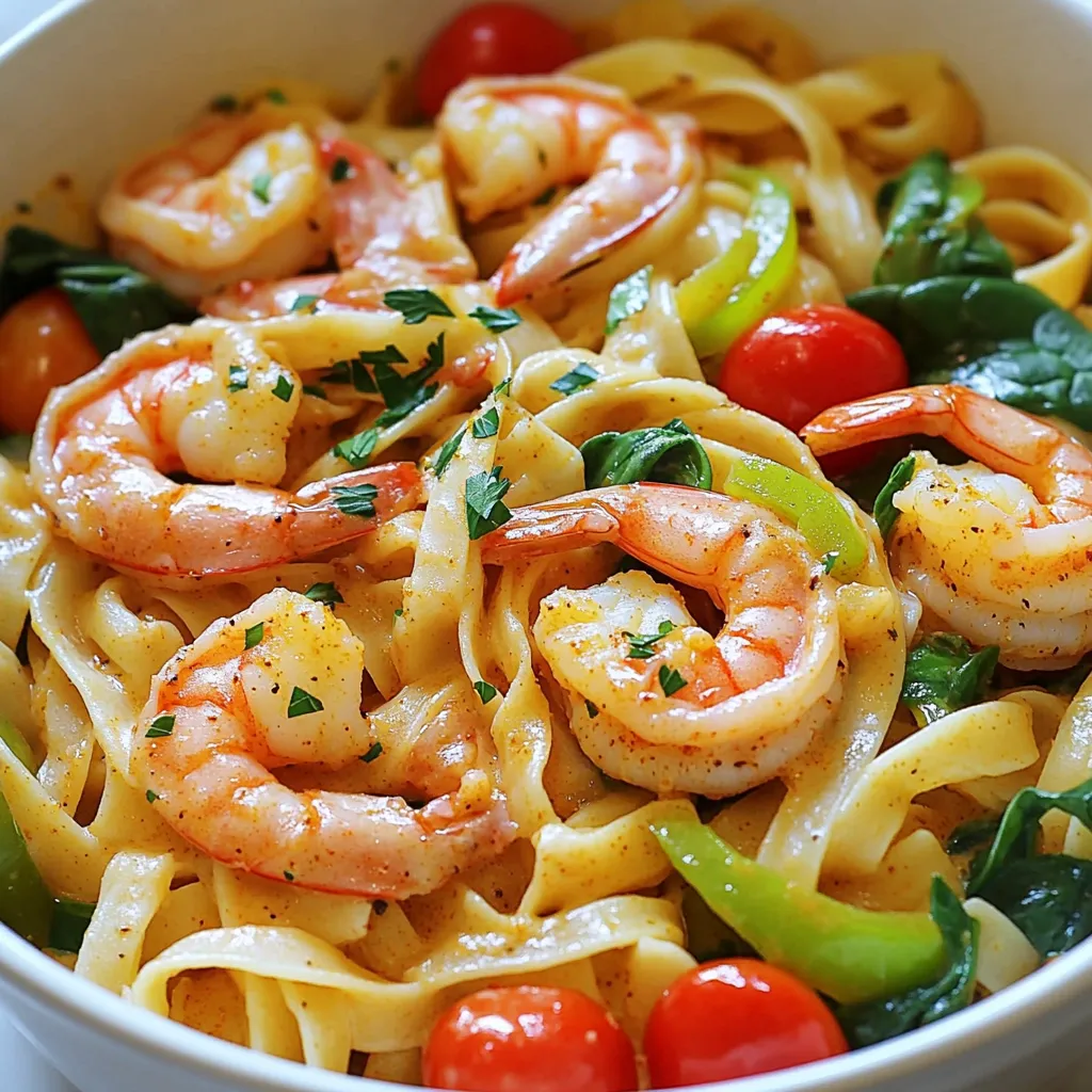 - 12 ounces fettuccine or linguine pasta - 1 pound peeled and deveined shrimp - 4 cups chicken broth - 1 cup heavy cream - 1 cup spinach leaves - 1 tablespoon Cajun seasoning - 2 tablespoons olive oil - 1 red bell pepper, sliced - 1 green bell pepper, sliced - 1 small onion, diced - 3 cloves garlic, minced - 1 cup cherry tomatoes, halved - Salt and pepper to taste - Fresh parsley, for garnish One Pot Cajun Shrimp Pasta is quick and full of flavor. You start with the pasta; choose either fettuccine or linguine. Both work well. You need one pound of shrimp, already peeled and deveined. This saves time and makes cooking easy. Next, chicken broth adds depth. Use four cups to make the dish rich. Heavy cream gives the sauce a creamy texture. One cup is all you need. Add a cup of fresh spinach leaves for color and nutrients. Seasoning is key! You need one tablespoon of Cajun seasoning. This spice mix gives the dish its signature kick. Two tablespoons of olive oil help cook the veggies. You also need some colorful veggies. Slice one red and one green bell pepper. Dice a small onion for sweetness. Mince three cloves of garlic for flavor. Lastly, add one cup of halved cherry tomatoes for freshness. Don't forget salt and pepper to taste. Fresh parsley adds a nice touch as a garnish. These ingredients come together to create a savory and quick meal that everyone will love. 1. Start by heating 2 tablespoons of olive oil in a large pot over medium-high heat. 2. Add 1 sliced red bell pepper, 1 sliced green bell pepper, and 1 diced small onion. 3. Sauté these vegetables for about 5 minutes. You want them soft and fragrant. 4. Next, add 3 minced garlic cloves. Cook for 1 more minute until you smell the garlic. 5. Now, sprinkle 1 tablespoon of Cajun seasoning over the veggies. Mix it well to coat them. 6. Add 1 pound of peeled and deveined shrimp. Stir occasionally until they turn pink, which takes about 2-3 minutes. 1. Pour in 4 cups of chicken broth and bring it to a simmer. 2. Once simmering, add 12 ounces of fettuccine or linguine pasta into the pot. Make sure the pasta is fully submerged. 3. Cover the pot and cook the pasta according to the package instructions. This usually takes around 10-12 minutes. 4. Stir the pasta occasionally to keep it from sticking together. 1. When the pasta is cooked and most of the liquid is absorbed, reduce the heat to medium-low. 2. Stir in 1 cup of heavy cream, 1 cup of halved cherry tomatoes, and 1 cup of spinach leaves. 3. Cook for another 2-3 minutes until the spinach wilts and all is heated through. 4. Season with salt and pepper to taste. Adjust more Cajun seasoning if you like it spicier. 5. Remove the pot from heat and let it sit for a few minutes to thicken. 6. Before serving, garnish with chopped fresh parsley. - Use good Cajun seasoning. I like to pick one with real spices and no fillers. This makes a big difference in taste. You can find great blends online or in stores. - Choose fresh shrimp. Look for shrimp that smell like the ocean, not fishy. If you can, buy them from a trusted fish market. Fresh shrimp cooks better and tastes great. - One-pot cooking is easy. Start with high heat for sautéing, then lower it for simmering. This helps all flavors blend well. - To prevent pasta from sticking, stir it often while it cooks. Adding a bit of oil to the water can help too. This keeps it from clumping together. - For garnishes, use fresh parsley. It adds a nice pop of color and flavor. You can also try green onions or grated Parmesan. - Pair this dish with a simple salad or crusty bread. These sides complement the pasta and make your meal feel complete. {{image_2}} You can swap shrimp for other proteins if you like. Chicken or scallops work well. Tofu is a great choice for a plant-based option. Different pasta types can change the dish, too. Try penne or rotini for a fun twist. Whole wheat or gluten-free pasta also fit nicely in this meal. If you need gluten-free options, choose gluten-free pasta. You can find many choices at stores now. Just make sure to check the labels. For a vegetarian alternative, skip the shrimp. You can add more veggies like zucchini or mushrooms. This keeps the flavors bold and tasty. To really pack in the flavor, add extra spices. A dash of cayenne or paprika can enhance the heat. You might want to try adding lemon zest for a fresh twist. Incorporating additional veggies is another great choice. Spinach is nice, but you could also add asparagus or broccoli. This makes your dish colorful and healthy. To keep your One Pot Cajun Shrimp Pasta fresh, store it in an airtight container. This helps prevent moisture loss. Make sure the dish is cool before sealing it. In the fridge, it lasts for 3 to 4 days. When you want to enjoy leftovers, you can reheat it easily. Use a skillet over low heat. Add a splash of chicken broth or cream to keep it moist. Stir often to avoid burning. You can also use the microwave. Cover it loosely and heat in short bursts. This way, you keep the flavor intact. Yes, you can freeze One Pot Cajun Shrimp Pasta! Portion it into freezer-safe containers. Leave some space at the top for expansion. It stays good for up to 3 months. When ready to eat, thaw it in the fridge overnight. Reheat it on the stove or microwave, adding a bit of liquid to revive the taste. This dish is quick to make. It takes about 10 minutes to prep. Cooking it adds another 20 minutes. In total, you will spend about 30 minutes to make this meal. Yes, you can make this dish ahead of time. I suggest cooking the pasta and shrimp first. You can then store it in an airtight container. Just reheat it when you are ready to eat. Add cream and spinach right before serving for the best taste. You can pair this dish with many sides. A simple green salad works well. Garlic bread is another great choice. You can also serve it with steamed veggies or a light coleslaw to balance the flavors. Yes, this dish has a bit of heat from the Cajun seasoning. If you prefer less spice, you can adjust the amount. Start with half a tablespoon and taste as you cook. You can also add extra cream to tone it down if needed. This blog post covered how to make a tasty One Pot Cajun Shrimp Pasta. We looked at ingredients, preparation steps, and cooking tips to help you succeed. Remember to adjust the spices to suit your taste. You can swap ingredients and make this dish fit your diet. Whether you’re cooking for a crowd or just for yourself, this dish delivers flavor and ease. Enjoy experimenting and making it your own!