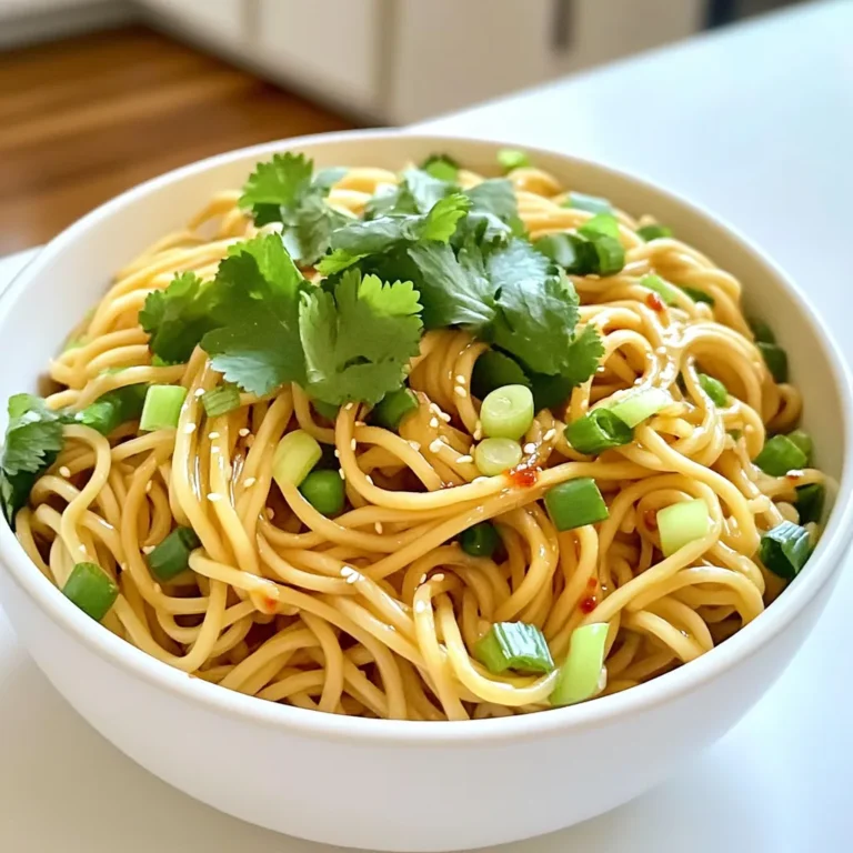 To make Fifteen Minute Garlic Chili Noodles, gather these items: - 200g egg noodles - 3 tablespoons olive oil - 4 cloves garlic, minced - 1 red chili, thinly sliced - 1 tablespoon soy sauce - 1 tablespoon sesame oil - 1 teaspoon sugar - 1 green onion, chopped - Fresh cilantro, for garnish - Salt to taste You can swap ingredients based on what you have. Here are some ideas: - Use rice noodles instead of egg noodles for a gluten-free option. - Canola oil works well if you don't have olive oil. - For less heat, use bell pepper instead of red chili. - Coconut aminos can replace soy sauce for a soy-free option. - Swap sesame oil with peanut oil for a nutty flavor. - If you don't have green onions, use chives or shallots. To cook this dish, you'll need: - A large pot for boiling noodles - A large skillet or wok for sautéing - A cutting board and knife for chopping - A measuring spoon for accuracy - A serving plate to present your dish Start by boiling water in a pot. Add 200g of egg noodles to the pot. Cook them until they are al dente, which usually takes about 3 to 4 minutes. Check the package for specific times. Once done, drain the noodles and set them aside. This step is quick and helps you save time. Grab a large skillet or wok and heat 3 tablespoons of olive oil over medium-high heat. When the oil is hot, add 4 cloves of minced garlic. Stir it for about 30 seconds. You want it fragrant but not browned. Next, toss in 1 thinly sliced red chili. Sauté them together for another minute. This will make your kitchen smell amazing! Now, lower the heat a bit. Toss in the cooked noodles, along with 1 tablespoon of soy sauce, 1 tablespoon of sesame oil, and 1 teaspoon of sugar. Mix everything well so the noodles are coated evenly. Add salt to taste and fold in 1 chopped green onion. Stir-fry everything for another minute. When it’s all warm, transfer the noodles to a serving plate. Finally, garnish with fresh cilantro for a burst of color and taste. Enjoy your meal! To make your garlic chili noodles shine, use fresh ingredients. Fresh garlic packs a punch, while a ripe chili adds heat. Adjust the chili based on your spice level. If you want less heat, remove the seeds from the chili. The soy sauce adds depth and umami. Feel free to add more or less to match your taste. For a more complex flavor, try adding a splash of rice vinegar or lime juice. When cooking the noodles, follow the package instructions closely. Drain them as soon as they reach al dente. This keeps them from getting too soft later. Rinse the noodles briefly under cold water to stop the cooking process. This step helps keep the noodles firm. Toss them with a bit of olive oil before adding to your stir-fry. This prevents them from sticking together. Serve the noodles hot on a plate or in a bowl. Top with extra chopped green onions and fresh cilantro for color. You can also sprinkle sesame seeds for added crunch. Pair the noodles with a side of steamed veggies or a fresh salad. These sides balance the meal and add nutrients. For a fun twist, serve with lime wedges for an extra zing. {{image_2}} You can easily add protein to your garlic chili noodles. Chicken, shrimp, or tofu work well. Simply cook your chosen protein in the skillet before adding the garlic. For chicken, cut it into small pieces. For shrimp, peel and devein them. Tofu should be cubed. Cook until just done, then follow the rest of the recipe. This dish is great for both vegetarians and vegans. To make it vegetarian, stick with the egg noodles. For a vegan option, swap the egg noodles for rice noodles. Ensure your soy sauce is vegan-friendly. You can also add more veggies like bell peppers or broccoli. They will add color and nutrients to your meal. You can adjust the spice level to fit your taste. If you love heat, add more red chili or a splash of chili oil. For a milder dish, use less chili or omit it altogether. You can also add a sprinkle of black pepper or a dash of hot sauce at the end for a unique kick. After your meal, let the garlic chili noodles cool. Place them in an airtight container. Make sure to get rid of any extra air. Store the noodles in the fridge for up to three days. Keeping the noodles sealed helps them stay fresh and tasty. To reheat, you can use a skillet or microwave. If using a skillet, add a splash of water to keep them moist. Heat on medium until warm. If using a microwave, cover the noodles and heat in 30-second bursts. Stir in between to heat evenly. You can freeze the garlic chili noodles, but they may change texture. First, cool them completely. Then, place them in a freezer-safe bag. Remove as much air as possible. You can keep them in the freezer for up to a month. When ready to eat, thaw in the fridge overnight. Reheat as mentioned above. Yes, you can make this recipe gluten-free. Use gluten-free egg noodles or rice noodles instead. These options work well and taste great. Always check the labels to ensure they meet your needs. You can also swap soy sauce for gluten-free tamari. This keeps the flavors intact without the gluten. Garlic chili noodles pair well with many dishes. You can serve them with grilled chicken or shrimp for extra protein. A side of steamed vegetables adds color and nutrition. Try a light salad with a tangy dressing to balance the heat. These noodles also work well as a base for stir-fried vegetables. To adjust the spiciness, you can modify the chili. For less heat, use half a red chili or remove the seeds. If you want more spice, add a pinch of red pepper flakes. You can also drizzle some chili oil on top before serving. Taste as you go to find your perfect heat level. This guide took you through creating garlic chili noodles. We covered necessary ingredients, tools, and step-by-step cooking tips. I shared ways to adjust flavors, how to handle leftovers, and ideas for serving. Keep these tips in mind to make a tasty dish each time. Experiment with ingredients to find what you love. This dish is simple, fun, and adaptable. Enjoy your cooking adventure and make garlic chili noodles your own!