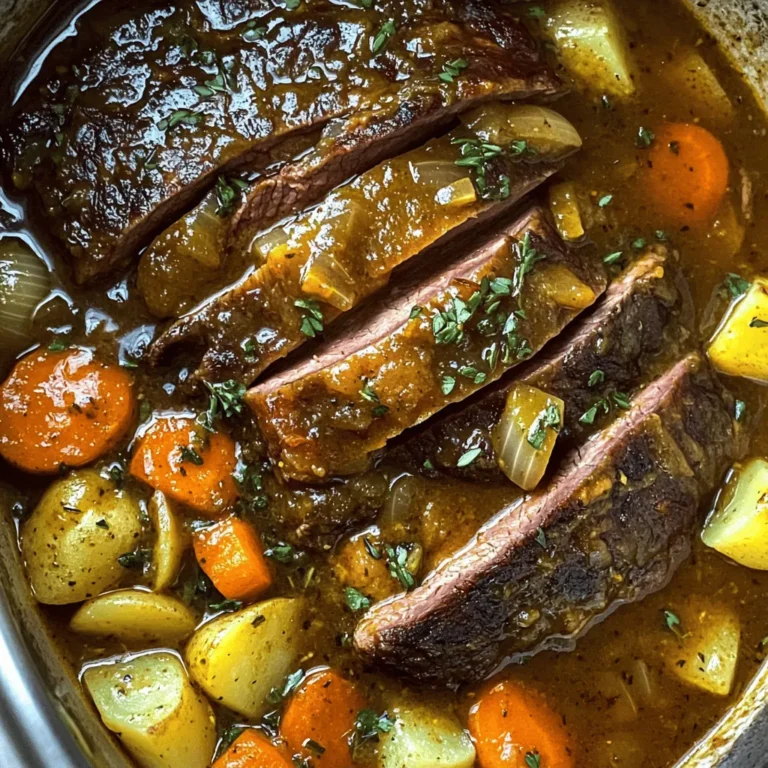 - 3 pounds chuck roast - 4 large carrots, peeled and cut into chunks - 3 large potatoes, peeled and diced - 1 large onion, quartered - 4 cloves garlic, minced - 2 cups beef broth - 2 tablespoons tomato paste - 1 teaspoon dried thyme - 1 teaspoon dried rosemary - 1 bay leaf - Salt and pepper to taste - You can add celery or parsnips for more flavor. - Fresh herbs like parsley make a great garnish. When I make this dish, I start with fresh, quality ingredients. The chuck roast is the star. It’s tender and full of flavor. Carrots and potatoes give it heartiness. Onion adds sweetness, while garlic brings warmth. For seasoning, I use dried thyme and rosemary. They add depth to the dish. The bay leaf is optional, but it enhances the aroma. Always adjust salt and pepper to fit your taste. If you want to mix it up, feel free to add other veggies. Celery adds crunch, and parsnips bring sweetness. Fresh parsley on top makes it look nice and fresh. This dish is all about comfort and warmth. It’s simple, yet so satisfying. You can serve it with crusty bread or a salad. Enjoy each bite of this hearty meal! - Season the chuck roast generously with salt and pepper. - Sear the roast in olive oil for flavor enhancement. First, grab that chuck roast and sprinkle it all over with salt and pepper. This step is key for taste. Next, heat two tablespoons of olive oil in a pan over medium-high heat. Once it's hot, add the roast. Sear it for about 4-5 minutes on each side. This will give it a nice brown crust and deepen the flavor. - Layer carrots, potatoes, onion, and garlic at the bottom of the slow cooker. Now, let’s move to the veggies. Take four large carrots, three large potatoes, one large onion, and four cloves of minced garlic. Cut the carrots into chunks and dice the potatoes. Place these veggies at the bottom of your slow cooker. They will hold the roast above them, soaking up all the wonderful juices. - Combine beef broth, tomato paste, thyme, rosemary, and seasonings in a bowl. In a separate bowl, mix together two cups of beef broth, two tablespoons of tomato paste, one teaspoon of dried thyme, and one teaspoon of dried rosemary. Add salt and pepper to taste. Stir this all together until it’s well combined. This sauce will add moisture and flavor to the dish. - Place the roast on top of the veggies, pour broth mixture, and add bay leaf. - Cook on low for 8-10 hours or high for 4-6 hours. Now, place your seared roast right on top of the veggies. Pour the broth mixture over everything. Don’t forget to add one bay leaf; it adds a nice touch. Cover the slow cooker and cook on low for 8-10 hours or high for 4-6 hours. The roast should be fork-tender when it’s done. - Remove roast and veggies, discard bay leaf, and slice roast before serving. Once cooking is complete, take out the roast and veggies carefully. Discard the bay leaf. Let the roast rest for a few minutes before slicing. This resting time helps keep the juices inside the meat. Serve it up with the veggies for a hearty meal! Searing the meat is key. It adds a deep, rich flavor to your pot roast. Heat olive oil in a skillet before adding the roast. Sear each side for about 4-5 minutes. This step makes a big difference. You can also marinate the roast before cooking. A simple mix of olive oil, herbs, and spices works well. Let it sit for a few hours or overnight for best results. Slow cookers have different settings. You can cook on low for 8-10 hours or high for 4-6 hours. The low setting allows flavors to blend well. Always check the meat for tenderness. A fork should slide in easily when it’s done. If it’s tough, give it more time. Presentation matters. Use a large platter to serve your pot roast. Arrange the sliced roast in the center. Surround it with the tender root veggies. Drizzle some cooking liquid over the meat for moisture. Fresh herbs like parsley add color and freshness. For sides, consider a simple salad or crusty bread. They pair perfectly with the hearty roast. {{image_2}} You can use other cuts of meat for pot roast. Brisket is a great option. It has a rich flavor and becomes tender when cooked low and slow. Round roast is another choice. It is leaner but still tasty. Both cuts work well in a slow cooker. Just adjust cooking time if needed. If you want a meat-free dish, try a vegetarian version. Use plant-based meat substitutes like jackfruit or lentils. You can also add extra mushrooms for a meaty texture. Replace beef broth with vegetable broth. This keeps the flavor strong. Add more herbs for richness, too. You can mix up the flavors in your pot roast. For a BBQ twist, add barbecue sauce to the broth. This gives a sweet and tangy taste. For an Asian flair, use soy sauce and ginger. You can also add sesame oil for depth. Adjust the spices to match your choice. Each variation brings a new delight to your table. To keep your pot roast and veggies fresh, start by letting them cool. Place leftovers in airtight containers. This keeps them from drying out. Store them in the fridge. They will last for about three to four days. Make sure you label your containers with the date. This helps you track how long they have been stored. If you want to keep leftovers longer, freezing is a great option. First, let the pot roast and veggies cool completely. Cut the roast into smaller pieces for easier storage. Place the meat and veggies in freezer-safe bags. Remove as much air as possible before sealing. This prevents freezer burn. Your pot roast can last up to three months in the freezer. When you're ready to eat, thaw it overnight in the fridge. Reheat on the stove or microwave until hot. Leftover pot roast is super versatile. You can use it to make tasty sandwiches. Just shred the meat and add your favorite sauce. You can also make a hearty soup. Simply combine the roast with broth and veggies for a warm meal. Another idea is to add it to salads for protein. The options are endless! The best cut of meat for pot roast is chuck roast. This cut has a good amount of fat and connective tissue. When cooked slowly, it becomes very tender. The fat adds flavor and moisture to the dish. Other cuts can work, but they may not give the same rich taste and texture. Yes, you can cook this recipe on high. If you choose high, reduce the cooking time to 4-6 hours. However, low cooking is better for flavor and tenderness. The longer cook time allows the meat to break down nicely. This helps the flavors meld together more fully. To check if the pot roast is done, look for tenderness. Use a fork to poke the meat. It should pull apart easily. The internal temperature should reach at least 190°F for best results. If it is not tender yet, let it cook longer. If you need a substitute for beef broth, you have options. You can use chicken broth or vegetable broth. For a richer flavor, try mushroom broth. If you want a low-sodium option, look for low-sodium broth. These choices work well and keep your dish tasty. This pot roast recipe combines simple ingredients with easy steps for a hearty meal. You learned how to prepare the roast, veggies, and sauce, and explored tips to enhance the flavor. I also shared variations and storage tips to keep things fresh. Remember, the joy of cooking comes from experimenting and making a dish your own. Enjoy your pot roast adventure!