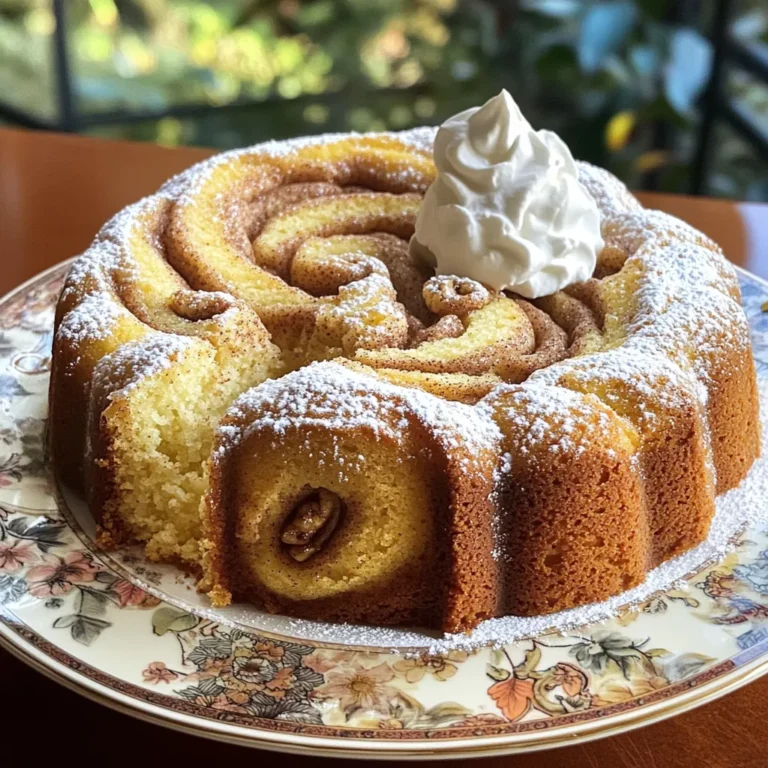To make a Bakery-Style Cinnamon Swirl Pound Cake, gather these ingredients: - Unsalted butter: 1 ½ cups, softened - Granulated sugar: 3 cups - Eggs: 5 large - Vanilla extract: 1 tablespoon - All-purpose flour: 3 cups - Baking powder: 1 teaspoon - Salt: ½ teaspoon - Sour cream: 1 cup - Ground cinnamon: 1 tablespoon - Brown sugar: ½ cup, packed - Chopped walnuts: 1 cup (optional) These ingredients work together to create a rich, moist cake. The butter and sugar provide a sweet base, while the eggs add structure and moisture. Vanilla extract brings a warm flavor, enhancing the overall taste. The flour serves as the backbone of the cake, and the baking powder helps it rise. Salt balances the sweetness, making each bite perfect. Sour cream adds a nice tang and moisture, keeping the cake tender. The ground cinnamon and brown sugar create that delightful swirl. If you like, add chopped walnuts for crunch and flavor. Each ingredient plays a role in making your pound cake taste like it came straight from a bakery. - Preheat your oven to 350°F (175°C). - Grease and flour a 10-inch tube or bundt pan. This keeps the cake from sticking. - In a large bowl, cream the softened butter and granulated sugar. Mix until light and fluffy, about 5-7 minutes. - Add the eggs one by one. Mix well after each egg. Stir in the vanilla extract for extra flavor. - In a separate bowl, whisk together the flour, baking powder, and salt. - Gradually add this dry mix to the butter-sugar mix. Alternate with the sour cream. Start and end with the flour mix. Mix until just combined. - In a small bowl, combine ground cinnamon, brown sugar, and chopped walnuts if you like. - Pour half of the pound cake batter into the prepared pan. Sprinkle half of the cinnamon-sugar mix over it. Pour the rest of the batter on top. - Use a knife or skewer to swirl the remaining cinnamon-sugar mix into the batter. This creates a lovely marbled look. - Bake for 60-70 minutes. Check if a toothpick inserted into the center comes out clean. - Once done, let the cake cool in the pan for about 15 minutes. Then, transfer it to a wire rack to cool completely. To get that perfect texture, start with proper creaming. Cream the butter and sugar for five to seven minutes. This makes the cake light and fluffy. Next, use room temperature ingredients. Cold butter or eggs can lead to a dense cake. For a lovely finish, dust your cake with powdered sugar. This simple touch makes it look fancy. You can also add a dollop of whipped cream or a scoop of ice cream. Using high-quality ingredients matters. Good vanilla and fresh eggs can change the flavor. Swirling the cinnamon-sugar is key. Pour half the batter in the pan first. Then sprinkle half of the cinnamon-sugar mix. Use a knife or skewer to swirl it gently. Avoid over-mixing the batter. Too much mixing can ruin the swirl and make the cake dense. {{image_2}} You can make this cake even more fun. Try adding chocolate chips or cocoa powder for a rich twist. If you want a different taste, use extracts like almond or maple. These small changes can make a big impact on flavor. You can switch up the swirls by using fruit. Chopped apples or raisins add a nice touch. For toppings, consider a simple glaze or a light frosting. These options can elevate your cake and make it even more enjoyable. If you need gluten-free options, use a gluten-free flour blend. This keeps the cake soft and tasty. For a vegan version, replace eggs with applesauce or flaxseed meal. Use plant-based butter and non-dairy yogurt for a great texture. These swaps still give you a delicious cake. To keep your cinnamon swirl pound cake fresh, wrap it well. Use plastic wrap or aluminum foil. A cake dome also works great. These methods lock in moisture and flavor. Store the cake at room temperature for the best taste. You can freeze this cake for later. First, let it cool completely. Then, wrap it in plastic wrap tightly. Place it in a freezer-safe bag or container. This keeps out air and prevents freezer burn. To thaw, leave it in the fridge overnight. You can also place it at room temperature for a few hours. This helps keep the cake soft and moist. At room temperature, the cake stays fresh for about 3 to 4 days. If you store it properly, it can last even longer. Look for signs of spoilage. If the cake smells off or has mold, it's time to throw it out. A dry texture also means it’s past its prime. To keep your pound cake moist, use these tips: - Use room temperature ingredients. - Don’t overmix the batter. - Bake at the right temperature. - Add a little extra sour cream. - Let the cake cool in the pan briefly. These steps help the cake retain moisture. When mixing, keep it gentle. Overmixing can make the cake tough. Yes, you can use different pans. Here are some options: - A loaf pan for a classic shape. - A round cake pan for layered cakes. - A square pan for easier serving. Just adjust the baking time. A loaf pan may need a bit longer to bake. High-altitude baking needs some tweaks: - Decrease sugar by 1-2 tablespoons. - Add a bit more liquid, like milk or water. - Increase the oven temperature by 25°F. These changes help the cake rise better and not dry out. You can substitute sour cream with: - Greek yogurt for similar tang and texture. - Buttermilk for a lighter cake. - Cream cheese mixed with a bit of milk. These options keep the cake moist and tasty. Choose what you have on hand! This cake recipe combines simple ingredients and easy steps to create a delicious treat. Follow my tips for moisture and flavor for the best results. Remember to store leftovers properly, and feel free to explore variations to suit your taste. Enjoy baking and sharing this classic cake with friends and family. Your baking skills will shine, and it may surprise you just how tasty it can be!