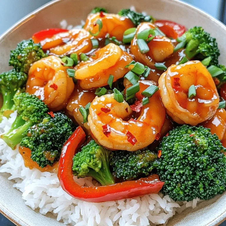 - 1 lb large shrimp, peeled and deveined - 1 cup broccoli florets - 1 red bell pepper, sliced - Soy sauce, hoisin sauce, rice vinegar, sesame oil - Fresh ginger, garlic, red pepper flakes - Cornstarch and salt for marinating - Jasmine rice for serving - Green onions for garnish When I make General Tso’s shrimp, I choose large shrimp. They cook fast and have great flavor. I also like to add colorful veggies like broccoli and red bell pepper. They add crunch and nutrition. For the sauce, I use soy sauce and hoisin sauce. These sauces bring out the umami in the shrimp. Rice vinegar adds a bit of tang, while sesame oil gives it a nutty flavor. Fresh ginger and garlic make the dish aromatic. I add red pepper flakes for a kick, but you can adjust this to your taste. Cornstarch helps to thicken the sauce and gives the shrimp a nice coating. I serve this dish over fluffy jasmine rice. It soaks up the sauce well. I like to top it with sliced green onions for a fresh finish. This dish is not only tasty but also looks great on the plate! - Combine shrimp with 1 tablespoon of soy sauce, 1 tablespoon of cornstarch, and a sprinkle of salt. - Set aside for 15 minutes. This step makes the shrimp tender and flavorful. - Mix the remaining soy sauce, hoisin sauce, rice vinegar, sesame oil, ginger, and red pepper flakes in a bowl. - This sauce adds a rich, sweet, and spicy flavor to the dish. - Heat a skillet over medium-high heat and add a bit of sesame oil. - Stir-fry 1 cup of broccoli florets and 1 red bell pepper for 3-4 minutes. - Set aside once they are slightly tender but still crisp. - In the same skillet, add the marinated shrimp. Cook for 2-3 minutes per side. - Once they turn pink and opaque, add 3 minced cloves of garlic. Sauté until fragrant, about 30 seconds. - Pour in the prepared sauce and let it simmer for 1-2 minutes. - Toss the shrimp and vegetables together until well-coated and heated through. - Serve the General Tso’s shrimp over cooked jasmine rice. - Garnish with sliced green onions for a fresh touch. To get the best shrimp, choose large, fresh shrimp. Look for shrimp with a clean smell and a firm texture. When you get home, peel and devein them if needed. Marinate shrimp with soy sauce, cornstarch, and a pinch of salt. Let them sit for 15 minutes. This helps them soak in the flavors and stay juicy. Cook shrimp in a hot skillet. This locks in moisture. Cook each side for about 2-3 minutes. The shrimp should turn pink and opaque. If you overcook them, they can become rubbery. Keep an eye on them for the best results. To adjust the heat in your sauce, add red pepper flakes. Start with a teaspoon and taste. You can always add more if you like it spicy. If you want a sweeter touch, add a bit of honey or brown sugar. For a tangy note, a splash of lime juice works wonders. Try adding other ingredients too. Pineapple chunks add sweetness. Bell peppers and carrots can add color and crunch. Feel free to experiment and find what you love! For a great-looking dish, use a bright plate. The colors of the shrimp and veggies will pop. Serve on a bed of jasmine rice for a nice contrast. When serving, sprinkle extra red pepper flakes and sliced green onions on top. This adds color and makes the dish look fresh and inviting. You can also add fresh herbs like cilantro for a fragrant touch. Small bowls of extra sauce can encourage sharing and enhance the meal experience. {{image_2}} You can switch up the veggies in General Tso's shrimp. Try using snap peas or mushrooms. You can also add carrots or zucchini. Seasonal vegetables work great too. For spring, think about asparagus. In fall, add butternut squash. Just chop them small to match the shrimp's size. This keeps every bite balanced. If you want to change the protein, chicken or tofu can work well. For chicken, cut it into small pieces. Cook it a bit longer than shrimp. For tofu, press it first to remove extra water. Cut it into cubes and cook until brown. Adjust the cooking time so each protein cooks evenly. You can make this dish gluten-free easily. Swap regular soy sauce for tamari. Also, check the hoisin sauce for gluten. For vegetarian options, use tofu instead of shrimp. You can still enjoy all the great flavors. Just keep the sauce and veggies the same. To keep your General Tso’s shrimp fresh, follow these steps: - Place leftovers in an airtight container. - Use a shallow container for quicker cooling. - Refrigerate within two hours of cooking. - For longer storage, freeze in a freezer-safe bag. Using glass containers helps avoid stains and odors. Always label the containers with the date. This way, you know how long they’ve been stored. When reheating, keep the shrimp’s texture in mind. Here are some tips: - Use a skillet over medium heat for best results. - Add a splash of water or broth to prevent drying. - Heat until warmed through but do not overcook. Microwaving is quick, but it can make the shrimp rubbery. If you use a microwave, heat in short bursts and stir often. How long can your dish last? Here’s the breakdown: - In the fridge, General Tso’s shrimp lasts about 3 days. - In the freezer, it can last up to 2 months. Make sure to check for any signs of spoilage before eating. If it smells off or looks strange, it’s best to toss it. Yes, you can easily adjust the spice level. Start with one teaspoon of red pepper flakes. If you want more heat, add more flakes. You can also add sliced fresh chili peppers. Just remember, it’s easier to add spice than to take it away. This dish pairs well with jasmine rice. You can also serve it with steamed rice or fried rice. For a fresh touch, add a side of cucumber salad or pickled vegetables. They will balance the flavors and add crunch. Look for shrimp that turn pink and opaque. They should curl slightly when cooked. If they feel firm to the touch, they are done. Overcooking can make them rubbery, so keep an eye on them! Yes, frozen shrimp works great! Just thaw them first. You can place them in cold water for quick thawing. Make sure to drain and pat them dry before using. This helps the shrimp cook evenly and absorb the flavors well. General Tso’s Shrimp combines shrimp, veggies, and a tasty sauce. We covered marinating, cooking, and serving. You can customize with different proteins and veggies. Store leftovers properly for best taste. Now, enjoy making this dish your own. With these tips, you’ll impress family and friends. Happy cooking!