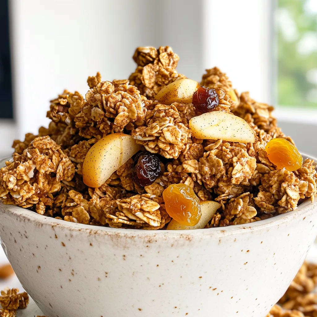 Here’s what you need to make Apple Pie Granola Clusters. Gather these simple items: - 2 cups old-fashioned rolled oats - 1 cup chopped nuts (like walnuts, pecans, or almonds) - 1 cup unsweetened coconut flakes - 1 teaspoon ground cinnamon - ½ teaspoon ground nutmeg - ½ teaspoon salt - ¼ cup maple syrup - ¼ cup melted coconut oil - 1 cup chopped dried apples - ½ cup raisins or dried cranberries - 1 teaspoon vanilla extract These ingredients come together to create a crunchy and tasty snack. The oats provide a great base, while the nuts add a nice crunch. Coconut flakes give a subtle sweetness, and spices like cinnamon and nutmeg bring that cozy, warm flavor. Dried apples and raisins or cranberries add a fruity touch. Using maple syrup and coconut oil keeps everything moist and flavorful. This mix is not just good for snacking; it can also be used as a topping for yogurt or even ice cream. When you get these ingredients ready, you will be one step closer to enjoying your homemade granola clusters! First, set your oven to 325°F (165°C). This temperature is perfect for getting those clusters crispy. Line a large baking sheet with parchment paper to keep the granola from sticking. In a big bowl, add 2 cups of rolled oats, 1 cup of chopped nuts, and 1 cup of coconut flakes. Then, sprinkle in 1 teaspoon of ground cinnamon, ½ teaspoon of ground nutmeg, and ½ teaspoon of salt. Stir everything together until it's well mixed. This blend gives your granola its tasty flavor. In another bowl, whisk together ¼ cup of maple syrup, ¼ cup of melted coconut oil, and 1 teaspoon of vanilla extract. This mixture adds sweetness and helps everything stick together. Now, pour the wet mixture over the dry ingredients. Stir well to coat all the oats and nuts. Make sure every piece gets some of that sweet mixture. This step is key for great clusters. Next, fold in 1 cup of chopped dried apples and ½ cup of raisins or dried cranberries. These fruits add chewy texture and a burst of flavor. Spread the mixture evenly onto your lined baking sheet. Press down gently to form clusters. Bake in your preheated oven for about 25 to 30 minutes. Stir halfway through to ensure even baking. Look for a golden brown color. Once baked, take the sheet out of the oven. Let the granola cool completely on the sheet. It will harden as it cools. After cooling, break it into clusters. Store these tasty bites in an airtight container to keep them fresh. Enjoy your homemade apple pie granola clusters! To get those perfect clusters, press the mixture down before baking. This helps bind the oats and nuts together. Use a spatula to flatten the mix on the baking sheet. The tighter you press, the bigger your clusters will be. Bake your granola for about 25 to 30 minutes at 325°F (165°C). Stir the granola halfway through to ensure even browning. Look for a golden color. This shows it’s ready. Keep an eye on it during the last few minutes to prevent burning. These clusters taste great on their own or with yogurt. Try adding fresh apple slices for a fun twist. You can also sprinkle some extra cinnamon on top for added flavor. Enjoy them as a snack or breakfast treat! {{image_2}} You can change the nuts in this recipe. Use any nuts you like! Walnuts, pecans, or almonds work great. If you want a nut-free version, try pumpkin seeds or sunflower seeds. These add crunch without nuts. Dried apples are a star in this recipe. Still, you can mix it up! Use dried pears, apricots, or even figs. Each fruit brings a unique taste. Just remember to chop them small, so they blend well with the granola. Maple syrup gives a nice sweetness. However, you can swap it for honey or agave nectar. If you want less sugar, try mashed bananas or unsweetened applesauce. These options add sweetness and moisture. Adjust the amount based on your taste. To keep your Apple Pie Granola Clusters fresh, let them cool fully. Once cooled, break them into clusters. Store them in an airtight container. This method helps keep them crunchy and tasty. Choose a glass jar or a plastic container with a tight lid. These options block air and moisture. Avoid using paper bags, as they won't keep your granola fresh. You can also use resealable bags, but make sure to squeeze out the air before sealing. When stored properly, your granola clusters last about two weeks. If you want to keep them longer, consider freezing them. Just place the clusters in a freezer-safe bag. When you're ready to eat, thaw them at room temperature. Enjoy them as a quick snack or add them to yogurt. Yes, you can. To make apple pie granola clusters gluten-free, use certified gluten-free oats. Many brands offer oats that do not contain gluten. Check the label to be sure. You can also use gluten-free nuts and dried fruits. This way, you keep the crunchy and tasty flavor. The granola clusters last up to two weeks when stored properly. Keep them in an airtight container to keep them fresh. You can also store them in a cool, dry place. If you want to keep them longer, try freezing them. They freeze well for up to three months. You can use fresh apples, but they change the texture. Fresh apples contain water, which can make the clusters soggy. If you want to use fresh apples, chop them into small pieces and cook them first. This will reduce the water and keep your clusters crunchy. There are many ways to enjoy these clusters! You can eat them as a snack right out of the bowl. You can also add them to yogurt or milk for breakfast. They make a great topping for smoothies too. For extra fun, sprinkle some on your favorite ice cream. This blog covered how to make apple pie granola clusters with simple ingredients. You saw the step-by-step guide to mix, bake, and cool your mix. I shared tips on achieving perfect clusters and variations for custom flavors. Storing your granola properly ensures freshness and long shelf life. Making these clusters is easy and fun. You can adapt the recipe to your taste, too. Enjoy your tasty, healthy snacks anytime!