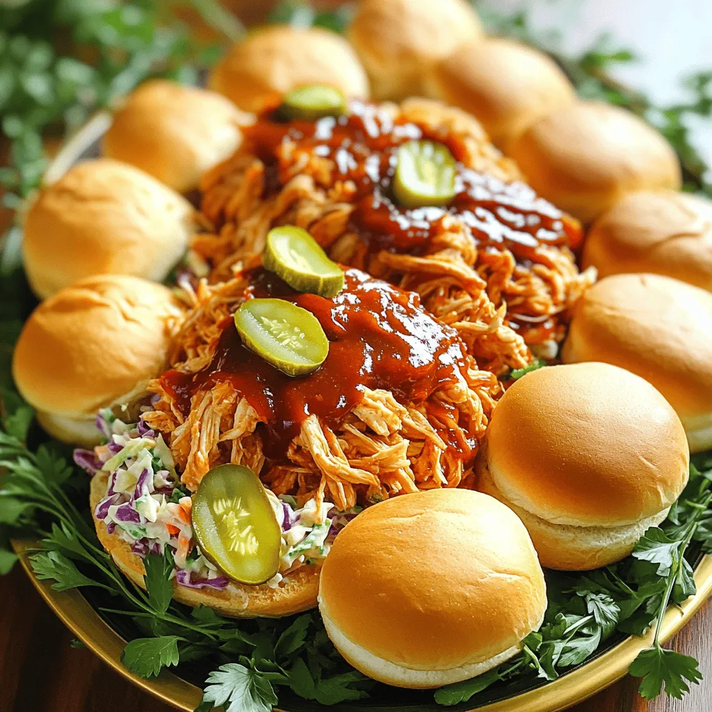 - 2 lbs boneless, skinless chicken breasts - 1 cup BBQ sauce - 1/2 cup chicken broth - 1 tablespoon apple cider vinegar - 1 tablespoon brown sugar - 1 teaspoon garlic powder - 1 teaspoon onion powder - 1/2 teaspoon smoked paprika - Salt and pepper to taste - 12 slider buns - Coleslaw (optional) - Pickles (optional) When I make Slow Cooker BBQ Pulled Chicken Sliders, I start with the main ingredients. The chicken breasts are the star here. I use 2 pounds of boneless, skinless chicken breasts. This keeps the dish tender and juicy. I also choose a cup of my favorite BBQ sauce. The sauce adds rich flavor and sweetness. To help everything cook well, I add half a cup of chicken broth. Next, I mix in some additional seasonings. Apple cider vinegar gives a nice tang. Brown sugar adds a touch of sweetness. Garlic powder and onion powder boost the taste. Smoked paprika gives a nice hint of smokiness. I also add salt and pepper to make it just right. For serving, I grab 12 slider buns. These buns are perfect for holding the pulled chicken. I sometimes add coleslaw on top for crunch. Pickles also make a great garnish. They add a zesty kick to every bite. With these ingredients, you can create sliders that are full of flavor. They make a great meal for any gathering. - In your slow cooker, mix 1 cup of BBQ sauce, 1/2 cup of chicken broth, 1 tablespoon of apple cider vinegar, 1 tablespoon of brown sugar, 1 teaspoon of garlic powder, 1 teaspoon of onion powder, 1/2 teaspoon of smoked paprika, salt, and pepper. Stir until well combined. - Place the 2 lbs of boneless, skinless chicken breasts in the slow cooker. Make sure each piece is fully coated in the sauce mixture. - Cover the slow cooker and set it to low for 6-8 hours or high for 3-4 hours. The chicken should be tender and easy to shred when done. - After cooking, take the chicken out and use two forks to shred it into pieces. - Put a generous amount of the pulled chicken onto each slider bun. - If you like, add a spoonful of coleslaw and a pickle slice on top for extra crunch and flavor. When using your slow cooker, you can choose low or high settings. - Low setting: Cook for 6-8 hours. - High setting: Cook for 3-4 hours. Look for signs of doneness. The chicken should be tender and pull apart easily. If it’s still hard, give it more time. To shred chicken, use two forks. This method is quick and easy. You can also use a stand mixer if you want. Just be careful not to over-shred! Keep the chicken moist by returning it to the sauce after shredding. This helps the chicken soak up the flavors. Pair your sliders with sides like potato chips or a fresh salad. Both options are easy and tasty. For presentation, arrange the sliders on a large platter. You can add fresh herbs or pickles around the edges. This makes your dish look extra inviting! {{image_2}} You can change up the BBQ sauce for your sliders. Try sweet, tangy, or spicy sauces. Each type brings its own flavor. If you want to make your own, combine these simple ingredients: - 1 cup ketchup - 1/4 cup apple cider vinegar - 1/4 cup brown sugar - 2 tablespoons Worcestershire sauce - 1 teaspoon garlic powder - 1 teaspoon onion powder - Salt and pepper to taste Mix these well, and you have a great homemade BBQ sauce! If chicken isn't your thing, you can switch to other meats. Pork or beef works well for pulled sliders too. Just use the same cooking method. For a meatless option, use jackfruit or lentils. These options give you a tasty, plant-based slider. Adding spices or herbs can boost flavor. Consider mixing in cayenne for heat or thyme for depth. You can also switch up your toppings. Try avocado, jalapeños, or cheese for added taste. Each little change can make your sliders unique and fun! To keep your sliders fresh, cool them down first. Place the pulled chicken in a shallow container. This helps it chill faster. For best results, use airtight containers. Glass or plastic containers both work well. Label the containers with dates to track freshness. You can freeze pulled chicken for later. First, let it cool completely. Then, put the chicken in freezer bags. Remove as much air as possible before sealing. This helps prevent freezer burn. When you want to eat it, thaw it overnight in the fridge. This keeps the chicken juicy and tasty. When reheating sliders, use the oven for best flavor. Preheat to 350°F. Place the sliders on a baking sheet and cover with foil. This keeps them moist. Heat them for about 15 minutes or until warm. You can also use a microwave, but this may make the buns soggy. Keep some coleslaw and pickles handy to refresh the taste. Cooking pulled chicken in a slow cooker takes either 6-8 hours on low or 3-4 hours on high. The low setting gives the chicken a tender, juicy texture. The high setting is faster but may not be as tender. Check for doneness by seeing if the chicken shreds easily with a fork. Yes, you can use frozen chicken breasts. However, you must adjust the cooking time. Frozen chicken may need an extra hour on low or 30 minutes on high. Always check the chicken’s internal temperature. It should reach 165°F (75°C) for safe eating. The best BBQ sauce depends on your taste. For sweet lovers, go for a honey or brown sugar BBQ sauce. If you like tangy flavors, try a vinegar-based sauce. For spice fans, pick a sauce with a kick. Experiment to find what you enjoy the most! This blog post covered how to make tasty pulled chicken sliders in a slow cooker. I provided a detailed list of main ingredients, seasonings, and optional components to add more flavor. You learned step-by-step instructions for preparation, cooking, and assembling the sliders. Plus, I shared tips for cooking time, shredding, storage, and variations. In the end, these sliders are easy, fun, and delicious for any meal. Enjoy your cooking!