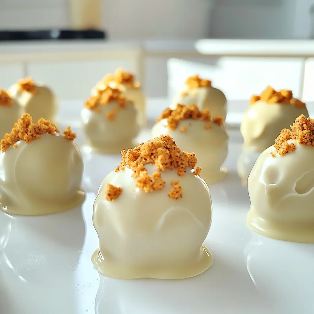 - 1 package (15.5 oz) Oreo cookies - 1 cup pumpkin puree (not pumpkin pie filling) - 8 oz cream cheese, softened - 1 cup white chocolate chips I love using Oreo cookies in this recipe. They add a rich flavor. The cream cheese gives the truffles a creamy texture. Pumpkin puree adds moisture and a nice fall taste. Make sure to get pure pumpkin, not the filling. - 1 tablespoon coconut oil (optional, for thinning chocolate) - 1 teaspoon pumpkin pie spice - 1/4 cup crushed graham crackers (for garnish) - Pinch of sea salt You can add coconut oil to the chocolate. This helps it melt nicely. Pumpkin pie spice gives extra warmth to the flavor. Crushed graham crackers make a great topping. A pinch of sea salt enhances the sweetness of the truffles. - Crushing the Oreos: Start with a package of Oreo cookies. Place them in a food processor. Pulse until you have fine crumbs. This step is key for a smooth truffle. Pour the crumbs into a mixing bowl. - Mixing pumpkin and cream cheese: Add 1 cup of pumpkin puree to the Oreo crumbs. Use pumpkin puree, not pie filling. Next, add 8 oz of softened cream cheese. Sprinkle in 1 teaspoon of pumpkin pie spice and a pinch of sea salt. Mix well. You want a dough-like texture that holds together. - Forming the truffles: Use your hands to scoop the mixture. Roll it into balls, each about 1 inch wide. Place the balls on a lined baking sheet. Keep them evenly spaced for easy coating later. - Refrigeration process: Now, chill the truffles for about 30 minutes. This helps them firm up, making them easier to coat in chocolate. - Melting the chocolate: While the truffles chill, melt 1 cup of white chocolate chips. Use a microwave-safe bowl. Heat in 30-second bursts, stirring in between. If you want a thinner chocolate, add 1 tablespoon of coconut oil. - Dipping and garnishing: Take the chilled truffles out of the fridge. Dip each truffle in the melted chocolate, using a fork. Let excess chocolate drip off. While the chocolate is still wet, sprinkle crushed graham crackers on top. Place them back on the baking sheet. Allow the chocolate to set completely. Ensuring a smooth chocolate coating To get a great chocolate coat, melt the white chocolate slowly. Use a microwave-safe bowl. Heat the chocolate in 30-second bursts. Stir well between each burst until it’s smooth. If the chocolate is too thick, add coconut oil. This will help it coat the truffles evenly. Using the right pumpkin puree Always use pure pumpkin puree, not pumpkin pie filling. The filling has added sugar and spices, which can change the taste. Pure pumpkin gives the truffles a soft and rich flavor. Check the label to make sure you choose the right one. Pairing with beverages These truffles go well with warm drinks. Try serving them with a spiced chai or a pumpkin latte. The flavors mix well and create a cozy vibe. You can also pair them with milk or hot cocoa for a sweet treat. Presentation ideas Place the truffles on a nice platter. You can sprinkle extra crushed graham crackers on top for a nice look. Using colorful cupcake liners can also make them pop. For a festive touch, add small fall-themed decorations around the platter. {{image_2}} You can change the flavor of your truffles easily. Use different types of Oreos for fun. Try mint, peanut butter, or even birthday cake Oreos. Each one gives a new taste twist. You can also add spices or extracts. A dash of cinnamon or nutmeg can boost the fall flavor. You might even try almond or vanilla extract for a unique touch. These small changes can create new experiences. Making these truffles gluten-free is simple. Use gluten-free Oreos instead of regular ones. This way, everyone can enjoy them without worry. For a vegan version, swap out the cream cheese with a vegan cream cheese. You can also use dairy-free chocolate chips to coat the truffles. These options make the treat friendly for all diets. To keep your No-Bake Oreo Pumpkin Truffles fresh, store them in the fridge. Place them in an airtight container. This helps prevent them from drying out. If you have a large batch, separate layers with parchment paper. This avoids sticking. They will stay fresh for about one week. You can freeze these truffles for longer storage. First, line a baking sheet with parchment paper. Place the truffles on the sheet and freeze them for about one hour. Once frozen solid, transfer them into a freezer-safe bag or container. Make sure to remove as much air as possible. They can last up to three months in the freezer. When you want to enjoy them again, take them out and put them in the fridge overnight to thaw. Serve them chilled for the best taste. Can I use pumpkin pie filling instead of puree? No, you should not use pumpkin pie filling. It has added sugar and spices. This can change the taste and texture of your truffles. Stick with plain pumpkin puree for the best results. How long do the truffles last in the fridge? The truffles can last about one week in the fridge. Keep them in an airtight container. This helps keep them fresh and tasty. Can I make these truffles ahead of time? Yes, you can make these truffles ahead of time. They are great for parties or holidays. Just store them in the fridge until you are ready to serve. What to do if the chocolate won’t harden? If the chocolate won’t harden, it may be too warm or thin. Try placing the truffles in the fridge for a bit longer. You can also add a small amount of coconut oil to help the chocolate set better. How to fix a crumbly truffle mixture? If your truffle mixture is crumbly, it might need more moisture. Add a little more pumpkin puree or soften cream cheese. Mix well until it holds together better. To sum up, we covered all you need for pumpkin Oreo truffles. We discussed key ingredients like Oreo cookies, cream cheese, and pumpkin puree. You learned step-by-step instructions that included mixing, shaping, and coating. We shared useful tips, variations, and storage advice to keep your truffles fresh. Now, you can enjoy these treats at any gathering. They’re fun to make and share. With the right ingredients and steps, you can wow your friends and family. Try these truffles; they’re sure to impress!