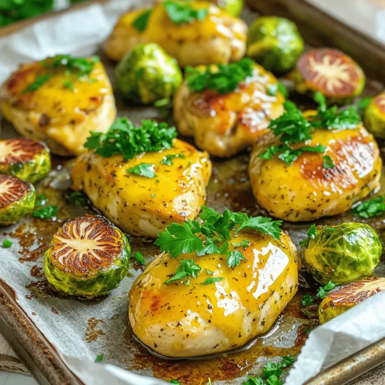 - 4 boneless, skinless chicken breasts - 1 pound Brussels sprouts, halved - 1/4 cup Dijon mustard - 1/4 cup pure maple syrup - 2 tablespoons olive oil - 3 cloves garlic, minced - 1 tablespoon apple cider vinegar - 1 teaspoon dried thyme - Salt and pepper to taste - Fresh parsley for garnish For this Maple Dijon Chicken & Brussels Sheet Pan Delight, you need a few key items. First, the chicken breasts are the star of the dish. Their tender meat soaks in the flavor well. Next, Brussels sprouts add crunch and a slight bitterness, which balances the sweetness from the maple syrup. Dijon mustard brings a tangy kick. It pairs well with the rich maple syrup, making a great sauce. In addition to these main ingredients, you will want some olive oil. This helps everything cook evenly and adds a bit of richness. Garlic gives a nice aroma and flavor. Apple cider vinegar adds a hint of acidity to brighten the dish. Finally, dried thyme adds an earthy note, tying all the flavors together. You can’t forget the seasoning! Salt and pepper bring out the best in every ingredient. Fresh parsley adds a pop of color and freshness when you serve the dish. Gather these ingredients, and you are ready to create a beautiful meal! First, preheat your oven to 425°F (220°C). This high heat will help caramelize the Brussels sprouts and cook the chicken quickly. Next, in a small bowl, whisk together the Dijon mustard, pure maple syrup, olive oil, minced garlic, apple cider vinegar, dried thyme, salt, and pepper. Make sure everything mixes well to form a smooth sauce. To marinate chicken properly, place the boneless, skinless chicken breasts in a large mixing bowl. Pour half of the maple-Dijon mixture over the chicken. Toss the chicken until it is completely coated. This step adds flavor and keeps the chicken tender. Let it marinate for about 15 to 20 minutes. This short time allows the flavors to soak in without overdoing it. Line a large baking sheet with parchment paper for easy cleanup. Now, arrange the marinated chicken breasts in the center of the baking sheet. Take the halved Brussels sprouts and toss them with the remaining maple-Dijon sauce. Spread the Brussels sprouts around the chicken in a single layer. This helps them cook evenly. Roast everything in the preheated oven for 25 to 30 minutes. Check the chicken to ensure it reaches an internal temperature of 165°F. The Brussels sprouts should be tender and caramelized. Once done, let the dish rest for a few minutes. Garnish with fresh parsley before serving. To keep the chicken juicy, brine it before cooking. This simple step helps the chicken stay moist. Use a mix of water and salt for brining. Soak the chicken for 30 minutes. This will enhance the flavor too. For crispy Brussels sprouts, cut them in half. This helps them roast better. Make sure to spread them out on the baking sheet. If they crowd each other, they steam instead of roasting. A little space helps them get that nice crisp. Garnish your dish with fresh parsley. It adds a pop of color. You can also sprinkle some lemon zest for extra brightness. This is a simple way to make your meal look fancy. When serving, arrange the chicken and Brussels on a large platter. This makes it inviting. You can also serve it with a side of rice or quinoa. These are great for soaking up the maple-Dijon sauce. One common mistake is overcooking the chicken. This can make it dry and tough. Always check the internal temperature. It should reach 165°F for safety and juicy meat. Another mistake is undercooking the Brussels sprouts. They should be tender and caramelized. If they are too firm, they won’t taste good. Keep an eye on them while they roast to ensure the perfect texture. {{image_2}} You can change the protein in this dish. Instead of chicken, try turkey or pork. Both options work great with the maple-Dijon sauce. You can also use tofu for a tasty vegetarian choice. For vegetables, Brussels sprouts are a star, but you can mix it up. Try green beans or broccoli for a new twist. Carrots or sweet potatoes add a nice sweetness too. Want more depth? Add spices like paprika or cayenne for heat. A pinch of cumin brings warmth and earthiness. Don’t forget fresh herbs like rosemary or thyme for extra flavor. You can swap apple cider vinegar for balsamic or red wine vinegar. Each vinegar brings a unique taste that enhances the dish. Try them to find your favorite! If you want a smoky flavor, grill the chicken instead of roasting. Grill the Brussels sprouts for a fun charred taste. It adds a nice touch for summer meals. Meal prep is easy with this dish. Cook a big batch, then store it in containers. It warms up well for quick lunches or dinners during the week. Just reheat in the oven or microwave. To keep your Maple Dijon Chicken and Brussels sprouts fresh, store them in an airtight container. This will help keep out moisture and other odors in the fridge. You can place the leftovers in the fridge for up to three days. If you want to keep them longer, you can freeze them. For freezing, wrap the chicken and Brussels sprouts tightly in plastic wrap and then place them in a freezer-safe bag. They can last in the freezer for about three months. When it’s time to enjoy your leftovers, the best way to reheat them is in the oven. Preheat your oven to 350°F (175°C). Place the chicken and Brussels sprouts on a baking sheet. Cover them with foil to keep moisture in. Heat for about 20 minutes or until warmed through. You can also use a microwave, but it may dry out the chicken. If you use a microwave, place a cup of water inside to help keep moisture. In the fridge, your Maple Dijon Chicken and Brussels sprouts should last about three days. Look for any off smells or a slimy texture on the chicken. If you see any signs of spoilage, it’s best to throw it out. For frozen portions, check for freezer burn. If the food looks icy or has an odd color, it might not taste good. Always trust your senses when it comes to food safety. Yes, you can use frozen chicken! Just be sure to thaw it first. Thawing helps the chicken cook evenly. You can leave it in the fridge overnight or use cold water to speed up the process. Once thawed, follow the same marinating steps as fresh chicken. This will still give you tasty results. This dish goes well with many sides! Here are a few ideas: - Rice or quinoa for a hearty base. - Mashed potatoes for comfort. - A fresh salad for crunch. - Roasted sweet potatoes for sweetness. These sides will complement the flavors of the chicken and Brussels sprouts nicely. Yes, you can prep this meal in advance! Marinate the chicken a day before. Store it in the fridge in a sealed bag. You can also chop the Brussels sprouts ahead of time. Just keep them in a container with a lid in the fridge. When you're ready to cook, just assemble and roast! Absolutely! You can mix in other veggies like carrots, bell peppers, or sweet potatoes. Just make sure to cut them into similar sizes. This way, they cook evenly with the chicken and Brussels sprouts. Adjust the cooking time as needed for softer veggies. The chicken is done when it reaches an internal temperature of 165°F. Use a meat thermometer to check. If you don’t have one, slice into the thickest part. The meat should be white and juices should run clear. Avoid any pink in the center. This blog post covers how to make a tasty Maple Dijon Chicken with Brussels sprouts. We discussed key ingredients, preparation steps, and tips to ensure a great meal. Remember to marinate your chicken for extra flavor and avoid cooking mistakes. You can try variations or meal prep options to suit your taste. Store leftovers well, and know when they go bad. Enjoy this dish with confidence, and impress your loved ones with your cooking skills!