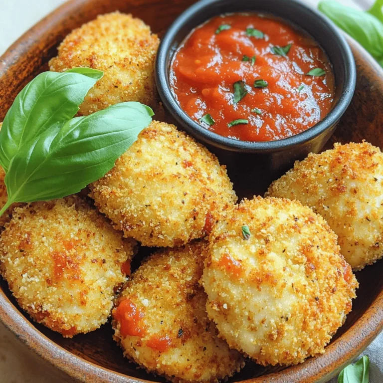 - 1 lb chicken breast, cut into bite-sized pieces - 1 cup breadcrumbs (panko for added crunch recommended) - 1/2 cup grated Parmesan cheese - 1 teaspoon Italian seasoning - 1/2 teaspoon garlic powder - 1/2 teaspoon onion powder - Salt and pepper to taste - 2 large eggs, beaten - 1 cup marinara sauce (for dipping) - Fresh basil leaves, for garnish Each serving of Air Fryer Chicken Parmesan Bites has around: - Calories: 280 - Protein: 24g - Carbohydrates: 18g - Fat: 12g - Fiber: 1g These bites pack a tasty punch while keeping nutrition in mind. They make a great snack or meal. If you want to change things up, try these swaps: - Use chicken thighs instead of breasts for more flavor. - Substitute gluten-free breadcrumbs for a gluten-free option. - Swap out Parmesan for mozzarella for a cheesy twist. - Try different herbs like oregano or thyme for a new flavor. - Use store-bought marinara or make your own for a fresh taste. These substitutions can help tailor the recipe to your taste or dietary needs. First, gather all your ingredients. You will need chicken breast, breadcrumbs, and eggs. Make sure to have Parmesan cheese and seasonings ready too. This step helps you work fast and keep things tidy. It’s fun to see everything lined up. Next, we need to preheat the air fryer. Set it to 400°F (200°C). Preheating helps the chicken cook evenly. This step takes just a few minutes. You want that nice crispy texture on your bites. Now, let’s coat the chicken. In a shallow bowl, mix the breadcrumbs, Parmesan cheese, and seasonings. Use a fork or whisk to blend them well. Then, take your chicken pieces and dip them in the beaten eggs. Make sure each piece is fully coated. After that, roll the chicken in the breadcrumb mix. Press gently to make the crumbs stick. Once coated, place the chicken bites on a plate. Keep them in a single layer for easy frying. This coating gives your chicken the tasty crunch we all love. To make crispy chicken bites, start by preheating your air fryer to 400°F (200°C). This step is key for getting that crunchy texture you want. While it heats, prepare the chicken bites. Dip each piece of chicken into beaten eggs first. This helps the breadcrumbs stick well. Then roll the chicken in the breadcrumb mixture until it’s all coated. Make sure to press gently. This helps the crumbs adhere better. Place the breaded chicken in the air fryer basket. Arrange them in a single layer to allow hot air to circulate. You can cook them in batches if needed. Air fry the chicken bites for about 10 to 12 minutes. Halfway through, flip them to ensure even cooking. The bites should turn golden brown and crispy. To check if they are done, use a meat thermometer. The internal temperature should reach 165°F (74°C). If you don’t have one, cut a piece open. The chicken should be white inside, not pink. Once cooked, let the bites rest for a couple of minutes before serving. This helps keep them juicy. {{image_2}} Using an air fryer is simple and fun. First, preheat it to 400°F (200°C). This helps cook your food evenly. Always leave space between the food pieces. Crowding can lead to uneven cooking. If you need to, cook in batches. Use a light spray of oil for better browning. To get that perfect crunch, use panko breadcrumbs. They are lighter and crispier than regular ones. Mix them with Parmesan cheese and spices for flavor. When coating the chicken, press the breadcrumbs firmly. This helps them stick better during cooking. Flip the chicken halfway through cooking for even crispiness. Serve the chicken bites hot with warm marinara sauce for dipping. You can drizzle extra sauce on top for added flavor. Garnish with fresh basil leaves for a touch of color. Pair these bites with a side salad or some veggies for a complete meal. Enjoy experimenting with different dips like ranch or garlic sauce. You can switch up the chicken in this recipe. Instead of chicken breast, try chicken thighs. Thighs are juicier and add more flavor. You can also use turkey for a lighter option. If you want a meatless choice, use firm tofu. Cut it into bite-sized pieces, just like the chicken. Add new flavors to your chicken bites. For a spicy kick, mix in some red pepper flakes. You can also add chopped spinach or sun-dried tomatoes to the breadcrumb mix. Both add color and taste. Want more cheese? Try mixing different cheeses like mozzarella or cheddar in the breading. Marinara sauce is classic, but don't stop there. Try ranch dressing for a creamy dip. BBQ sauce works great too, adding a sweet and smoky flavor. For a zesty twist, serve with a garlic aioli. Each sauce changes the taste and makes the bites even more fun to eat. Yes, you can use frozen chicken. Thaw it first. Once thawed, cut it into bite-sized pieces. This helps the chicken cook evenly. Follow the rest of the recipe as usual. If you don’t have panko, use regular breadcrumbs. They will still work. The texture may be less crispy, but it will taste great. You can also crush crackers or use cornflakes as substitutes. To reheat, place the bites in the air fryer. Set it to 350°F (175°C) for 5-7 minutes. This keeps them crispy. You can also use the oven. Bake at 350°F (175°C) for about 10 minutes. Yes, you can bake these in the oven. Preheat it to 400°F (200°C). Place the chicken bites on a baking sheet lined with parchment paper. Bake for 20-25 minutes. Flip them halfway for even crispiness. In this blog post, we explored the key ingredients and steps for making tasty chicken bites in an air fryer. We discussed various coating options, cooking times, and tips to achieve crispiness. Remember to consider any substitutions that fit your taste. With these insights, you can make delicious bites every time. Enjoy experimenting with flavors and serving them with your favorite dips. Cooking can be fun and rewarding when you know the right methods. Try these ideas and make your next meal a hit.