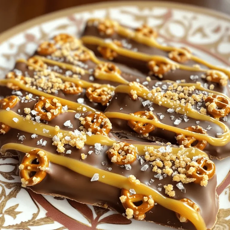 For this sweet treat, you need these simple items: - 2 cups mini pretzels - 1 cup granulated sugar - 1/2 cup unsalted butter - 1/4 cup heavy cream - 1 teaspoon vanilla extract - 1/4 teaspoon sea salt (plus more for topping) - 1 cup milk chocolate chips - 1/2 cup crushed pretzels (for topping) - Flaky sea salt (for garnish) These ingredients create a perfect blend of sweet and salty. To make this bark, gather these tools: - Baking sheet - Parchment paper - Medium saucepan - Spatula - Microwave-safe bowl - Refrigerator These items help you prepare and bake the bark easily. You can adjust the recipe to fit your needs. Here are some ideas: - Use gluten-free pretzels for a gluten-free option. - Swap unsalted butter for coconut oil if you prefer dairy-free. - Replace milk chocolate with dark chocolate for a richer taste. - Use maple syrup instead of sugar for a natural sweetener. These swaps allow you to enjoy the bark while meeting your dietary needs. Start by preheating your oven to 350°F (175°C). Then, grab a baking sheet and line it with parchment paper. This step helps with easy cleanup later. Next, take 2 cups of mini pretzels and arrange them in a single layer on the baking sheet. Make sure to cover as much of the surface as you can. This layout will hold the caramel and chocolate nicely. In a medium saucepan, mix together 1 cup of granulated sugar, 1/2 cup of unsalted butter, 1/4 cup of heavy cream, 1 teaspoon of vanilla extract, and 1/4 teaspoon of sea salt. Heat this mixture over medium heat. Stir gently until the butter melts and sugar dissolves. Let it come to a gentle boil. Boil it for 3 to 4 minutes without stirring. Watch for it to turn a lovely golden color. Once the caramel is ready, carefully pour it over the arranged pretzels. Make sure every pretzel gets some caramel. If some pretzels are not covered, gently tilt the pan to spread the caramel. Place the baking sheet back in the oven and bake for 10 to 12 minutes. You want it to bubble slightly and darken a bit. After baking, let it cool for about 10 minutes. While your caramel cools, take 1 cup of milk chocolate chips and melt them. Use a microwave-safe bowl and heat in 30-second intervals, stirring each time. Keep going until the chocolate is smooth. Once melted, pour the chocolate over the cooled caramel and pretzels. Spread it evenly with a spatula. Next, sprinkle 1/2 cup of crushed pretzels and some flaky sea salt on top for extra flavor. Now, place the baking sheet in the refrigerator. Let it chill for about 1 hour. This helps the bark set completely. After an hour, you can take it out and break the bark into pieces. You’re ready to serve this delightful treat! To make the best caramel, start with a heavy pot. This helps heat the sugar evenly. Use medium heat to avoid burning. Stir the mix only until the sugar dissolves. Once boiling, let it bubble without stirring. This helps achieve a rich color. Watch closely. When it turns golden, it's ready. Always be careful, as hot sugar can burn you. For melting chocolate, use a microwave-safe bowl. Heat in short bursts of 30 seconds. Stir between each burst to avoid hot spots. When it's nearly melted, take it out. Stir until smooth. This prevents overheating. If you have a double boiler, use it for gentle heat. Always work with dry tools to avoid seizing. To make your salted caramel pretzel bark look stunning, use a nice plate. Arrange the pieces artfully. Sprinkle extra flaky sea salt on top. This adds a nice touch. You can place whole pretzels around the bark for color. A few chocolate drizzles can enhance the look too. These simple ideas will impress your guests! {{image_2}} You can make your salted caramel pretzel bark even more fun! Try adding different toppings. Some great options include: - Mini M&Ms for color - Crushed Oreos for a cookie crunch - Toasted coconut for a tropical twist Mix and match these toppings to find your favorite combo. Each adds a new layer of flavor and texture. If milk chocolate isn’t your favorite, change it up! Dark chocolate gives a rich taste. White chocolate is sweet and creamy. You can even try a mix of these chocolates. Just melt them the same way as the milk chocolate. This lets you control the sweetness and flavor. Nuts bring a great crunch to your bark. Chopped almonds, pecans, or walnuts are perfect choices. You can also add dried fruit like cranberries or cherries for sweetness. Just sprinkle them over the chocolate layer before it sets. This adds more flavor and a delightful texture to your bark. To keep your salted caramel pretzel bark fresh, place it in an airtight container. Use layers of parchment paper to separate pieces. This method prevents them from sticking together. Store the container in a cool, dry place. Avoid direct sunlight to keep the bark crispy. When stored properly, your salted caramel pretzel bark will last for about two weeks. The flavors will stay fresh, but I recommend enjoying it sooner for the best taste. If you notice any changes in texture or smell, it's best to discard it. You can freeze salted caramel pretzel bark for up to three months. First, wrap each piece tightly in plastic wrap. Then, place them in a freezer-safe bag or container. When ready to enjoy, thaw them in the refrigerator overnight. This method helps maintain their flavor and crunch. Yes, you can make Salted Caramel Pretzel Bark ahead of time. It stays fresh for about a week. Store it in an airtight container at room temperature. This way, you can always have a sweet snack ready to enjoy. Absolutely! You can use gluten-free pretzels in this recipe. Many brands offer gluten-free options that taste great. Just check the labels to ensure they meet your needs. The best way to cut the bark is to use a sharp knife. Once it is fully set, take the knife and press down gently. You can also break it with your hands for a more rustic look. Just be careful not to crush the pieces too much. To adjust the sweetness, you can reduce the sugar. Try using half a cup instead of a full cup. You can also add a pinch of sea salt to balance the sweetness. This adds flavor without making it too sweet. Yes, you can use different types of caramel. Store-bought caramel sauce works well if you are short on time. You can also try flavored caramels, like sea salt or chocolate caramel, for a fun twist. You’ve learned how to make salted caramel pretzel bark from start to finish. We covered the main ingredients, tools, and possible substitutions. The step-by-step guide ensured you know how to create this treat with ease. I shared tips for perfect balance and presentation ideas. Remember, you can customize toppings and storage methods to suit your needs. Enjoy making and sharing this sweet, salty goodness! Experiment with variations to find your favorite mix. Happy baking!