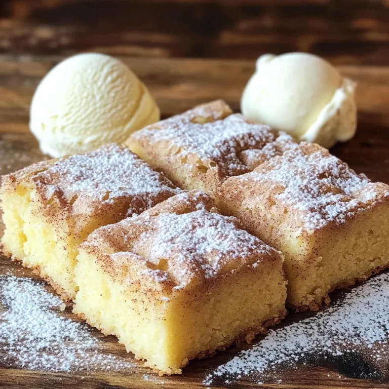 - 1 cup unsalted butter, melted - 1 cup brown sugar, packed - 1/2 cup granulated sugar - 2 large eggs - 2 teaspoons vanilla extract - 2 cups all-purpose flour - 1 teaspoon baking powder - 1/2 teaspoon baking soda - 1/2 teaspoon salt - 1 tablespoon ground cinnamon - 1/4 cup granulated sugar (for topping) For the best taste, stick to these amounts. You can use salted butter if you prefer. It adds a nice flavor. If you don't have brown sugar, use white sugar. It may change the taste a bit, but it's fine. If you want a richer flavor, add more vanilla extract. Always melt the butter before mixing. This helps the sugars blend well. Make sure to pack the brown sugar tightly. It gives the blondies a soft and chewy texture. For the flour, spoon it into the cup instead of scooping. This avoids adding too much flour. Lastly, use fresh baking powder and baking soda for the best rise. Start by preheating your oven to 350°F (175°C). While your oven heats, prepare a 9x13 inch baking pan. You can grease it with butter or oil. Another option is to line it with parchment paper. This helps with easy removal later. In a large bowl, combine the melted butter, brown sugar, and granulated sugar. Use a whisk to mix until smooth. Next, add the eggs one at a time. Mix well after each egg goes in. Then, stir in the vanilla extract. In a separate bowl, mix the flour, baking powder, baking soda, salt, and cinnamon. Gradually add this dry mix to the wet ingredients. Stir until just combined, but don’t overmix. Pour the batter into the prepared pan. Spread it evenly. In a small bowl, mix 1/4 cup of granulated sugar with 1 teaspoon of cinnamon. Sprinkle this mixture over the top of the batter. Bake for 20-25 minutes. Look for golden edges and check with a toothpick; it should come out with a few moist crumbs. Let the blondies cool in the pan for at least 10 minutes. Then, transfer them to a wire rack to cool completely. Once cool, cut into squares and serve. To get the right texture in your snickerdoodle blondies, focus on mixing. Start by combining the wet ingredients smoothly. Then, mix the dry ingredients in a separate bowl. When you add the dry mix to the wet mix, stir gently. Overmixing can make the blondies tough. You want a soft, chewy texture. Want to take your blondies up a notch? Try adding nuts or chocolate chips. Chopped pecans or walnuts add a nice crunch. You can also swap some brown sugar for maple syrup. This will give your blondies a richer flavor. A pinch of nutmeg can add warmth too. One common mistake is using cold eggs. Always use room temperature eggs for even mixing. Another mistake is not greasing the pan well. This can make it hard to remove the blondies. Lastly, don’t skip the cinnamon topping. It adds that classic snickerdoodle taste. {{image_2}} To make gluten-free snickerdoodle blondies, swap the all-purpose flour for a gluten-free blend. Look for one that has a 1:1 ratio. This simple change keeps the texture soft and chewy. You still get the same great taste. Be sure to check that your baking powder is also gluten-free. For vegan snickerdoodle blondies, replace the butter with coconut oil or vegan butter. Use flax eggs instead of regular eggs. To make a flax egg, mix one tablespoon of ground flaxseed with three tablespoons of water. Let it sit for five minutes to thicken. This keeps the blondies moist and delicious. You can add fun flavors to your blondies. Mix in chocolate chips for a rich treat. Use dark chocolate, milk chocolate, or even white chocolate. Adding nuts like walnuts or pecans gives a nice crunch. Try adding a dash of nutmeg for a warm taste. Get creative and find your favorite combination! To store leftover blondies, first let them cool completely. Place them in an airtight container. You can keep them at room temperature for up to three days. For longer storage, move them to the fridge. They stay fresh in the fridge for about a week. If you want to freeze your blondies, cut them into squares first. Wrap each square tightly in plastic wrap. Then place them in a freezer-safe bag or container. This helps prevent freezer burn. You can freeze them for up to three months. When ready to enjoy, thaw them in the fridge overnight. To keep your blondies fresh, avoid exposing them to air. Always use an airtight container. If you notice any signs of moisture, add a paper towel inside the container. This helps absorb extra moisture. For the best taste, enjoy them within a week or two. You can tell when the blondies are done by checking the edges. They should be golden brown. Insert a toothpick into the center. If it comes out with a few moist crumbs, they are ready. Be careful not to overbake them. This keeps them soft and chewy. Yes, you can use margarine instead of butter. The flavor will change slightly, but it works. Just make sure to use stick margarine. This helps you measure it more easily. The texture may be a bit different, so keep that in mind. You can serve Snickerdoodle Blondies in many fun ways. Try dusting them with powdered sugar for a nice touch. Pair them with a scoop of vanilla ice cream or whipped cream. You can also add chocolate syrup for extra sweetness. These options make them even more delightful! You now have a complete guide to making Snickerdoodle Blondies. We explored key ingredients, detailed steps, and useful tips. You learned about variations to fit your diet, how to store leftovers, and answers to common questions. For great blondies, remember the measurements and avoid mistakes. You can experiment with flavors and textures for extra fun. With these tips, you'll impress everyone with your baking skills. Enjoy your delicious treats!